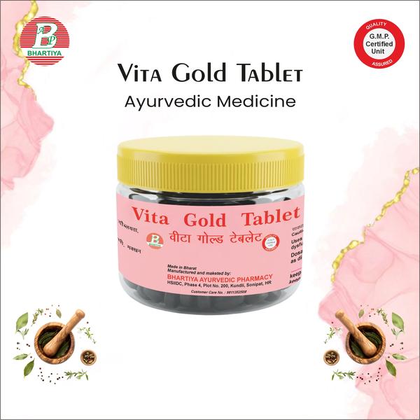 VITA GOLD TABLET Product Identification• Generic Name: Vita Gold Tablet• Type: Ayurvedic Patent Medicine• Primary Indication Area: Male sexual health, specifically nightfall and dysfunctional ejaculation.Therapeutic Indications: • To manage nightfall, premature or dysfunctional ejaculation, and improve male reproductive health.Primary Benefit:• Reduces involuntary ejaculation (nightfall) and supports normal sexual function in men.Other Benefits: Improves Sexual Stamina and Endurance• Helps delay ejaculation and sustain sexual activity for longer periods.• Strengthens the physiological mechanisms controlling ejaculation.• Enhances Overall Reproductive Health• Supports healthy sperm production and seminal quality.• Promotes balance in the reproductive tissues (Shukra Dhatu in Ayurvedic terms).• Supports Vitality and Energy Levels• Reduces fatigue and improves overall physical and mental energy, which contributes to better sexual performance.• Reduces Stress-Related Sexual Dysfunction• Helps manage anxiety or psychological factors that may trigger nightfall or premature ejaculation.• Acts as a mild adaptogen to support nervous system stability.• General Health Support (Optional, depending on formulation)• Some herbs may provide antioxidant benefits, improving tissue health and circulation, indirectly supporting reproductive function. Safed Musali (Chlorophytum borivilianum – Root) • Botanical / Common Name: Safed Musali / White Musli• Part Used: Root Key Phytoconstituents• Saponins (major: steroidal saponins like borivilianosides)• Alkaloids• Polysaccharides• Proteins and amino acids• Phenolic compounds Mechanism of Action in Male Sexual Health1. Androgenic & Testosterone Support• Steroidal saponins may stimulate testosterone production, enhancing libido and sexual desire.• Improved testosterone helps spermatogenesis (sperm production) and erectile function.2. Strengthening Reproductive Tissues• Provides nourishment to Shukra Dhatu (Ayurvedic reproductive tissue concept).• Supports sperm count, motility, and quality, reducing issues like premature ejaculation.SATAVAR (Asparagus racemosus – Root) • Botanical / Common Name: Satavar / Shatavari• Part Used: RootKey Phytoconstituents:• Steroidal saponins (shatavarin I, II, III)• Alkaloids• Flavonoids• Polysaccharides• Phenolic compoundsMechanism of Action in Male Sexual Health — Nightfall & Premature Ejaculation1. Nervine & Adaptogenic Support• Steroidal saponins and flavonoids provide mild adaptogenic effects, supporting the autonomic nervous system.• Helps regulate involuntary ejaculation, reducing nightfall frequency.2. Strengthening Reproductive Tissue (Shukra Dhatu)• Nourishes Shukra Dhatu (reproductive tissue in Ayurvedic terms).• Supports sperm quality, seminal retention, and normal ejaculation patterns.ARJUN CHAL (Terminalia arjuna – Bark) • Botanical / Common Name: Arjun Chal / Arjuna Bark• Part Used: BarkKey Phytoconstituents:• Tannins (arjunolic acid, arjunic acid)• Flavonoids• Phenolic compounds• Glycosides (arjunetoside)• Minerals (potassium, calcium, magnesium)Mechanism of Action in Male Sexual Health — Nightfall & Premature Ejaculation1. Cardioprotective & Nervine Support• Improves cardiovascular health and blood circulation, supporting penile and reproductive tissue perfusion.• Flavonoids and tannins provide mild adaptogenic and nervine support, helping regulate involuntary ejaculation.2. Strengthening Reproductive Tissue (Shukra Dhatu)• Nourishes Shukra Dhatu, supporting sperm quality and seminal retention.• Helps maintain normal ejaculation patterns and reproductive vitality.MULETHI (Glycyrrhiza glabra – Root) • Botanical / Common Name: Mulethi / Licorice• Part Used: RootKey Phytoconstituents:• Glycyrrhizin (triterpenoid saponin)• Flavonoids (liquiritin, isoliquiritin)• Polysaccharides• Coumarins• Phenolic compoundsMechanism of Action in Male Sexual Health — Nightfall & Premature Ejaculation1. Nervine & Adaptogenic Support• Flavonoids and glycyrrhizin provide mild adaptogenic effects, supporting the autonomic nervous system.• Helps regulate involuntary ejaculation, reducing nightfall frequency.2. Strengthening Reproductive Tissue (Shukra Dhatu)• Nourishes Shukra Dhatu, supporting sperm quality, count, and seminal retention.• Supports normal ejaculation patterns and reproductive vitality.GOKHRU (Tribulus terrestris – Fruit/Seed) • Botanical / Common Name: Gokhru / Tribulus• Part Used: Fruit / SeedKey Phytoconstituents:• Steroidal saponins (protodioscin, tribulosin)• Flavonoids• Alkaloids• Glycosides• Phenolic compoundsMechanism of Action in Male Sexual Health — Nightfall & Premature Ejaculation1. Androgenic & Testosterone Support• Steroidal saponins may stimulate testosterone production, enhancing libido and sexual desire.• Supports spermatogenesis, sperm motility, and sexual performance.2. Strengthening Reproductive Tissue (Shukra Dhatu)• Nourishes Shukra Dhatu, improving sperm quality, seminal retention, and ejaculatory control.• Helps reduce nightfall and premature ejaculation. AMLA (Phyllanthus emblica – Fruit) • Botanical / Common Name: Amla / Indian Gooseberry• Part Used: FruitKey Phytoconstituents:• Vitamin C (ascorbic acid)• Tannins (emblicanin A & B)• Flavonoids• Phenolic compounds• PolysaccharidesMechanism of Action in Male Sexual Health — Nightfall & Premature Ejaculation1. Antioxidant & Tissue Protection• High vitamin C and phenolics protect reproductive tissues from oxidative stress.• Maintains healthy sperm and ejaculatory tissue function, supporting fertility and stamina.2. Strengthening Reproductive Tissue (Shukra Dhatu)• Nourishes Shukra Dhatu, improving sperm quality, motility, and seminal retention.• Helps maintain normal ejaculation patterns and reduces nightfall frequency.HALDI (Curcuma longa – Rhizome) • Botanical / Common Name: Haldi / Turmeric• Part Used: RhizomeKey Phytoconstituents:• Curcuminoids (curcumin, desmethoxycurcumin)• Essential oils (turmerone, zingiberene)• Polysaccharides• Phenolic compounds• FlavonoidsMechanism of Action in Male Sexual Health — Nightfall & Premature Ejaculation1. Antioxidant & Tissue Protection• Curcuminoids and phenolics protect reproductive tissues from oxidative stress.• Maintains healthy sperm and ejaculatory tissue function, supporting fertility and stamina.2. Anti-inflammatory Support• Strong anti-inflammatory action helps reduce mild tissue inflammation in reproductive organs. KAUNCH BEEJ (Mucuna pruriens – Seed) • Botanical / Common Name: Kaunch Beej / Cowhage• Part Used: SeedKey Phytoconstituents:• L-DOPA (precursor of dopamine)• Alkaloids• Proteins and amino acids• Flavonoids• SaponinsMechanism of Action in Male Sexual Health — Nightfall & Premature Ejaculation1. Neurotransmitter & Nervine Support• L-DOPA converts to dopamine, supporting nervous system regulation and sexual drive.• Enhances control over ejaculatory reflex, reducing premature ejaculation and nightfall.2. Strengthening Reproductive Tissue (Shukra Dhatu)• Nourishes Shukra Dhatu, improving sperm quality, motility, and seminal retention.• Helps maintain normal ejaculation patterns. ASHWAGANDHA (Withania somnifera – Root) • Botanical / Common Name: Ashwagandha / Indian Ginseng• Part Used: RootKey Phytoconstituents:• Withanolides (steroidal lactones)• Alkaloids• Saponins• Flavonoids• Iron and other trace mineralsMechanism of Action in Male Sexual Health — Nightfall & Premature Ejaculation1. Nervine & Adaptogenic Support• Withanolides act as adaptogens, reducing stress and cortisol levels.• Supports autonomic nervous system, helping regulate involuntary ejaculation and reduce nightfall.2. Strengthening Reproductive Tissue (Shukra Dhatu)• Nourishes Shukra Dhatu, improving sperm quality, count, motility, and seminal retention.• Supports normal ejaculation patterns and reproductive vitality.KHARETI ATIBALA (Crotalaria juncea var. Atibala – Seed/Plant) • Botanical / Common Name: Khareti Atibala / Sunn Hemp variety Atibala• Part Used: Seed / PlantKey Phytoconstituents:• Alkaloids (pyrrolizidine alkaloids in safe, controlled doses)• Flavonoids• Saponins• Proteins and amino acids• Phenolic compoundsMechanism of Action in Male Sexual Health — Nightfall & Premature Ejaculation1. Nervine & Adaptogenic Support• Alkaloids and flavonoids provide mild nervine and adaptogenic effects, supporting autonomic nervous system regulation.• Helps control involuntary ejaculation, reducing nightfall and premature ejaculation.2. Strengthening Reproductive Tissue (Shukra Dhatu)• Nourishes Shukra Dhatu, improving sperm quality, seminal retention, and reproductive tissue strength.• Supports normal ejaculation patterns. BHRINGRAJ (Eclipta alba – Whole Plant/Leaf) • Botanical / Common Name: Bhringraj / Eclipta• Part Used: Whole plant / LeafKey Phytoconstituents:• Coumestans (wedelolactone)• Flavonoids• Alkaloids• Triterpenoids• Phenolic compoundsMechanism of Action in Male Sexual Health — Nightfall & Premature Ejaculation1. Nervine & Adaptogenic Support• Flavonoids and coumestans provide mild adaptogenic and nervine support, helping regulate the autonomic nervous system.• Supports control over involuntary ejaculation, reducing nightfall and premature ejaculation.2. Strengthening Reproductive Tissue (Shukra Dhatu)• Nourishes Shukra Dhatu, improving sperm quality, seminal retention, and reproductive tissue strength.• Supports normal ejaculation patterns and sexual vigor.HYGROPHILA SPINOSA (Shweta Musli / Talmakhana – Root/Whole Plant) • Botanical / Common Name: Hygrophila spinosa / Shweta Musli / Talmakhana• Part Used: Root / Whole plantKey Phytoconstituents:• Steroidal saponins• Alkaloids• Flavonoids• Glycosides• Phenolic compoundsMechanism of Action in Male Sexual Health — Nightfall & Premature Ejaculation1. Nervine & Adaptogenic Support• Steroidal saponins and flavonoids provide mild adaptogenic and nervine support, regulating the autonomic nervous system.• Helps control involuntary ejaculation, reducing premature ejaculation and nightfall.2. Strengthening Reproductive Tissue (Shukra Dhatu)• Nourishes Shukra Dhatu, enhancing sperm count, motility, and seminal retention.• Supports normal ejaculation patterns and reproductive vitality.VIDHARA (Argyreia speciosa – Root/Whole Plant) • Botanical / Common Name: Vidhara / Hawaiian Baby Woodrose• Part Used: Root / Whole plantKey Phytoconstituents:• Alkaloids (ergoline-type)• Flavonoids• Glycosides• Steroidal saponins• Phenolic compoundsMechanism of Action in Male Sexual Health — Nightfall & Premature Ejaculation1. Nervine & Adaptogenic Support• Alkaloids and flavonoids provide nervine and adaptogenic support, regulating the autonomic nervous system.• Helps control involuntary ejaculation, reducing nightfall and premature ejaculation.2. Strengthening Reproductive Tissue (Shukra Dhatu)• Nourishes Shukra Dhatu, improving sperm quality, motility, and seminal retention.• Supports normal ejaculation patterns and reproductive vitality.VIDARIKAND (Pueraria tuberosa – Tuber/Root) • Botanical / Common Name: Vidarikand / Indian Kudzu• Part Used: Tuber / RootKey Phytoconstituents:• Isoflavonoids (puerarin, daidzein, genistein)• Saponins• Alkaloids• Starch and polysaccharides• Phenolic compoundsMechanism of Action in Male Sexual Health — Nightfall & Premature Ejaculation1. Nervine & Adaptogenic Support• Isoflavonoids and saponins provide mild adaptogenic and nervine effects, supporting autonomic nervous system regulation.• Helps control involuntary ejaculation, reducing premature ejaculation and nightfall.2. Strengthening Reproductive Tissue (Shukra Dhatu)• Nourishes Shukra Dhatu, improving sperm count, motility, and seminal retention.• Supports normal ejaculation patterns and reproductive vigor.KALI MUSALI (Chlorophytum borivilianum – Root) • Botanical / Common Name: Kali Musali / Safed Musali (Black variety)• Part Used: RootKey Phytoconstituents:• Saponins (steroidal saponins)• Alkaloids• Glycosides• Polysaccharides• Phenolic compoundsMechanism of Action in Male Sexual Health — Nightfall & Premature Ejaculation1. Nervine & Adaptogenic Support• Steroidal saponins and flavonoids provide adaptogenic and nervine support, regulating the autonomic nervous system.• Helps control involuntary ejaculation, reducing premature ejaculation and nightfall.2. Strengthening Reproductive Tissue (Shukra Dhatu)• Nourishes Shukra Dhatu, improving sperm count, motility, seminal retention, and reproductive tissue strength.• Supports normal ejaculation patterns and sexual vigor.SEMAL MUSALI (Bombax ceiba – Root) • Botanical / Common Name: Semal Musali / Bombax ceiba• Part Used: RootKey Phytoconstituents:• Steroidal saponins• Alkaloids• Glycosides• Flavonoids• PolysaccharidesMechanism of Action in Male Sexual Health — Nightfall & Premature Ejaculation1. Nervine & Adaptogenic Support• Steroidal saponins and flavonoids provide mild adaptogenic and nervine effects, regulating the autonomic nervous system.• Helps control involuntary ejaculation, reducing premature ejaculation and nightfall.2. Strengthening Reproductive Tissue (Shukra Dhatu)• Nourishes Shukra Dhatu, improving sperm count, motility, and seminal retention.• Supports normal ejaculation patterns and reproductive vigor.SAUNTH (Zingiber officinale – Dried Rhizome) • Botanical / Common Name: Saunth / Ginger (dried)• Part Used: Dried RhizomeKey Phytoconstituents:• Gingerols and shogaols• Flavonoids• Phenolic compounds• Essential oils (zingiberene, zingiberol)• PolysaccharidesMechanism of Action in Male Sexual Health — Nightfall & Premature Ejaculation1. Nervine & Circulatory Support• Gingerols and flavonoids improve blood circulation and support nervous system function.• Helps regulate ejaculatory reflex, reducing premature ejaculation.2. Strengthening Reproductive Tissue (Shukra Dhatu)• Nutrients and phenolic compounds nourish Shukra Dhatu, improving sperm quality, motility, and seminal retention.• Supports normal ejaculation patterns and reproductive vigor. KIKAR GOND (Acacia nilotica – Resin / Gum) • Botanical / Common Name: Kikar Gond / Acacia gum• Part Used: Resin / GumKey Phytoconstituents:• Polysaccharides (arabinan, galactan)• Tannins• Flavonoids• Glycosides• Minor alkaloidsMechanism of Action in Male Sexual Health — Nightfall & Premature Ejaculation1. Nervine & Adaptogenic Support• Tannins and flavonoids provide mild adaptogenic and nervine support, helping regulate the autonomic nervous system.• Supports control over involuntary ejaculation, reducing nightfall and premature ejaculation.2. Strengthening Reproductive Tissue (Shukra Dhatu)• Nourishes Shukra Dhatu, improving sperm quality, motility, and seminal retention.• Supports normal ejaculation patterns and reproductive vigor.ALSI (Linum usitatissimum – Seeds / Flaxseed) • Botanical / Common Name: Alsi / Flaxseed• Part Used: SeedsKey Phytoconstituents:• Alpha-linolenic acid (ALA, omega-3 fatty acid)• Lignans (phytoestrogens)• Proteins and amino acids• Fiber• Phenolic compoundsMechanism of Action in Male Sexual Health — Nightfall & Premature Ejaculation1. Nervine & Hormonal Support• Omega-3 fatty acids and lignans provide mild nervine support and help regulate hormonal balance.• Supports ejaculatory control and reduces nightfall frequency.2. Strengthening Reproductive Tissue (Shukra Dhatu)• Nutrients in flaxseed nourish Shukra Dhatu, improving sperm quality, motility, and seminal retention.• Supports normal ejaculation patterns and reproductive vigor.Dosage• Adults: 2–2 tablets twice a day.• Total daily dose: 2–4 tablets.Administration• Take with warm milk ,or water, preferably before meals.• Follow a physician’s advice if recommended.Precautions• Do not exceed the prescribed dose.• Special populations: Consult a doctor before use in children, elderly, or patients with chronic illnesses.• Hydration & diet: Maintain adequate hydration and a fiber-rich diet for optimal effect.• Integrated care: Use as part of a comprehensive management plan for sexual health or any related condition.vita gold tablet uses in hindi, vita gold tablet uses, vita gold tablet pricevita gold tablet benefits, vita gold tablet side effectschess vita gold table, it gold tablet uses, vita gold tablet namevita gold tablet nutrition., vita gold tablet new, vita gold tablet onlinevita gold tablet online shopping, vita gold tablet online ordervita gold tablet oral, vita gold tablet q10, vita gold tablet quantityvita gold tablet quality, what vita gold tablet containswhat vita gold tablet benefits, what vita gold tablet side effectswhat vita gold tablet price, what vita gold tablet uses in hindiwhere vita gold tablet available, where vita gold tablet foundwhere vita gold tablet manufactured, where vita gold tablet benefitswhere vita gold tablet uses, where vita gold tablet side effectswhere vita gold tablet price, where vita gold tablet uses in hindiwhen vita gold tablet benefits, when vita gold tablet useswhen vita gold tablet side effects, when vita gold tabletswhen vita gold tablet price, when vita gold tablet uses in hindihow vita gold tablet works, how vita gold tablet is madehow vita gold tablet benefits, how vita gold tablet useshow vita gold tablet side effects, how vita gold tablet pricehow vita gold tablet uses in hindi, why vita gold tablet side effectswhy vita gold tablet benefits, why vita gold tablet useswhy vita gold tablet price, why vita gold tablet uses in hindiwho vita gold tablet uses, who vita gold tabletswho vita gold tablet price, who vita gold tablet benefitswho vita gold tablet uses in hindi, is vita gold tablet goodis vita gold tablet benefits, is vita gold tablet side effectsis vita gold tablet uses, is vita gold tablet priceis vita gold tablet uses in hindi, can vita gold tablet benefitscan vita gold tablet side effects,m can vita gold tablet usescan vita gold tablet price, can vita gold tablet uses in tamilcan vita gold tablet uses in hindi, will vita gold tablet side effectswill vita gold tablet uses, will vita gold tablet pricewill vita gold tablet uses in hindi, will vita gold tablet reviewdo vita gold tablet uses, do vita gold tablets, do vita gold tablet pricedo vita gold tablet uses in hindi, do vita gold tablet benefitsdo vita gold tablet side effects, do vita gold tablet ke faydedoes vita gold tablet work, does vita gold tablet benefitsdoes vita gold tablet side effects, does vita gold tablet usesdoes vita gold tablet price, does vita gold tabletsdoes vita gold tablet uses in hindi, best vita gold tablet uses in hindibest vita gold tablet side effects, top vita gold tabletstop vita gold tablet price, top vita gold tablet benefitstop vita gold tablet uses, 3top vita gold tablet uses in hindi