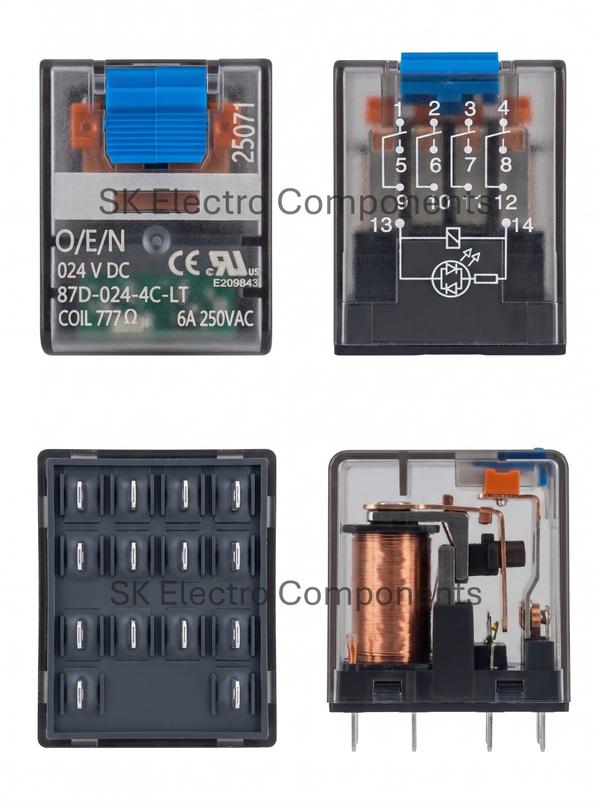 The O/E/N 87D-024-4C-LT is a 24V DC, 4-pole changeover (4C/O) miniature industrial “ice cube” relay designed for automation, panels, and instrumentation. It features a LED indicator (L) and a test button (T), typically rated for 6A, designed for DIN rail mounting.Key Specifications & Features:Model/Series: O/E/N 87 Series (87D-024-4C-LT)Coil Voltage: (24V DC)Contact Configuration: 4 Changeover (4C/O or 4PDT)Contact Rating: Typically (6A) (some variants 5A-6A)Features: LED indicator, Lockable Test ButtonMounting: Plug-in (panel mounting via socket)Application: Industrial automation, PLCs, Elevators