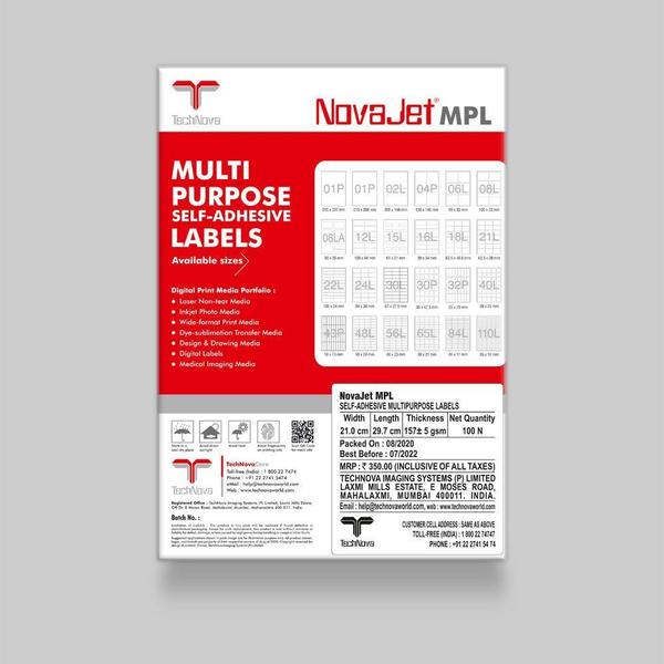 NovaJet Multipurpose Label 24L containing 24 labels on A4 size self-adhesive paper, which can be imaged using an inkjet printer, laser printer or a photocopier. It has an adhesive backing suitable for bonding with most surfaces like paper, wood, metal, glass & acrylic. It can be used for application such as Address labels, Barcode labels, Folder labels, Product Identification labels.