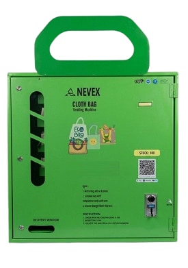 The NEVEX 100 Capacity Cloth Bag Vending Machine is an advanced, eco-friendly solution designed to promote sustainable shopping habits in malls, supermarkets, retail stores, railway stations, educational institutions, hospitals, offices, and public places. This smart vending machine dispenses reusable cloth bags instantly through Coin and UPI payment options, helping businesses and organizations reduce plastic bag usage and support environmental initiatives.Built with a strong MS powder-coated structure, the NEVEX cloth bag vending machine offers durability, reliable performance, and easy operation. With a storage capacity of up to 100 cloth bags, it is ideal for high-footfall locations where quick and convenient bag availability is essential.The machine supports digital India initiatives with integrated UPI payment compatibility, allowing users to make cashless transactions using any QR-based payment app. It also includes coin-operated functionality for user convenience.