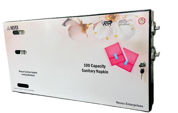 The NEVEX 100 Capacity Manual Sanitary Pad Vending Machine is a wall-mounted, manually operated dispensing unit designed for hygienic, safe, and easy distribution of sanitary napkins in schools, colleges, offices, factories, hospitals, malls, and public washroomsMachine Features*100 pads storage capacity*Simple manual push-button operation*No electricity required*Durable heavy-duty metal body*Smooth and reliable dispensing mechanism*Anti-rust powder coating*Secure locking system*Compact and space-saving design*Easy refill and maintenance*Hygienic dispensing solution*Long operational life*User-friendly design for girls and women