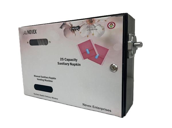 The NEVEX 50 Capacity Manual Sanitary Pad Vending Machine is a wall-mounted, manually operated dispensing unit designed for hygienic, safe, and easy distribution of sanitary napkins in schools, colleges, offices, factories, hospitals, malls, and public washrooms.  Advantages*Promotes menstrual hygiene awareness*Easy access to sanitary pads during emergencies*Reduces dependency on staff availability*Cost-effective hygiene solution*Supports women empowerment initiatives*Ideal for CSR and government projects  Suitable Installation Areas*Schools*Colleges*Government Offices*Corporate Offices*Factories*Hospitals*Railway Stations*Bus Stands*Shopping Malls*Public Toilets*Hostels