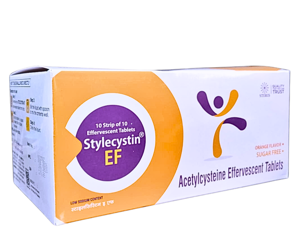 STYLECYSTIN EFN- Acetylecystine Effervscent (600mg)Stylecystin EF is an effervescent tablet containing N-Acetylcysteine (600mg). It is used to treat conditions like chronic obstructive pulmonary disease (COPD) and acetaminophen overdose. N-Acetylcysteine works by loosening thick mucus in the lungs, making it easier to cough out. It also acts as an antioxidant, protecting cells from damage caused by free radicals. Common side effects may include nausea, vomiting, and diarrhea. Always consult a healthcare professional before using this medication. For further information:Email: info@sterispharma.com / contact@sterispharma.comCall/WhatsApp: 7877551268, 7849827488ORDER Now: https://www.sterisonline.com/product/stylecystin-ef-133751