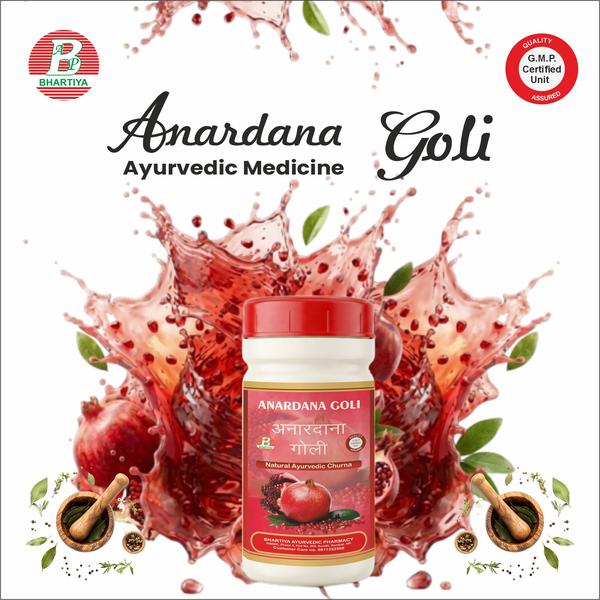 ANARDANA GOLI Product Identification• Generic Name: Anardana Goli• Type: Ayurvedic Patent Medicine• Primary Indication Area: Improves digestion and stimulates appetite.• Therapeutic Indications: Helps improve digestion, increase appetite, boost vitality, and reduce weakness.Key benefits include:1. Digestive Support• Anardana Goli contains ingredients that are considered “Agnivardhaka” in Ayurveda, meaning they strengthen digestive fire (Agni).• Strong digestive fire ensures that food is properly broken down and nutrients are absorbed efficiently.• Improved digestion reduces issues like bloating, heaviness, or indigestion, which often suppress appetite.2. Appetite Stimulation• By improving digestion, the body naturally signals hunger, leading to better appetite.• It helps people who have poor appetite due to weakness, stress, or overexertion.• Regular use may lead to steady and healthy hunger cues, making it easier to eat balanced meals.3. Additional Benefits Linked to Digestion & Appetite• Increased nutrient absorption → more energy and stamina• Reduced digestive discomfort → enhanced overall well-being• Supports healthy metabolism, which can maintain proper body weight and vitalityIngredients: Anardana Botanical Name: Punica granatumCommon Names: Anardana (India), Dried Pomegranate SeedsKey Nutrients / Phytochemicals• Polyphenols (punicalagins, ellagic acid) – potent antioxidants• Vitamins: Vitamin C, some B-complex vitamins• Minerals: Potassium, iron, calcium, magnesium• Fiber• Stimulation of Digestive Enzymeso Organic acids in Anardana (like citric and malic acid) stimulate the secretion of saliva, gastric juices, and pancreatic enzymes.o This improves breakdown of food, especially proteins and fats.• Enhancement of Agni (Digestive Fire)o In Ayurvedic terms, Anardana strengthens Agni, helping proper digestion, nutrient absorption, and assimilation.• Carminative Effecto Reduces gas formation and bloating.o The mild aromatic compounds help relax intestinal muscles and aid smooth digestion.• Mild Laxative & Stool Softeningo Dietary fiber in Anardana adds bulk to stool.o Helps in preventing constipation and promoting regular bowel movements.• Reduction of Acidity & Indigestiono Organic acids balance stomach pH.o Helps prevent fermentation of undigested food, reducing acidity, heartburn, and bloating. Kala Namak (Black Salt) Botanical/Source Name: Naturally occurring rock salt, mainly from the Himalayan region (mineral salt, not plant-based).Common Names: Black Salt, Himalayan Black Salt, Kala NamakKey Constituents / Components• Sodium chloride (NaCl) – main component• Iron sulphide (gives the characteristic dark colour and sulphurous smell)• Trace minerals: potassium, magnesium, calcium, sulfur compoundsDigestive Mechanism of Action1. Stimulation of Digestive Enzymes & Salivao The sulfur compounds and salts in Kala Namak stimulate salivary glands and gastric juices, improving breakdown of food.o Enhances enzyme activity in the stomach, especially for protein digestion.2. Enhancement of Agni (Digestive Fire)o In Ayurveda, Kala Namak is considered Ushna (hot in potency) and Deepana (enhances Agni).o Promotes proper digestion, assimilation of nutrients, and prevents Aama (undigested toxins) formation.3. Carminative & Gas-Relieving Effecto Helps reduce flatulence, bloating, and heaviness in the stomach.o Mild action on intestinal muscles supports smooth movement of food.4. Mild Laxative / Gut-Regulating Effecto Supports bowel regularity in small doses.o Can reduce constipation and improve stool consistency.5. Acidity & Heartburn Reliefo Unlike regular salt, Kala Namak neutralizes excess stomach acid due to its unique mineral composition.o Helps maintain pH balance in the stomach, reducing acidity-related discomfort. Kali Mirch (Black Pepper) Botanical Name: Piper nigrumCommon Names: Black Pepper, Kali MirchKey Phytochemicals• Piperine – main active compound, gives pungency• Essential oils (limonene, pinene) – contribute to digestive and carminative effects• Alkaloids and trace mineralsDigestive Mechanism of Action1. Stimulation of Digestive Enzymeso Piperine in black pepper stimulates the secretion of saliva, gastric juices, bile, and pancreatic enzymes.o Enhances breakdown and absorption of proteins, fats, and carbohydrates.2. Enhancement of Agni (Digestive Fire)o In Ayurveda, Kali Mirch is Ushna (hot) and Laghu (light), enhancing Agni.o Helps in digestion of heavy or oily foods and prevents Aama (undigested toxins).3. Carminative Effecto Reduces gas formation, bloating, and flatulence.o Helps relax intestinal muscles and improve bowel movement.4. Improved Nutrient Absorptiono Piperine enhances bioavailability of nutrients and other herbs.o Supports efficient absorption of fat-soluble vitamins and minerals.5. Gut Motility & Mild Laxative Actiono Stimulates peristalsis, aiding smooth bowel movements.o Helps prevent mild constipation. Amchur (Dried Mango Powder) Botanical Name: Mangifera indica (unripe mango)Common Names: Amchur, Amchoor, Mango PowderKey Phytochemicals / Nutrients• Organic acids: citric acid, malic acid, tartaric acid – provide sour taste• Polyphenols and flavonoids – antioxidant effect• Vitamins: Vitamin C, small amounts of B-complex• Minerals: Potassium, magnesiumDigestive Mechanism of Action1. Stimulation of Digestive Enzymeso Organic acids in Amchur stimulate salivary and gastric secretions, enhancing breakdown of carbohydrates, proteins, and fats.2. Enhancement of Agni (Digestive Fire)o In Ayurveda, Amchur is Deepana (stimulates Agni) and Pachana (aids digestion).o Helps digest heavy, oily, or kapha-aggravating foods.3. Carminative Effecto Reduces gas formation, bloating, and flatulence due to its sour and slightly astringent properties.o Supports smooth movement of food in the intestines.4. Appetizer & Acid-Balancero Improves appetite by enhancing taste and stimulating digestive secretions.o Balances mild acidity due to regulation of gastric pH.5. Mild Laxative / Gut-Regulating Effecto Slightly promotes bowel movements due to its fiber content and organic acids. Namak (Common Salt / Table Salt) Chemical Composition: Mainly Sodium Chloride (NaCl)Other Components: Trace minerals (depending on source)Digestive Mechanism of Action1. Stimulation of Digestive Secretionso Salt stimulates salivary glands, promoting saliva production.o Increases secretion of gastric juices, which helps in breaking down food, especially proteins.2. Enhancement of Agni (Digestive Fire)o In Ayurveda, small amounts of salt are Deepana (stimulate Agni), aiding digestion and assimilation of nutrients.3. Electrolyte Balanceo Maintains osmotic balance in the gut, helping smooth movement of food through intestines.4. Mild Appetite Stimulanto Improves taste perception, which indirectly encourages better digestion by promoting chewing and salivation.5. Gut Motility Supporto Helps maintain water balance in intestines, preventing constipation and aiding smooth bowel movements in normal amounts. Pippali (Long Pepper) Botanical Name: Piper longumCommon Names: Pippali, Long PepperKey Phytochemicals• Piperine – main pungent compound• Essential oils – contribute to digestive and carminative effects• Alkaloids and volatile oilsDigestive Mechanism of Action1. Stimulation of Digestive Enzymeso Piperine and essential oils stimulate secretion of saliva, gastric juices, and pancreatic enzymes.o Enhances digestion of proteins, fats, and carbohydrates.2. Enhancement of Agni (Digestive Fire)o In Ayurveda, Pippali is Ushna (hot), Laghu (light), and Deepana (stimulates Agni).o Helps digest heavy, kapha-aggravating foods and prevents formation of Aama (toxins from undigested food).3. Carminative Effecto Reduces bloating, gas formation, and flatulence.o Relaxes intestinal muscles, aiding smooth movement of food.4. Appetite Stimulanto Improves taste perception and digestive excitement, which indirectly enhances nutrient breakdown and assimilation.5. Gut Motility & Mild Laxative Actiono Stimulates peristalsis, supporting regular bowel movements.o Mildly laxative in nature, helps prevent constipation Gulkand (Rose Petal Preserve) Botanical Name: Rosa damascena (Damask Rose)Common Names: Gulkand, Rose Petal PreserveKey Constituents / Phytochemicals• Natural sugars (from rose petals and sugar) – provide mild energy• Flavonoids and phenolic compounds – antioxidants• Volatile oils – aromatic and carminative properties• Trace minerals: iron, calciumDigestive Mechanism of Action1. Enhancement of Agni (Digestive Fire)o Gulkand is Deepana (stimulates digestion) and Pachana (aids digestion of heavy foods) in Ayurveda.o Helps digest fatty or heavy meals and reduces formation of Aama (undigested toxins).2. Carminative Effecto Aromatic compounds and rose oils reduce gas, bloating, and flatulence.o Helps smooth intestinal motility.3. Cooling Digestive Tonico Balances Pitta and excess heat in the digestive tract while supporting digestion.o Mildly soothing for acidity and hyperacidity.4. Appetite Stimulanto Sweet taste and aroma improve appetite, increasing salivation and digestive enzyme secretion.5. Gut-Regulating Effecto Sugar content provides mild bulk and energy for smooth bowel movement.o May prevent constipation in moderate use. Sugar (Sharkara / Saccharose / Table Sugar) Chemical Composition: Mainly Sucrose (C12H22O11)Source: Sugarcane, sugar beetDigestive Mechanism of Action1. Energy Source for Digestiono Sugar provides readily available glucose, which supplies quick energy for metabolic processes, including the digestive system.2. Stimulation of Saliva & Tasteo Sweet taste stimulates salivation, which begins pre-digestion of carbohydrates.o Enhances the appetite indirectly by making food more palatable.3. Mild Laxative / Gut-Regulating Effect (in moderate amounts)o Sugar can retain water in the intestines, softening stool slightly and supporting bowel movement.4. Enhancement of Digestive Enzyme Activityo Simple sugars can activate carbohydrate-digesting enzymes (amylase) in saliva and pancreas.5. Cooling Effect (in Ayurveda)o Sugar is considered Shita (cooling), which can soothe Pitta-related digestive irritation (like mild acidity). AMLA (Amalaki) 1. Dose:o 2–3 goli (tablets/lozenges) three times a day.2. Timing:o Take after meals (breakfast, lunch, and dinner).3. Mode of Intake:o Chew or slowly suck the goli for better digestive effect.o Can be taken with lukewarm water if needed.4. Purpose:o Improves digestion.o Reduces bloating, gas, and mild acidity.5. Precautions:o Do not take on an empty stomach.o People with diabetes should monitor blood sugar.o Avoid excessive intake to prevent loose stools or acidity.6. Duration:o Can be used safely for 1–2 months or as advised by an Ayurvedic practitioner.anardana goli benefits, anardana goli benefits in hindianardana goli khane ke fayde, anardana goli usesanardana goli ingredients, anardana goli recipeanardana goli amazon, anardana goli at homehow to make anardana goli at home, ayurvedic anardana goliwhat is anardana goli, is anardana goli good for healthanardana goli buy online, anardana goli bottleanardana goli buy, anardana churan benefitsanardana goli calories, anardana goli candyanardana goli contents, anardana chatpati golicalories in anardana churan, anardana goli red colouranardana goli digestive, anardana goli dosageanardana goli in english, anardana goli for digestionanardana goli flipkart, anardana goli for kidsanardana goli nutritional facts, anardana goli used foranardana goli gst rate, anardana churan goliyananardana goli how to use, anardana goli health benefitsanardana goli hindi, anardana churan hsn codeis anardana goli healthy, anardana goli kya hota haianardana goli in pregnancy, anardana goli indiaanardana goli indiamart, anardana goli in hindianardana churan in pregnancy, anardana goli jiomartanardana goli jar, anardana goli kaise banti haianardana goli kaise banate hain, anardana goli khatta meethaanardana ki goli, anardana churan ke fayde, anardana churan kaise banta haianardana goli manufacturers, anardana goli making machineanardana goli manufacturers in india, anardana goli makinganardana goli near me, anardana churan near meanardana goli shop near me, anardana churan onlinebuy anardana goli online, anardana goli pouchanardana goli powder, anardana goli price per kganardana goli quantity, anardana goli qr codeanardana goli q10, anardana goli qartuladanardana goli red, anardana churan recipejeera goli red, anardana churan recipe in hindianardana churan goli recipe, anardana goli shadanianardana goli taste, anardana goli tabletanardana goli uses in hindi, anardana goli uses malayalamanardana churan uses, anardana goli kaise banaenanardana goli wholesale market, anardana goli wholesaleanardana goli wholesale price, best anardana goli in indiabenefits of eating anardana goli, why anardana goli healthywhy anardana goli good for health, why anardana goli meanswhy anardana goli good for digestion, who anardana goli pricewho anardana goli in delhi, who anardana goli in a daywho anardana goli kaise banate hain, who anardana goli kaise banti haiwho anardana goli banane ka tarika, who anardana goli meanswho anardana goli is made, who anardana goli good for healthbest anardana goli brand, best anardana churanbest anardana brand