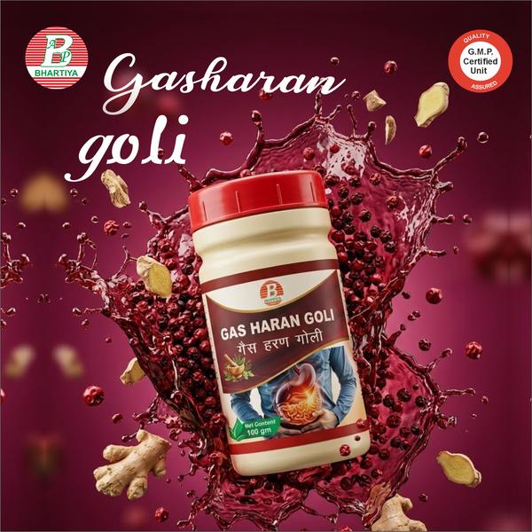 GAS HARAN GOLI Product Identification• Generic Name: Gas Haran Goli• Type: Ayurvedic Patent Medicine• Primary Indication Area: Useful in stomach ache, vomiting, indigestion, and acidity• Therapeutic Indications: Helps relieve stomach ache, vomiting, indigestion, acidity, improve digestion, stimulate appetite, and boost vitality.Key benefits include:• Relieves stomach ache, acidity, bloating, and gas.• Reduces nausea and vomiting.• Improves digestion and nutrient absorption.• Stimulates appetite naturally.• Boosts energy, vitality, and reduces weakness.Ingredients: Kali Mirch Botanical Name: Piper nigrumCommon Names: Black Pepper, Kali Mirch (India)Key Nutrients / Phytochemicals:• Piperine – main active compound; enhances bioavailability of nutrients and drugs• Vitamins: Vitamin K, small amounts of Vitamin C and B-complex• Minerals: Iron, manganese, calcium, potassium• Essential Oils – give pungency and digestive stimulationMechanism of Action in Stomach Ache, Gas, and Acidity1. Stimulation of Digestive Enzymeso Ingredients like Anardana and Kali Mirch contain organic acids and piperine, which stimulate saliva, gastric juice, and pancreatic enzyme secretion.o This improves digestion of proteins and fats, preventing undigested food from fermenting in the stomach and intestines, which reduces gas, bloating, and heaviness.2. Enhancement of Agni (Digestive Fire)o Ayurvedic principle: Agni governs digestion.o Ingredients strengthen Agni, ensuring efficient breakdown of food, proper nutrient absorption, and prevention of stomach ache due to indigestion.3. Carminative Effect (Anti-Gas Action)o Aromatic compounds in Anardana, Kali Mirch, and similar herbs relax intestinal smooth muscles and reduce gas formation.o These eases bloating and abdominal discomfort.4. Acidity Reduction / pH Balancingo Organic acids (like citric and malic acid in Anardana) help balance stomach pH, preventing excess acid accumulation.o This reduces heartburn, sour belching, and acid-related discomfort.5. Mild Laxative / Stool Softening Effecto Dietary fiber in Anardana absorbs water and adds bulk to stool.o Promotes regular bowel movements, which indirectly prevents gas build-up and abdominal pain caused by constipation.Saunth (Dry Ginger) Botanical Name: Zingiber officinaleCommon Names: Saunth (India), Dry GingerKey Nutrients / Phytochemicals:• Gingerols & Shogaols – active compounds with digestive and anti-inflammatory properties• Essential Oils – contribute to pungency and carminative effect• Vitamins & Minerals: Small amounts of vitamin B-complex, magnesium, potassium, and manganese• Fiber – aids digestionMechanism of Action in Stomach Ache, Gas, and Acidity:1. Stimulates Digestion & Agnio Gingerols in Saunth stimulate saliva, gastric juices, and pancreatic enzymes, enhancing breakdown of proteins and fats.o Strengthens digestive fire (Agni) to improve nutrient absorption and prevent indigestion.2. Carminative & Anti-Gas Effecto Relaxes intestinal muscles, reducing gas formation, bloating, and abdominal discomfort.3. Reduces Nausea & Vomitingo Acts on the gut and nervous system to calm nausea and ease vomiting.4. Balances Stomach Acido Supports normal gastric acid activity, preventing excess acidity, heartburn, and sour belching.5. Anti-Inflammatory Actiono Reduces mild inflammation in the digestive tract, helping relieve stomach ache.Pippali (Long Pepper) Botanical Name: Piper longumCommon Names: Pippali, Long PepperKey Nutrients / Phytochemicals:• Piperine – main active compound; improves digestion and enhances bioavailability of nutrients• Essential Oils – contribute to pungency and digestive stimulation• Alkaloids & Lignans – support metabolic and digestive activityMechanism of Action in Stomach Ache, Gas, and Acidity:1. Stimulates Digestive Enzymes & Agnio Piperine in Pippali increases secretion of saliva, gastric juices, and pancreatic enzymes, enhancing breakdown of proteins and fats.o Strengthens digestive fire (Agni), aiding proper digestion and nutrient absorption, preventing indigestion-related stomach ache.2. Carminative Effect (Reduces Gas & Bloating)o Aromatic compounds relax intestinal muscles and reduce gas formation, easing bloating and abdominal discomfort.3. Balances Stomach Acido Helps regulate gastric acid levels, preventing excess acidity, heartburn, and sour belching.4. Supports Respiratory & Digestive Health (bonus benefit in Ayurveda)o Pippali also aids in mild cleansing of the digestive tract and can improve overall metabolic efficiency. Namak (Sendha Namak / Rock Salt) Botanical Name: Sodium chloride (natural mineral salt)Common Names: Namak, Sendha Namak, Rock SaltKey Nutrients / Phytochemicals:• Minerals: Sodium, potassium, magnesium, calcium, iron, and trace elements• No calories or vitamins – mainly a mineral supplementMechanism of Action in Stomach Ache, Gas, and Acidity:1. Stimulates Digestive Enzymes & Gastric Juiceo Rock salt stimulates secretion of saliva and gastric juices, enhancing digestion of food.o Supports proper breakdown of nutrients, reducing undigested food that can cause gas and bloating.2. Balances pH in the Stomacho Helps neutralize excess acidity and maintain optimal gastric environment, reducing heartburn and sour belching.3. Carminative Effecto Mildly helps in reducing gas formation and bloating, especially when combined with other herbs like Anardana and Saunth.4. Supports Electrolyte Balanceo Provides essential minerals, aiding digestion and overall gut function. Amchur (Dry Mango Powder) Botanical Name: Mangifera indicaCommon Names: Amchur, Mango PowderKey Nutrients / Phytochemicals:• Organic Acids: Citric acid, malic acid – help stimulate digestion• Vitamins: Vitamin C (ascorbic acid) – antioxidant properties• Minerals: Potassium, magnesium, iron• Fiber: Supports bowel movementMechanism of Action in Stomach Ache, Gas, and Acidity:1. Stimulates Digestive Enzymes & Agnio Organic acids in Amchur stimulate saliva, gastric juices, and pancreatic enzymes, improving digestion of proteins and fats.o Strengthens digestive fire (Agni), preventing indigestion and associated stomach ache.2. Reduces Gas & Bloatingo Helps prevent fermentation of undigested food, reducing gas formation and bloating.3. Balances Stomach Acido Organic acids help maintain optimal stomach pH, preventing excess acidity, heartburn, and sour belching.4. Mild Laxative Effecto Dietary fiber promotes regular bowel movements, indirectly reducing abdominal discomfort caused by constipation. Ajwain (Carom Seeds) Botanical Name: Trachyspermum ammiCommon Names: Ajwain, Carom Seeds, OmamKey Nutrients / Phytochemicals:• Thymol – main active compound; has digestive, carminative, and antimicrobial properties• Volatile Oils – stimulate digestion and relieve gas• Fiber – supports bowel movement• Minerals: Calcium, iron, phosphorusMechanism of Action in Stomach Ache, Gas, and Acidity:1. Stimulates Digestive Enzymes & Agnio Thymol and volatile oils stimulate saliva, gastric juice, and pancreatic enzymes, improving digestion of fats and proteins.o Enhances digestive fire (Agni), aiding proper breakdown of food and nutrient absorption.2. Carminative Effect (Reduces Gas & Bloating)o Relax intestinal smooth muscles and reduce gas formation, relieving bloating and abdominal discomfort.3. Balances Stomach Acido Helps regulate gastric acid, preventing excess acidity, heartburn, and sour belching.4. Mild Laxative / Stool Softeningo Fiber promotes regular bowel movements, preventing constipation-related gas and discomfort. Shudh Geru (Red Ochre / Ayurvedic Clay Powder) Botanical Name: Natural mineral clay (Iron Oxide-rich earth)Common Names: Shudh Geru, Red OchreKey Nutrients / Phytochemicals:• Minerals: Iron, calcium, magnesium, silica, and trace elements• No calories or vitamins – primarily a natural mineral source• Adsorbent properties – binds toxins and excess acidsMechanism of Action in Stomach Ache, Gas, and Acidity:1. Absorbs Excess Acid & Toxinso Shudh Geru has adsorbent properties that help bind excess gastric acid, reducing heartburn, sour belching, and acidity.2. Soothes Stomach Liningo Forms a protective layer in the stomach, calming irritation and stomach ache caused by acidity or mild gastritis.3. Reduces Gas & Bloatingo Helps absorb gases in the digestive tract, alleviating bloating and discomfort.4. Supports Digestion & Electrolyte Balanceo Mineral content may help in maintaining stomach and gut health1. Dose:o 2–3 pills (tablets/lozenges) three times a day.2. Timing:o Take after meals (breakfast, lunch, and dinner).3. Mode of Intake:o Saunf ark.o Can be taken with lukewarm water if needed.4. Purpose:o Improves digestion.o Reduces bloating, gas, and mild acidity.5. Precautions:o Do not take on an empty stomach.o People with diabetes should monitor blood sugar.o Avoid excessive intake to prevent loose stools or acidity.6. Duration:o Can be used safely for 1–2 months or as advised by an Ayurvedic practitioner.gas haran goli, does goli give you gas, gas haran churna ke faydegasharan goli amazon, gasharan goli downloadgasharan goli design, gasharan goli exercisegasharan goli english, gasharan goli for salegasharan goli goli, gasharan goli haryanagasharan goli hindi, gasharan goli historygasharan goli history in hindi, gasharan goli in hindigasharan goli image, gasharan goli in englishgasharan goli ji, gasharan goli narela, gasharan goli onlinegasharan goli online shopping, gasharan goli originalgasharan goli online order, gasharan goli pricegasharan goli pdf, gasharan goli price in delhigasharan goli price in india, gasharan goli question answergasharan goli question, gasharan goli recipegasharan goli recipe in hindi, gasharan goli rategasharan goli real name, gasharan goli taalgasharan goli uses in hindi, gasharan goli usegasharan goli wala, gasharan goli walitop gasharan goli price, top gasharan goli sodatop gasharan goli kand news