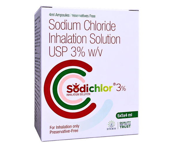 SODICHLOR 3% is a specialized Sodium Chloride Inhalation Solution USP 3% designed to provide effective relief for individuals suffering from respiratory conditions. This solution is commonly used for humidifying and clearing airways, making it easier to breathe. It is ideal for people with conditions such as chronic obstructive pulmonary disease (COPD), asthma, or cystic fibrosis. By aiding in the clearance of mucus and moisture retention in the airways, SODICHLOR 3% helps reduce symptoms such as wheezing, shortness of breath, and coughing. Key Ingredients: Sodium Chloride (3% w/v): The active ingredient in SODICHLOR 3%, Sodium Chloride, is a hypertonic saline solution. It draws moisture into the airways, helping to loosen and thin mucus, which makes it easier to clear from the lungs. Key Benefits: Mucolytic Action: Sodium Chloride helps in thinning and loosening mucus, facilitating its removal from the airways.Relief from Respiratory Conditions: It is particularly effective for individuals suffering from COPD, asthma, and cystic fibrosis, reducing the severity of symptoms like wheezing, coughing, and shortness of breath.Improved Breathing: Helps maintain open airways and improve overall lung function by reducing mucus buildup and congestion.Easy to Use: Suitable for nebulizer therapy, allowing for easy inhalation and quick action for immediate relief. How Does It Work? SODICHLOR 3% works by utilizing Sodium Chloride in a hypertonic saline solution that helps draw moisture into the airways. This moisture thins the mucus, making it less thick and sticky. The solution helps break down the mucus so that it can be expelled more easily from the respiratory tract. By helping clear out mucus, the solution opens up the airways, making it easier to breathe. This action is especially useful in respiratory diseases where thick mucus obstructs airflow, such as bronchitis, COPD, and asthma. Directions for Use: Preparation: Pour the prescribed dose of SODICHLOR 3% into a nebulizer chamber.Nebulization: Attach the chamber to a nebulizer device and inhale the mist slowly through the mouthpiece or mask.Frequency: Use as directed by your healthcare provider, typically 1-2 times per day or as needed for symptom relief.Cleaning: After each use, clean the nebulizer components thoroughly to prevent contamination. Side Effects: While SODICHLOR 3% is generally well tolerated, some individuals may experience mild side effects, including:Coughing or throat irritationNausea or vomitingShortness of breath (especially in sensitive individuals or those with severe respiratory conditions)Chest tightnessIf any of these symptoms are severe or persistent, discontinue use and consult your healthcare provider. As with any medication, it is essential to follow the prescribed dosage and inform your doctor of any other medical conditions you may have.