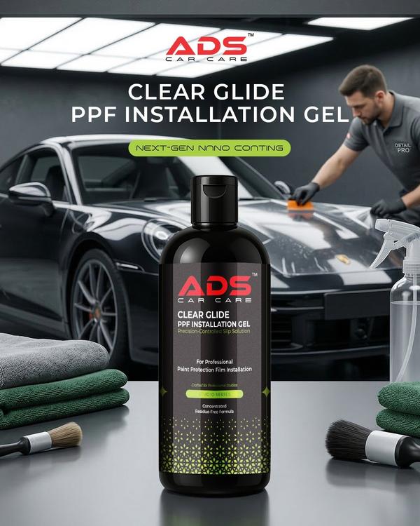 CLEAR GLIDE PPF INSTALLATION GELCLEAR GLIDE PPF Installation Gel is a premium water-based slip solution specially formulated for smooth and professional Paint Protection Film (PPF) installation. Its advanced high-viscosity formula provides excellent glide and positioning control, allowing installers to accurately align the film while reducing silvering, trapped debris, adhesive marks, and premature tack. The gel stays longer on the surface without dripping or evaporating quickly, making installation easier on complex curves, edges, mirrors, bumpers, and contoured panels.Designed for professional detailing studios and automotive installers, CLEAR GLIDE PPF Installation Gel improves work efficiency while delivering a crystal-clear, bubble-free finish. The residue-free formula is safe for all types of glossy, matte, TPU, and self-healing PPF films.Key FeaturesHigh-slip formula for smooth film positioningReduces silvering, stretch marks, and trapped particlesThick gel consistency minimizes dripping and fast evaporationEnhances installation precision on curved and complex surfacesCompatible with all major PPF brandsResidue-free and easy to clean after installationSafe for glossy, matte, and self-healing PPF filmsSuitable for automotive wraps, screens, mirrors, and painted surfacesApplicationsPaint Protection Film (PPF) InstallationTPU Film ApplicationAutomotive Wrapping & Surface ProtectionCurved Panels, Bumpers & MirrorsGlossy and Matte Surface Installations