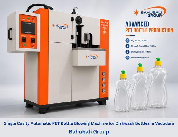 Dishwash bottles are widely used for packaging cleaning liquids, liquid detergents, hand wash, floor cleaners, and other household cleaning products. These bottles require good strength, proper shape, and accurate neck finishing for leak-free packaging and attractive product presentation.Bahubali Group manufactures high-quality Single Cavity Handfeed Automatic PET Bottle Blowing Machines specially designed for home cleaning and household liquid bottle production. The machine delivers smooth bottle finishing, strong bottle structure, stable production quality, and reliable machine performance for daily industrial use.Our machine is suitable for manufacturing:Dishwash liquid bottlesHand wash bottlesFloor cleaner bottlesLiquid soap containersSanitizer bottlesHousehold chemical bottlesThe system is designed for easy operation with less manpower requirement and low maintenance. Advanced PLC control and efficient heating technology help maintain stable bottle quality with almost zero rejection during production.Machine FeaturesSingle Cavity Handfeed Automatic Blowing MachineBest for Home Cleaning BottlesBottle Volume up to 1500 mlRejection Almost ZeroNegligible MaintenanceLow Grammage Preform with High Bottle StrengthAdvanced PLC Control SystemLess Manpower RequirementEasy Machine OperationGood Online Technical SupportBahubali Blowing Machine supplies PET bottle blowing machines across Vadodara including Makarpura GIDC, Waghodia, Nandesari, Savli, Manjusar, Halol, Padra, Karjan, Gorwa, Por, Ranoli, and nearby industrial areas of Gujarat.We also provide machine installation support, mould guidance, operator training, technical consultation, and fast online service support for smooth production performance.Contact Bahubali Group today for machine videos, price details, technical specifications, and complete PET bottle manufacturing solutions.