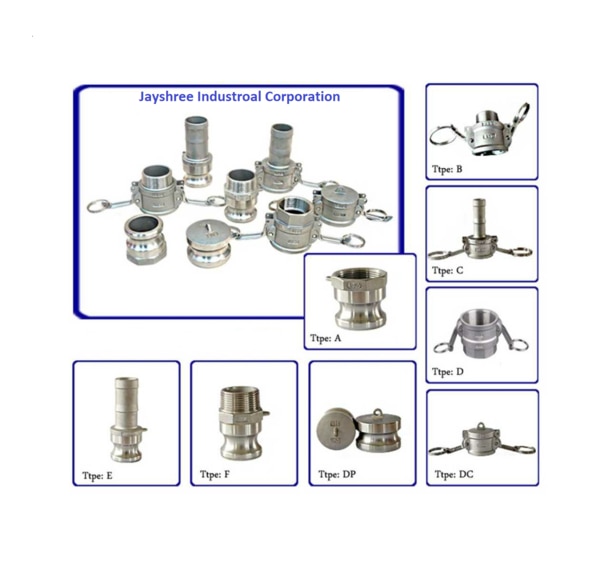 ## Camlock Couplings Technical GuideThe image illustrates standard industrial Camlock Couplings (also known as Cam and Groove couplings) sorted by their standard A-A-59326 (MIL-C-27487) type designations. These quick-connect fittings allow fast connection and disconnection of hoses or pipes without tools.------------------------------## Camlock Type Breakdown* Type A: Male Adapter with an internal Female Thread.* Type B: Female Coupler with an external Male Thread and locking cam arms.* Type C: Female Coupler with a ridged Hose Shank/Barb for flexible hose insertion.* Type D: Female Coupler with an internal Female Thread and locking cam arms.* Type E: Male Adapter with a ridged Hose Shank/Barb.* Type F: Male Adapter with an external Male Thread.* Type DP (Dust Plug): A solid male plug inserted into a female coupler to block debris when the line is disconnected.* Type DC (Dust Cap): A solid female cap locked onto a male adapter to seal off the line when disconnected.------------------------------## Common Configurations & Selection Criteria* Standard Materials: Stainless Steel (304/316), Aluminum, Brass, and Polypropylene.* Sizing Range: Typically available from $frac{1}{2}''$ to $6''$ Nominal Bore (NB).* Gasket Options: Buna-N (Standard), Viton, EPDM, and PTFE/Teflon depending on chemical compatibility.------------------------------Would you like to look up the working pressure limits based on material and size, or do you need help choosing the correct gasket material for your specific fluid transfer needs?