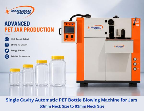 Automatic PET Bottle Cum Jar Machine in Jaipur by Bahubali GroupBahubali Group manufactures advanced Automatic PET Bottle Cum Jar Machines specially designed for producing wide mouth PET jars used in pickle, ghee, confectionery, cosmetic, dry fruit, candy, namkeen, protein powder, bakery, pharmaceutical, and food packaging industries. The machine supports neck sizes from 38mm to 83mm and is suitable for multiple jar applications with stable and smooth production performance.Our PET bottle cum jar machines are widely used for manufacturing pickle jars, ghee containers, cosmetic jars, candy jars, dry fruit jars, chocolate containers, bakery packaging jars, mouth freshener jars, protein supplement jars, and household storage containers with strong jar structure and excellent finishing quality.The machine delivers production output from 1000 to 1200 jars per hour with almost zero rejection and stable production quality. Advanced heating technology and precision blowing systems help maintain proper jar strength, uniform thickness, and attractive transparent finishing while reducing raw material wastage.Bahubali machines support low grammage PET preforms while maintaining high strength in jars, helping manufacturers reduce production costs without compromising product quality. The system also works with less high pressure air while producing strong and durable jars for commercial packaging industries.Key FeaturesNeck Size 38mm to 83mmOutput 1000 to 1200 Jars Per HourRejection Almost ZeroNegligible MaintenanceLow Grammage Preform with High Jar StrengthAdvanced PLC Control SystemLess Manpower RequirementEasy Machine OperationLess High Pressure with Strong Jar ProductionGood Online Technical SupportBahubali PET Bottle Cum Jar Machines are widely supplied across Jaipur including Sitapura Industrial Area, Vishwakarma Industrial Area (VKI), Mansarovar Industrial Area, Sanganer, Malviya Nagar, RIICO Industrial Area, Jhotwara, Bassi, Bagru, Kukas, Tonk Road Industrial Belt, Chomu, Shahpura, Bindayaka, Kanota, and nearby industrial locations in Rajasthan.Our machines are highly preferred by pickle manufacturers, ghee packaging companies, cosmetic product manufacturers, confectionery industries, bakery product companies, dry fruit packaging businesses, FMCG industries, food processing units, and household product manufacturers across Jaipur and Rajasthan.Bahubali Group also provides mould guidance, machine installation support, operator training, production consultation, maintenance assistance, and fast online technical support for smooth and reliable production performance.Contact Bahubali Group today for machine videos, production details, technical specifications, pricing information, and complete PET jar manufacturing solutions.