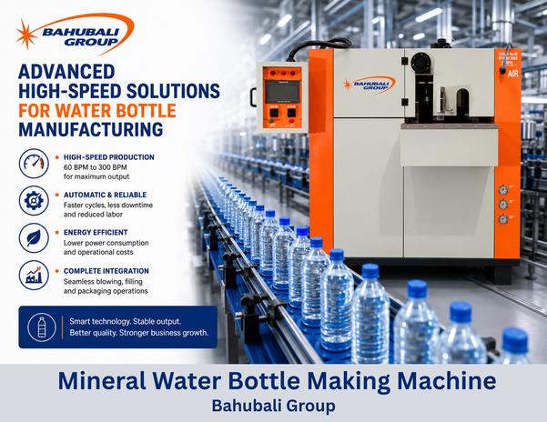 Mineral Water Bottle Making Machine in Bhilwara by Bahubali GroupBahubali Group manufactures advanced Mineral Water Bottle Making Machines designed for producing high-quality PET bottles used in packaged drinking water plants, mineral water industries, carbonated soft drink plants, juice bottling units, edible oil packaging industries, pharmaceutical companies, and FMCG packaging businesses. Our machines are suitable for stable and continuous bottle production with excellent bottle strength and smooth finishing quality.Bahubali make Mineral Water Bottle Making Machines are available in single cavity and multiple cavity models for different production requirements. The system is designed for high production efficiency with almost zero rejection, negligible maintenance, and easy machine operation. Advanced PLC control systems and precision infrared heating technology help maintain proper bottle quality, accurate neck finishing, and stable production performance during continuous industrial operation.The machine supports low grammage PET preforms while maintaining high bottle strength, helping manufacturers reduce raw material costs without compromising bottle durability and appearance. Efficient air management systems also help produce strong bottles using less high-pressure air consumption.Key FeaturesAvailable in Single and Multiple CavitiesRejection Almost ZeroNegligible MaintenanceLow Grammage Preform with High Bottle StrengthAdvanced PLC Control SystemLess Manpower RequirementEasy Machine OperationLess High Pressure with Strong Bottle ProductionGood Online Technical SupportBahubali Mineral Water Bottle Making Machines are widely supplied across Bhilwara including RIICO Industrial Area, Pur Road, Mandal, Hamirgarh, Chittorgarh Road Industrial Belt, Azad Nagar, Sangam Industrial Area, Shahpura, Gulabpura, and nearby industrial locations. We also supply machines in nearby cities within 200 km including Udaipur, Chittorgarh, Ajmer, Beawar, Nathdwara, Rajsamand, Kota, Neemuch, Pali, and Bhilwara surrounding industrial regions.Our machines are highly preferred by:Packaged Drinking Water PlantsMineral Water ManufacturersCarbonated Soft Drink PlantsJuice Bottling IndustriesBeverage CompaniesEdible Oil Packaging UnitsPharmaceutical Bottle ManufacturersFMCG Packaging IndustriesHousehold Bottle ManufacturersPET Packaging IndustriesBahubali Group also provides mould guidance, machine installation support, operator training, technical consultation, maintenance assistance, and fast online technical support for smooth production performance and customer satisfaction.Contact Bahubali Group today for machine videos, technical specifications, pricing details, production capacity information, and complete PET bottle manufacturing solutions.