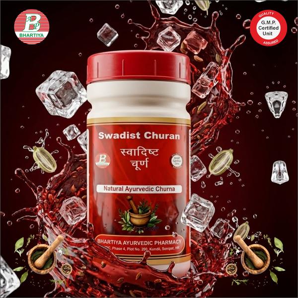                            SWADISHT CHURAN Product Identification•	Generic Name: Swadisht Churan•	Type: Ayurvedic Patent Medicine•	Primary Indication Area: Nausea, vomiting, motion sickness, and digestive discomfort•	Therapeutic Indications: •	Used in the management of nausea and vomiting•	Helps relieve motion sickness•	Supports digestion and alleviates gastrointestinal discomfort•	Key benefits include:•	Relieves nausea and vomiting.•	Reduces motion sickness and dizziness.•	Promotes healthy digestion and prevents indigestion.•	Soothes the stomach and reduces discomfort after meals.•	Helps maintain overall gastrointestinal wellness.Ingredients: Pippali (Long Pepper) Botanical Name: Piper longumKey Constituents:•	Alkaloids (piperine) – digestive stimulant, enhances metabolism•	Essential oils (sesquiterpenes, monoterpenes) – carminative, mild anti-inflammatory•	Resins & Polyphenols – antioxidant, gastroprotective•	Vitamins & Minerals – support overall digestive function Mechanism of Action for Digestive Health, Nausea & Vomiting:1.	Digestive Stimulanto	Piperine and essential oils stimulate gastric juice and enzyme secretion, improving digestion and nutrient absorption.2.	Carminative & Anti-flatulento	Reduces gas, bloating, and abdominal discomfort, helping relieve nausea.3.	Gastroprotective & Antioxidanto	Polyphenols protect the stomach lining from irritation and oxidative damage.4.	Mild Anti-nausea Effecto	Soothes the gastrointestinal tract, reducing vomiting tendency. Kali Mirch (Black Pepper) Botanical Name: Piper nigrumKey Constituents:•	Piperine – bioactive alkaloid; enhances digestion, absorption of nutrients, anti-inflammatory•	Essential oils (e.g., limonene, pinene) – stimulate gastric secretions, antioxidant•	Flavonoids & Polyphenols – antioxidant, gastroprotectiveMechanism of Action for Digestive Health & Nausea:1.	Digestive Stimulant: Piperine and essential oils stimulate secretion of digestive enzymes and gastric juices, improving breakdown and absorption of nutrients.2.	Carminative Effect: Reduces gas, bloating, and abdominal discomfort, which helps alleviate mild nausea.3.	Anti-nausea & Gastroprotective: Antioxidants protect the stomach lining from irritation and oxidative stress.4.	Enhances Bioavailability: Piperine increases absorption of other herbs and nutrients in formulations, improving overall therapeutic effect.5.	Dosha Balancing (Ayurvedic Perspective): Stimulates Agni (digestive fire), reduces Kapha stagnation, and alleviates heaviness, nausea, and digestive sluggishness. Elaichi Dana (Cardamom Seeds) Botanical Name: Elettaria cardamomumKey Constituents:•	Essential oils (cineole, terpinene, limonene) – carminative, digestive stimulant•	Flavonoids & Polyphenols – antioxidant, gastroprotective•	Alkaloids & Terpenes – anti-inflammatory, mild analgesic effectMechanism of Action for Digestive Health, Nausea & Vomiting:1.	Digestive Stimulant: Essential oils enhance gastric secretions and enzyme activity, improving digestion and appetite.2.	Carminative & Anti-flatulent: Reduces gas, bloating, and abdominal discomfort, which helps alleviate nausea.3.	Gastroprotective & Antioxidant: Polyphenols and essential oils protect the stomach lining from irritation and oxidative stress.4.	Anti-nausea Effect: Calms the stomach and helps relieve mild nausea and vomiting.5.	Dosha Balancing (Ayurvedic Perspective): Stimulates Agni (digestive fire), balances Kapha and Vata, reduces heaviness, nausea, bloating. Dhaniya (Coriander Seeds) Botanical Name: Coriandrum sativumKey Constituents:•	Essential oils (linalool, geraniol, borneol) – carminative, digestive stimulant•	Flavonoids & Polyphenols – antioxidant, gastroprotective•	Fatty acids – mild anti-inflammatory effect•	Vitamins & Minerals (vitamin C, calcium, potassium) – support general digestive healthMechanism of Action for Digestive Health, Nausea & Vomiting:1.	Digestive Stimulant: Essential oils enhance digestive enzyme secretion and gastric juices, improving digestion and nutrient absorption.2.	Carminative & Anti-flatulent: Reduces gas, bloating, and abdominal discomfort, helping alleviate nausea.3.	Gastroprotective & Antioxidant: Polyphenols protect the stomach lining from irritation and oxidative damage.4.	Mild Anti-nausea Effect: Soothes the gastrointestinal tract, reducing the tendency for vomiting.5.	Dosha Balancing (Ayurvedic Perspective): Balances Vata and Kapha, stimulates Agni (digestive fire), and alleviates heaviness, indigestion, and nausea. Amchur (Dried Mango Powder) Botanical Name: Mangifera indicaKey Constituents:•	Organic acids: Citric acid, tartaric acid – stimulate digestion and improve gastric secretions•	Polyphenols & Flavonoids: Mangiferin, quercetin – antioxidant, gastroprotective•	Vitamin C (Ascorbic acid) – protects gastric lining, reduces oxidative stress•	Dietary fiber – supports bowel movement and toxin eliminationMechanism of Action for Digestive Health, Nausea & Vomiting:1.	Digestive Stimulant: Organic acids enhance digestive enzyme activity and gastric acid secretion, improving digestion and preventing bloating.2.	Anti-nausea & Gastroprotective: Polyphenols and vitamin C protect the stomach lining, reduce irritation, and help calm nausea.3.	Mild Detoxifying & Laxative Effect: Dietary fiber promotes bowel clearance, removing undigested food that can trigger nausea or vomiting.4.	Dosha Balancing (Ayurvedic Perspective): Balances Pitta (reduces acidity/heartburn) and Kapha (prevents heaviness and digestive sluggishness). Jeera (Cumin Seeds) Botanical Name: Cuminum cyminumKey Constituents:•	Essential oils (cuminaldehyde, cymene, terpenes) – carminative, digestive stimulant•	Flavonoids & Polyphenols – antioxidant, anti-inflammatory•	Fatty acids – mild anti-inflammatory effect•	Vitamins & Minerals (iron, calcium, vitamin C) – support digestive healthMechanism of Action for Digestive Health, Nausea & Vomiting:1.	Digestive Stimulant: Essential oils enhance gastric juice and digestive enzyme secretion, improving digestion and nutrient absorption.2.	Carminative & Anti-flatulent: Reduces gas, bloating, and abdominal discomfort, helping relieve nausea.3.	Gastroprotective & Antioxidant: Polyphenols protect the stomach lining from irritation and oxidative damage.4.	Mild Anti-nausea Effect: Soothes the gastrointestinal tract, reducing the tendency for vomiting.Satnimbu Scientific Name: Citric acid  Chemical Name: 2-Hydroxy-1,2,3-propane-tricarboxylic acidKey Constituents:•	Organic acid – provides sour taste, pH regulator•	Citric ions – antioxidant, chelating agent•	Trace minerals (from natural sources) – support metabolic processesMechanism of Action for Digestive Health, Nausea & Vomiting:1.	Digestive Stimulanto	Enhances gastric juice secretion, aiding digestion.2.	Alkalizing & pH Balanceo	Helps neutralize excessive stomach acidity, reducing irritation.3.	Mild Anti-nausea Effecto	Soothes the stomach lining, can reduce nausea in small amounts.4.	Antioxidant & Chelating Actiono	Protects gastrointestinal tissues from oxidative stress. Namak (Salt) Botanical / Mineral Name: Sodium Chloride (NaCl)Key Constituents:•	Sodium (Na⁺) – electrolyte balance, supports nerve and muscle function•	Chloride (Cl⁻) – essential for gastric acid (HCl) production•	Trace minerals – may include potassium, magnesium, calcium (depending on source)Mechanism of Action for Digestive Health:1.	Stimulates Gastric Acid Secretion: Chloride ions support hydrochloric acid (HCl) production, improving digestion and breakdown of food.2.	Enhances Electrolyte Balance: Maintains fluid balance, which supports smooth functioning of gastrointestinal tract.3.	Improves Digestive Efficiency: Helps activate digestive enzymes and promotes nutrient absorption.4.	Dosha Balancing (Ayurvedic Perspective): Traditionally Kapha-pacifying, supports digestion by enhancing Agni (digestive fire) and reducing heaviness in the stomach.5.	Adjunct in Formulations: Often used in small quantities to improve taste and enhance bioavailability of other herbs in Ayurvedic formulations. Dalchini (Cinnamon) Botanical Name: Cinnamomum verum (true cinnamon) / Cinnamomum zeylanicumKey Constituents:•	Essential oils (cinnamaldehyde, eugenol) – digestive stimulant, carminative, antimicrobial•	Polyphenols & Flavonoids – antioxidant, gastroprotective•	Tannins – astringent, helps reduce gastric irritation•	Mucilage – soothes the gastrointestinal liningMechanism of Action for Digestive Health, Nausea & Vomiting:1.	Digestive Stimulant: Essential oils enhance gastric juice and enzyme secretion, improving digestion and nutrient absorption.2.	Carminative & Anti-flatulent: Reduces gas, bloating, and abdominal discomfort, helping relieve nausea.3.	Gastroprotective & Antioxidant: Polyphenols and mucilage protect the stomach lining from irritation and oxidative stress.4.	Mild Anti-nausea Effect: Soothes the gastrointestinal tract, reducing the tendency for vomiting.5.	Antimicrobial Effect: Helps prevent mild infections or dysbiosis in the gut.6.	Dosha Balancing (Ayurvedic Perspective): Stimulates Agni (digestive fire), pacifies Kapha and Vata, reduces heaviness, indigestion, and nausea.Sugar (Sharkara / Sugar) Botanical / Source: Saccharum officinarum (Sugarcane)Key Constituents:•	Sucrose – simple carbohydrate, provides quick energy•	Glucose & Fructose (after digestion) – easily absorbed, boosts energy•	Trace minerals (in unrefined sugar: calcium, iron, magnesium) – minor supportive roleMechanism of Action for Digestive Health & Nausea:1.	Energy Supply: Quick absorption of glucose provides immediate energy, which can help relieve weakness or dizziness associated with nausea.2.	Soothes the Stomach: Sweet taste has a mild carminative effect, calming gastric irritation.3.	Improves Palatability of Formulations: Helps in masking bitter taste of other herbs, enhancing compliance in herbal digestive formulations.4.	Dosha Balancing (Ayurvedic Perspective): Balances Vata, provides mild soothing and cooling effect on the stomach, supports digestion and reduce discomfort.Dosage:1.	Dose per intake •	Adults: 5-10 gm •	Children: 2-5 gm2.	Frequency: 2 times daily 3.	How to take: With Plain WaterPrecautions •	Do not exceed the prescribed dose•	Consult an Ayurvedic practitioner before use in:o	Childreno	Elderlyo	Patients with chronic illness•	Monitor for any side effects (e.g., digestive discomfort)•	Maintain proper diet and hydration to support bowel health.swadisht churan banane ki vidhi, swadisht churan ke fayde, swadisht pachan churan imcwhat is churan, swadisht churan amazon, swadisht churan ayurvedic, swadisht churan at homeswadisht churan ayurveda, swadisht churan aata hai, swadisht churna, swadisht churan contents swadisht churan expiry date, swadisht churan english name, swadisht churan englishswadisht churan expiry date check, swadisht churan gst rate, swadisht churan hindiswadisht churan herbal, swadisht churan hsn code, swadisht churan hindi meinswadisht churan hai, swadisht churan kaise banaen, swadisht churan logoswadisht churan lucknow, swadisht churan logo images, swadisht churan near me swadisht churan natural, swadisht churan narela, swadisht churan onlineswadisht churan online order, swadisht churan online shopping, swadisht churan ownerswadisht pachak churna, swadisht churan quantity, swadisht churan qr codeswadisht churan quality, swadisht churan recipe, swadisht churan recipe in hindiswadisht churan review, swadisht churan supplier, swadisht churan supplier in delhihow to make rasayan churna at home, swadisht churan uses in hindi, swadisht churan upyogswadisht churan uses, swadishta virechan churna uses in hindi, swadisht churan websiteswadisht churan wholesale price, swadisht churan wholesale, what swadisht churan is bestwhat swadisht churan in hindi, what swadisht churan kya kam aata hai, what swadisht churan useswhat swadisht churan imc, what swadisht churan contents, what swadisht churan uses in hindiwhat swadisht churan vyas, where swadisht churan manufactured, where swadisht churan availablewhere swadisht churan made, where swadisht churan in hindi, where swadisht churan useswhere swadisht churan zandu, where swadisht churan contents, where swadisht churan benefitswhen swadisht churan in hindi, when swadisht churan uses, how swadisht churan workshow swadisht churan in hindi, how swadisht churan uses, why swadisht churan useswhy swadisht churan in hindi, is swadisht churan contents, is swadisht churan kya kam aata haican swadisht churan in hindi, will swadisht churan uses, will swadisht churan contentswill swadisht churan in hindi, will swadisht churan kya kam aata hai, will swadisht churan uses in hindiwill swadisht churan ke fayde, do swadisht churan ke fayde, do swadisht churan kaise banaendo swadisht churan in hindi, do swadisht churan uses, do swadisht churan imcdo swadisht churan contents, do swadisht churan uses in hindi, do swadisht churan kya kam aata haidoes swadisht churan have sugar, does swadisht churan uses, does swadisht churan contentsdoes swadisht churan in hindi, best swadisht churan online, best swadisht churan pricebest swadisht churan in delhi, best swadisht churan in hindi, top swadisht churan price top swadisht churan online, top swadisht churan in hindi, top swadisht churan usestop swadisht churan uses in hindi