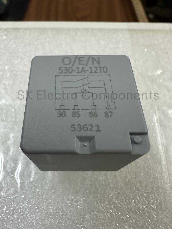 The OEN 530-1A-12T0 is a 4-pin, heavy-duty 12V DC relay used primarily for high-current automotive and industrial applications. It features a Single-Pole Single-Throw (SPST) normally open configuration and is built to handle heavy electrical loads like A/C compressors, radiator cooling fans, and starter motors.Key SpecificationsPart Number: 530-1A-12T0 (manufactured by O/E/N India)Coil Voltage: 12 VDC (Nominal)Contact Rating: Heavy duty; typically handles 30 A to 40 A(depending on the exact variant and load)Number of Pins: 4-pin configurationTerminal Type: 6.3 mm flat terminals for standard automotive couplers