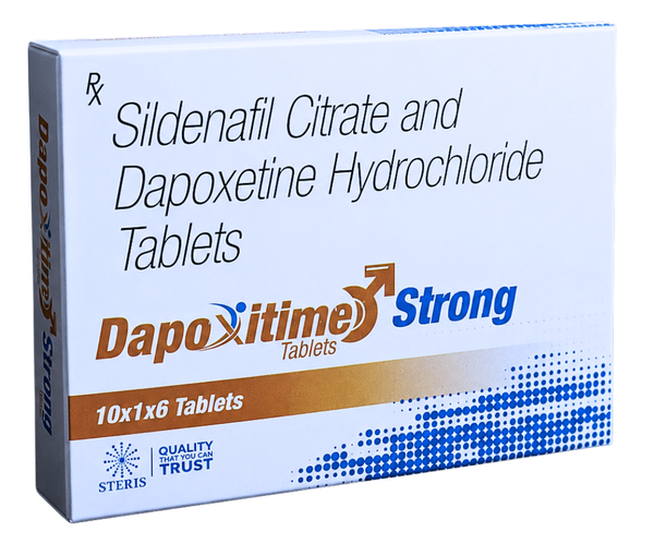 DAPOXITIME STRONG  Sildenafil (50mg), Dapoxetine (30mg)OverviewDAPOXITIME STRONG is a combination medication that contains Sildenafil (50mg) and Dapoxetine (30mg). This dual-action formula is designed to treat two common male sexual health issues: erectile dysfunction (ED) and premature ejaculation (PE). By addressing both conditions simultaneously, DAPOXITIME STRONG helps improve sexual performance and satisfaction.Ingredients and Their BenefitsSildenafil (50mg)Treatment of Erectile Dysfunction: Sildenafil is a phosphodiesterase type 5 (PDE5) inhibitor that helps achieve and maintain an erection by increasing blood flow to the penis during sexual stimulation.Onset and Duration: Typically, Sildenafil takes effect within 30 to 60 minutes and can last for up to 4 hours, allowing for sufficient time to engage in sexual activity.Improved Confidence and Performance: By effectively treating ED, Sildenafil helps restore confidence and improve sexual performance.Dapoxetine (30mg)Treatment of Premature Ejaculation: Dapoxetine is a selective serotonin reuptake inhibitor (SSRI) specifically approved for the treatment of PE. It increases the time it takes to ejaculate and can improve control over ejaculation.Rapid Onset: Dapoxetine is designed for fast absorption and typically works within 1 to 3 hours after taking the medication.Enhanced Sexual Satisfaction: By delaying ejaculation, Dapoxetine can improve overall sexual satisfaction for both partners.Usage and DosageDAPOXITIME STRONG should be taken as prescribed by a healthcare professional. The usual recommendation is to take one tablet about 1 to 3 hours before anticipated sexual activity. It can be taken with or without food, but a high-fat meal may delay its onset of action. It is important not to exceed the prescribed dose and to avoid taking more than one dose within 24 hours.Benefits of DAPOXITIME STRONGDual-Action Treatment: Combines the benefits of Sildenafil and Dapoxetine to address both ED and PE, offering a comprehensive solution for male sexual dysfunction.Improved Sexual Experience: Helps achieve and maintain an erection while also delaying ejaculation, leading to a more satisfying sexual experience.Boosted Confidence: Restores sexual confidence by effectively managing common sexual health issues, enhancing overall quality of life.Side EffectsWhile DAPOXITIME STRONG is generally well-tolerated, some individuals may experience side effects, including:Headache: Common with Sildenafil use.Nausea and Dizziness: May occur due to Dapoxetine.Flushing and Indigestion: Common with Sildenafil use.Insomnia or Fatigue: Possible side effects from Dapoxetine.Precautions and ContraindicationsMedical Conditions: Not recommended for individuals with severe heart or liver problems, or those who have had a recent stroke or heart attack.Drug Interactions: Avoid using with nitrates, certain antidepressants, and other medications that affect blood pressure.Alcohol: Limit alcohol intake as it can increase the risk of side effects and reduce the effectiveness of the medication.Pregnancy and Lactation: Not intended for use by women.ConclusionDAPOXITIME STRONG is an effective combination medication that offers a dual approach to treating erectile dysfunction and premature ejaculation. By incorporating both Sildenafil and Dapoxetine, it provides a comprehensive solution for improving sexual performance and satisfaction. With proper use and under the guidance of a healthcare professional, DAPOXITIME STRONG can significantly enhance the sexual health and confidence of men dealing with these common issues.For further information: EMAIL:  info@sterispharma.com  / contact@sterispharma.com    CALL/WHATSAPP: 7877551268, 7849827488  Order NOW