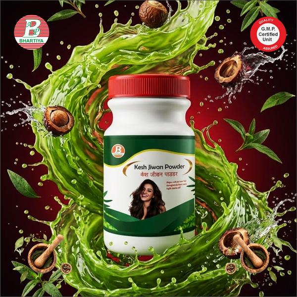 KESH JIWAN POWDER Product Identification• Generic Name: Kesh Jiwan Powder• Type: Ayurvedic Patent Medicine• Primary Indication Area: Hair care and nourishment (prevention of hair fall, promoting hair growth, strengthening hair roots)• Therapeutic Indications: • Helps in reducing hair fall and promoting hair growth• Strengthens hair roots and improves hair texture and shine• May be used in conditions like brittle hair, dry scalp, premature graying, and hair thinningKey benefits include:• Reduces Hair Fall: Strengthens hair roots and minimizes hair breakage.• Promotes Hair Growth: Nourishes the scalp to support healthy hair growth.• Improves Hair Texture: Makes hair soft, smooth, and manageable.• Prevents Premature Greying: Helps maintain natural hair colour.• Nourishes Scalp: Moisturizes and revitalizes the scalp for overall hair health.Ingredients: Amla (Indian Gooseberry) Botanical Name: Phyllanthus emblicaKey Constituents:• Vitamin C (Ascorbic Acid): Powerful antioxidant, boosts immunity• Tannins & Polyphenols: Anti-inflammatory, gastroprotective• Flavonoids: Neutralize free radicals, support overall health• Amino Acids & Minerals: Promote tissue repair, hair and skin healthMechanism of Action for Hair Care1. Nourishes Hair Follicleso Rich in Vitamin C, amino acids, and minerals, Amla strengthens hair follicles by providing essential nutrients required for healthy hair growth.2. Prevents Premature Grayingo Antioxidants (Vitamin C, polyphenols, tannins) combat oxidative stress in hair follicles, protecting the natural pigment (melanin) and delaying Graying.3. Reduces Hair Fallo Anti-inflammatory and antioxidant properties improve scalp health, reduce follicle damage, and enhance hair retention.4. Improves Hair Texture and Shineo Tannins and flavonoids smooth the hair cuticle, making hair soft, glossy, and manageable.5. Scalp Health Supporto Antimicrobial and anti-inflammatory compounds help maintain a healthy scalp, reducing dandruff and irritation that can weaken hair roots. Shikakayi (Acacia concinna) Botanical Name: Acacia concinnaKey Constituents:• Saponins: Natural cleansing agents, mild surfactants• Tannins & Flavonoids: Strengthen hair roots, antioxidant activity• Vitamins & Minerals: Nourish scalp and hair follicles• Amino Acids & Proteins: Support hair growth and textureMechanism of Action for Hair Care:1. Natural Cleanser & Scalp Purifiero Saponins gently cleanse scalp and hair without stripping natural oils, removing dirt, excess sebum, and mild microbial buildup.2. Strengthens Hair Rootso Tannins and flavonoids nourish hair follicles, reducing breakage and hair fall.3. Promotes Hair Growtho Nutrients like vitamins, minerals, and amino acids stimulate follicle activity, supporting healthy hair growth.4. Improves Hair Texture & Manageabilityo Proteins and saponins coat hair shafts, making hair soft, smooth, and glossy.5. Prevents Dandruff & Scalp Irritationo Antimicrobial and anti-inflammatory effects help maintain a healthy scalp environment. Reetha (Soapnut) Botanical Name: Sapindus mukorossiKey Constituents:• Saponins: Natural cleansing and foaming agents, mild surfactants• Tannins & Flavonoids: Strengthen hair roots, antioxidant properties• Vitamins & Minerals: Nourish scalp and hair follicles• Fatty Acids: Moisturize and condition hair naturallyMechanism of Action for Hair Care:1. Natural Hair Cleansero Saponins gently remove dirt, oil, and impurities from hair and scalp without harsh chemicals, maintaining natural moisture balance.2. Strengthens Hair Roots & Reduces Hair Fallo Tannins and flavonoids nourish hair follicles, improving hair strength and reducing breakage.3. Promotes Hair Growtho Essential nutrients and minerals support follicle health, stimulating hair growth.4. Improves Hair Texture & Shineo Fatty acids and saponins condition hair, making it soft, smooth, and shiny.5. Scalp Health & Dandruff Controlo Mild antimicrobial and anti-inflammatory properties help prevent dandruff and scalp irritation. Bhringraj Botanical Name: Eclipta alba (Eclipta prostrata)Key Constituents:• Alkaloids & Coumestans: Promote hair growth, protect follicles• Flavonoids & Polyphenols: Antioxidant, reduce oxidative stress on scalp• Essential Oils & Fatty Acids: Nourish and condition hair• Vitamins & Minerals: Support overall hair healthMechanism of Action for Hair Care:1. Promotes Hair Growtho Stimulates hair follicles and prolongs the anagen (growth) phase, leading to stronger, denser hair.2. Prevents Premature Grayingo Rich in antioxidants that protect melanin in hair, delaying Graying.3. Reduces Hair Fallo Strengthens hair roots and prevents breakage by nourishing follicles.4. Improves Hair Texture & Shineo Essential oils and fatty acids condition hair, making it smooth, soft, and lustrous.5. Scalp Health & Anti-inflammatory Actiono Reduces scalp inflammation, dryness, and dandruff, creating an optimal environment for hair growth. Kapur (Camphor) Botanical Name: Cinnamomum camphoraKey Constituents:• Camphor (Terpenoid): Cooling, anti-inflammatory, antimicrobial• Essential Oils: Stimulate blood circulation, provide fragrance• Resins & Volatile Compounds: Antioxidant, soothing effectsMechanism of Action for Hair & Scalp Care:1. Stimulates Scalp Circulationo Camphor improves blood flow to hair follicles, promoting hair growth and nourishment.2. Reduces Scalp Inflammation & Irritationo Anti-inflammatory properties soothe itching, redness, and mild irritation.3. Antimicrobial Actiono Helps reduce scalp infections and dandruff caused by bacteria or fungi.4. Conditions Hair & Scalpo Provides a cooling effect, refreshes the scalp, and improves overall scalp health.5. Supports Hair Strength & Growtho Enhanced circulation and follicle stimulation support stronger, healthier hair.Dose: Hair use powders:These are usually not taken orally but applied to the hair/scalp as a paste mixed with water/curd/oil. Follow the package directions.Precaution:• Start with a small amount (½ teaspoon) to check tolerance.• Don’t exceed the recommended dose on the pack unless advised by a healthcare provider.• If you’re taking other medications or have health conditions (e.g., diabetes, blood pressure), consult a doctor before using herbal powders.• Avoid giving adult herbal formulations to young children without professional advice.keshjiwan powder uses in hindi, keshjiwan powder pricekeshjiwan powder amazon, keshjiwan powder ayurvedickeshjiwan powder benefits in hindi, keshjiwan powder benefitskeshjiwan powder buy online, keshjiwan powder compositionkeshjiwan powder contact number, Keshjiwan powder companykeshjiwan powder details, keshjiwan powder dosekeshjiwan powder dose per day, keshjiwan powder expiry datekeshjiwan powder for hair, keshjiwan powder flipkart, keshjiwan powder gst ratekeshjiwan powder gst, keshjiwan powder good or bad, keshjiwan powder hindikeshjiwan powder how to use , keshjiwan powder in hindi, Keshjiwan powder ingredientskeshjiwan powder indiamart, keshjiwan powder images, keshjiwan powder in englishkeshjiwan powder jiomart, keshjiwan powder jan aushadhi kendra, keshjiwan powder ke faydekeshjiwan powder ke fayde in hindi, keshjiwan powder kya kam karta haikeshjiwan powder kaise use kare, keshjiwan powder life, keshjiwan powder manufacturerkeshjiwan powder mrp, keshjiwan powder manufacturers in india, keshjiwan powder near mekeshjiwan powder online, keshjiwan powder online shopping, keshjiwan powder online purchasekeshjiwan powder owner, keshjiwan powder price in india, keshjiwan powder quantitykeshjiwan powder q10, keshjiwan powder quality, keshjiwan powder reviewkeshjiwan powder review in hindi, keshjiwan powder rate, keshjiwan powder technical namekeshjiwan powder uses, keshjiwan powder wholesale, keshjiwan powder wholesale pricekeshjiwan powder zepto, best keshjiwan powder uses in hindi, top keshjiwan powder uses in hinditop keshjiwan powder price