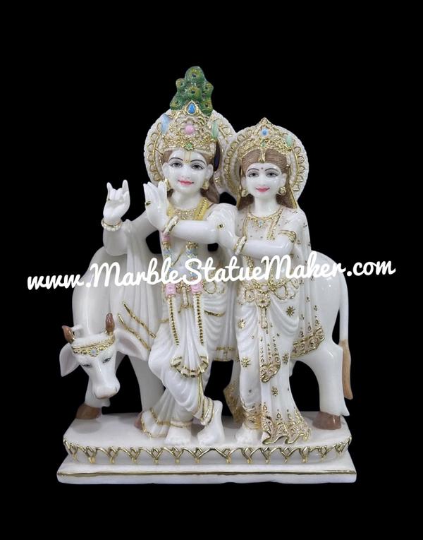 Marble Radha Krishna Statue with cow