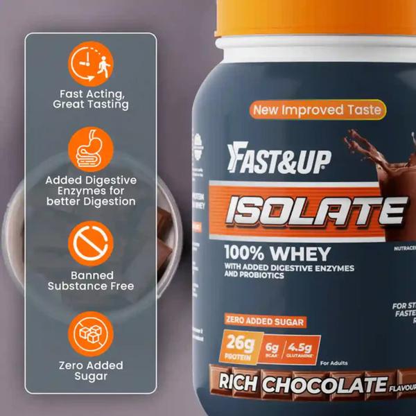 Fast&Up Whey Isolate is a premium quality clean whey protein isolate with grass-fed whey sourced from Europe. Ultra-filtered to provide 90% pure isolate whey protein with low fat. In addition, Fast&Up Whey protein Isolate offers 26g, 6g BCAA and 4.5g Glutamine of protein per serving and is ideal for fitness enthusiasts to build lean muscle mass and strength and deliver unbeatable performance.How to use:Add 1 heaping scoop in 300-350ml waterShake well to dissolveSip, Slurp & Enjoy!Ingredients:Whey Protein Isolate, Cocoa Powder, Nature identicalflavours (Chocolate), Bitter masker flavour [Contains Stabilizer (INS1400), Nature identical flavours], Food colour [INS 150d], PepzymePro (Protease and Probiotics - Bacillus coagulans, Bacillus subtilis,Bacillus clausii), Sweetener [INS 955]