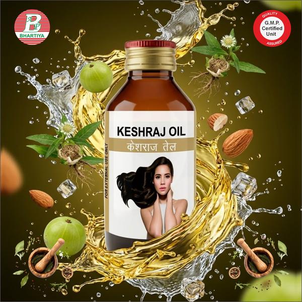 KESHRAJ OIL Product Identification• Generic Name: Keshraj Oil• Type: Ayurvedic Patent Medicine• Primary Indication Area: Promotes healthy scalp and hair, reduces hair fall, and prevents premature Graying. Therapeutic IndicationsUsed for strengthening hair roots, controlling hair fall, preventing premature graying, and nourishing the scalp to promote healthy hair growth.Key benefits:• Strengthens hair roots and prevents hair fall• Reduces premature graying of hair• Nourishes and moisturizes the scalp• Promotes healthy and long hair growth• Improves hair texture and shineIngredient: Bhringraj (Eclipta alba) Botanical Name: Eclipta albaKey Phytoconstituents:• Wedelolactone• Demethylwedelolactone• Coumestans• Flavonoids• Alkaloids• TriterpenoidsHair Health Benefits & Mechanism:1. Promotes Hair Growth: Stimulates hair follicles and improves scalp microcirculation, encouraging healthy hair growth.2. Prevents Hair Fall: Strengthens hair roots and reduces hair breakage.3. Delays Premature Graying: Nourishes hair follicles and helps maintain natural hair color.4. Nourishes Scalp: Moisturizes dry scalp and reduces itchiness or dandruff.5. Improves Hair Texture & Shine: Enhances softness, smoothness, and natural luster of hair.6. Cooling & Soothing: Reduces scalp inflammation and irritation. Amla (Indian Gooseberry) – Hair HealthBotanical Name: Phyllanthus emblicaKey Phytoconstituents:• Vitamin C (Ascorbic acid)• Tannins (e.g., Emblicanin A & B)• Flavonoids• Polyphenols• Minerals (Calcium, Iron, Phosphorus)Hair Health Benefits & Mechanism:1. Promotes Hair Growth: Rich in antioxidants and nutrients that nourish hair follicles and stimulate growth.2. Prevents Hair Fall: Strengthens hair roots and reduces breakage.3. Delays Premature Graying: High vitamin C and tannin content help maintain natural hair colour.4. Improves Hair Texture & Shine: Conditions hair naturally, making it soft, smooth, and lustrous.5. Scalp Health: Reduces dryness, dandruff, and scalp inflammation due to its cooling and rejuvenating properties.6. Protects Against Oxidative Damage: Antioxidants combat free radicals that weaken hair and follicles. Akarkara – Hair & Scalp HealthBotanical Name: Anacyclus pyrethrumKey Phytoconstituents:• Alkylamides (e.g., Anacyclin)• Polyacetylenes• Alkaloids• Essential oils (volatile oils)• ResinHair Health Benefits & Mechanism:1. Stimulates Hair Growth: Improves blood circulation in the scalp, activating hair follicles.2. Strengthens Hair Roots: Alkaloids and essential oils nourish and fortify hair roots, reducing hair fall.3. Scalp Rejuvenation: Antimicrobial and anti-inflammatory properties help soothe irritation and prevent scalp infections.4. Improves Hair Texture: Helps make hair stronger, thicker, and healthier in appearance.5. Invigorates Scalp: Traditionally considered “Vata-pacifying,” it provides warmth and promotes nourishment. Devdaru (Indian Cedar) Botanical Name: Cedrus deodaraKey Phytoconstituents:• Sesquiterpenes• Flavonoids• Lignans• Essential oils (Cedrol, Cedrene)• Resin acidsHair Health Benefits & Mechanism:1. Promotes Hair Growth: Improves scalp circulation and stimulates hair follicles.2. Reduces Hair Fall: Strengthens roots and prevents excessive shedding.3. Nourishes Scalp: Provides moisture and soothes dry, itchy, or flaky scalp.4. Improves Hair Texture & Shine: Enhances hair strength, smoothness, and luster.5. Anti-inflammatory & Antimicrobial: Protects scalp from minor infections and irritation. Green Tea Botanical Name: Camellia sinensisKey Phytoconstituents:• Polyphenols (Epigallocatechin gallate – EGCG)• Catechins• Flavonoids• Amino acids (Theanine)• Caffeine• Vitamins (B, C, E)Hair Health Benefits & Mechanism:1. Promotes Hair Growth: EGCG and catechins stimulate hair follicle proliferation and prolong the anagen (growth) phase.2. Reduces Hair Fall: Strengthens hair roots and prevents oxidative stress-induced shedding.3. Delays Premature Graying: Antioxidant activity protects hair follicle melanocytes from damage.4. Improves Scalp Health: Anti-inflammatory and antimicrobial properties soothe scalp irritation and reduce dandruff.5. Enhances Hair Strength & Shine: Nutrients nourish hair, improving texture, luster, and manageability. Jatamansi Botanical Name: Nardostachys jatamansiKey Phytoconstituents:• Sesquiterpenes (Jatamansone / Nardostachone)• Alkaloids• Lignans• Essential oils• CoumarinsHair Health Benefits & Mechanism:1. Promotes Hair Growth: Stimulates hair follicles and improves scalp circulation.2. Prevents Hair Fall: Strengthens hair roots and reduces breakage.3. Delays Premature Graying: Nourishes hair follicles and maintains natural hair color.4. Scalp Health: Anti-inflammatory and soothing effects reduce scalp irritation and dryness.5. Improves Hair Texture & Shine: Enhances softness, smoothness, and natural luster of hair.6. Stress Relief (Ayurvedic Perspective): Helps calm Vata, which can indirectly reduce stress-related hair fall. Lemon Tea Botanical Name: Citrus limon (for lemon)Key Phytoconstituents:• Vitamin C (Ascorbic acid)• Flavonoids (Hesperidin, Naringin)• Citric acid• Essential oils (Limonene, Linalool)• PolyphenolsHair Health Benefits & Mechanism:1. Promotes Hair Growth: Improves scalp circulation and nourishes hair follicles.2. Reduces Hair Fall: Strengthens hair roots and prevents breakage.3. Prevents Dandruff & Scalp Infections: Citric acid and flavonoids have mild antimicrobial and antifungal effects.4. Improves Hair Shine & Texture: Vitamin C and antioxidants protect hair from oxidative damage and enhance natural luster.5. Balances Scalp pH: Helps reduce oiliness and dryness, maintaining a healthy scalp environment. Brahmi – Hair HealthBotanical Name: Bacopa monnieriKey Phytoconstituents:• Bacosides (A & B)• Alkaloids (Brahmine, Nicotine)• Flavonoids• Saponins• SterolsHair Health Benefits & Mechanism:1. Promotes Hair Growth: Nourishes hair follicles and improves scalp circulation.2. Prevents Hair Fall: Strengthens roots and reduces hair breakage.3. Delays Premature Graying: Rich in antioxidants that protect follicle melanocytes.4. Scalp Health: Anti-inflammatory and soothing properties help reduce dryness, itching, and dandruff.5. Improves Hair Texture & Shine: Conditions hair naturally, enhancing softness, smoothness, and luster.6. Calms Nervous System (Ayurvedic Perspective): Reduces stress-related hair fall by pacifying Vata and supporting overall vitality. Til Taila (Sesame Oil) Botanical Name: Sesamum indicumKey Phytoconstituents:• Unsaturated fatty acids (Oleic acid, Linoleic acid)• Vitamin E (Tocopherols)• Sesamol & Sesamin (Lignans)• Minerals (Calcium, Magnesium, Phosphorus)Hair Health Benefits & Mechanism:1. Nourishes Hair & Scalp: Rich in essential fatty acids and vitamin E, it deeply moisturizes and strengthens hair.2. Prevents Hair Fall: Strengthens hair shafts and roots, reducing breakage and shedding.3. Delays Premature Graying: Antioxidants (sesamol, sesamin) protect hair follicles from oxidative damage.4. Improves Hair Texture & Shine: Conditions hair naturally, enhancing softness, smoothness, and luster.5. Scalp Health: Anti-inflammatory properties soothe dry, itchy, or irritated scalp.6. Enhances Hair Growth: Improves blood circulation in the scalp, promoting healthy hair growth.How to Use Keshraj Oil1. For Hair Growth & Strengthening:o Take 2–3 ml (about a teaspoon) of Keshraj Oil.o Gently massage it into the scalp using fingertips in circular motions for 5–10 minutes.o Ensure even coverage of the scalp and hair roots.2. Leave-In Duration:o Leave the oil on for at least 30 minutes.o For best results, leave it overnight and wash off in the morning.3. Washing:o Wash hair with a mild shampoo to remove excess oil.o Avoid hot water; use lukewarm or cool water for washing.4. Frequency:o Use 2–3 times a week or as advised by an Ayurvedic practitioner.5. Additional Tip:o Regular use improves hair strength, reduces hair fall, delays graying, and nourishes the scalp for healthier, shinier hair.keshraj oil benefits, keshraj oil benefits in hindi, keshraj oil pricekeshraj hair oil, keshraj hair oil review, keshraj hair oil benefitskeshraj hair oil price, keshraj bhringraj oil, keshraj oil agencykeshraj oil company, keshraj oil contact number, keshraj oil corporationkeshraj oil company contact number, keshraj oil creation, keshraj oil uses in hindikeshraj oil in hindi, keshraj oil factory, keshraj oil filter price, keshraj oil gst numberkeshraj oil gst rate, keshraj oil gst no, keshraj oil ke fayde, keshraj oil kg pricekeshraj oil login, keshraj oil quantity, keshraj oil tonic, keshraj oil treekeshraj oil uses, keshraj oil wash powder, what keshraj oil benefitswhat keshraj oil uses in hindi, what keshraj oil benefits in hindiwhat keshraj oil review, what keshraj oil price, where keshraj oil is manufacturedwhere keshraj oil uses in hindi, where keshraj oil benefits, where keshraj oil pricewhere keshraj oil in hindi, where keshraj oil benefits in hindi, where keshraj oil reviewwhen keshraj oil benefits, when keshraj oil uses in hindi, when keshraj oil benefits in hindiwhen keshraj oil price, when keshraj oil in hindi, when keshraj oil reviewhow keshraj oil is made, how keshraj oil works, how keshraj oil is usedhow keshraj oil benefits, how keshraj oil uses in hindi, how keshraj oil benefits in hindihow keshraj oil review, how keshraj oil price, why keshraj oil benefitswhy keshraj oil benefits in hindi, why keshraj oil uses in hindi, why keshraj oil reviewwhy keshraj oil price, who keshraj oil company, who keshraj oil benefitswho keshraj oil uses in hindi, who keshraj oil price, who keshraj oil in hindiis keshraj oil good, is keshraj oil benefits, is keshraj oil reviewis keshraj oil benefits in hindi, is keshraj oil uses in hindi, is keshraj oil pricecan keshraj oil benefits, can keshraj oil uses in hindi, can keshraj oil reviewcan keshraj oil price, can keshraj oil in hindi, should keshraj oil benefitsshould keshraj oil review, should keshraj oil benefits in hindi, should keshraj oil benefits in tamilshould keshraj oil uses in hindi, should keshraj oil price, will keshraj oil benefitswill keshraj oil review, will keshraj oil benefits in hindi, will keshraj oil pricewill keshraj oil uses in hindi, will keshraj oil benefits in tamil, do keshraj oil uses in hindido keshraj oil price, do keshraj oil benefits, do keshraj oil benefits in hindido keshraj oil review, do keshraj oil in hindi, does keshraj oil benefitsdoes keshraj oil benefits in hindi, does keshraj oil uses in hindidoes keshraj oil review, was keshraj oil benefits, was keshraj oil uses in hindiwas keshraj oil benefits in hindi, was keshraj oil review, was keshraj oil pricewas keshraj oil in hindi, was keshraj oil benefits in tamil, best keshraj oil in indiabest keshraj oil benefits, best keshraj oil price, best keshraj oil uses in hindibest keshraj oil review, best keshraj oil benefits in hindi, best keshraj oil in hinditop keshraj oil company, top keshraj oil price, top keshraj oil pvt ltdtop keshraj oil uses in hindi, top keshraj oil review, top keshraj oil benefitstop keshraj oil in hindi, top keshraj oil benefits in hindi