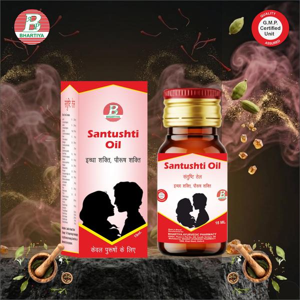 SANTUSHTI OIL Product Identification• Generic Name: Santushti Oil• Type: Ayurvedic Patent Medicine• Primary Indication Area: Sexual health and vitality; may help improve stamina, libido, and overall reproductive wellness Therapeutic IndicationsSantushti Oil is indicated for the promotion of sexual health, enhancement of libido, improvement of stamina and vitality, and support for overall reproductive wellness. It may also help in reducing sexual fatigue and improving performance.Key benefits:• Enhances Sexual Vitality: Supports libido and overall sexual health.• Improves Stamina & Endurance: Helps reduce fatigue and boost energy levels.• Supports Reproductive Wellness: Promotes healthy reproductive function.• Relieves Stress & Fatigue: Provides rejuvenating effects on body and mind.• Ayurvedic Formulation: Made from natural herbs to safely support male and female vitality.Ingredient: Javitri (Nutmeg) Botanical Name: Myristica fragransKey Constituents: Myristicin, elemicin, eugenol, essential oils, tanninsTherapeutic Role in Sexual Health:1. Aphrodisiac Effect:o Enhances libido and sexual desire by stimulating the nervous system.2. Improves Stamina & Vitality:o Helps reduce fatigue and promotes physical and sexual endurance.3. Supports Reproductive Health:o Traditionally used to strengthen reproductive organs and improve overall sexual performance.4. Mood & Stress Support:o Mild nervine and calming properties help relieve anxiety or stress that can impact sexual health.5. Ayurvedic Perspective:o Ushna (hot) and Snigdha (unctuous) qualities help balance Vata and Kapha, enhancing vitality and energy.Jaiphal (Nutmeg) Botanical Name: Myristica fragransKey Constituents: Myristicin, elemicin, eugenol, essential oils, tanninsTherapeutic Role in Sexual Health:1. Aphrodisiac Activity:o Enhances libido and sexual desire by stimulating the nervous system.2. Improves Stamina & Endurance:o Reduces fatigue and promotes physical and sexual energy.3. Supports Reproductive Wellness:o Strengthens reproductive organs and improves overall sexual performance.4. Mood & Stress Support:o Calms the nervous system and helps relieve stress or anxiety affecting sexual health.5. Ayurvedic Properties:o Rasa (taste): Sweet, pungento Guna (qualities): Ushna (hot), Snigdha (unctuous)o Dosha effect: Balances Vata and Kapha, supporting vitality and vigor Lavang (Clove) Botanical Name: Syzygium aromaticumKey Constituents: Eugenol, caryophyllene, tannins, flavonoids, essential oilsTherapeutic Role in Sexual Health:1. Aphrodisiac & Libido Support:o Stimulates circulation and nervous system activity to enhance sexual desire and performance.2. Boosts Stamina & Vitality:o Helps reduce fatigue and improve energy, supporting endurance in sexual activity.3. Supports Reproductive Health:o Traditionally used to strengthen reproductive organs and enhance overall sexual wellness.4. Antioxidant & Anti-inflammatory Effects:o Eugenol and flavonoids help protect tissues from oxidative stress, supporting general vitality.5. Ayurvedic Perspective:o Rasa (taste): Pungent, sweeto Guna (qualities): Ushna (hot), Tikshna (sharp)o Dosha effect: Balances Vata and Kapha; enhances circulation and warmth, promoting vigor Kesar (Saffron) Botanical Name: Crocus sativusKey Constituents: Crocin, crocetin, picrocrocin, SafranalTherapeutic Role in Sexual Health:1. Aphrodisiac Effect:o Enhances libido and sexual desire by stimulating nervous and reproductive systems.2. Improves Stamina & Vitality:o Reduces fatigue and boosts energy, supporting endurance in sexual activity.3. Supports Reproductive Wellness:o Promotes healthy reproductive function and overall sexual performance.4. Mood & Stress Support:o Crocin and Safranal help improve mood, reduce stress, and relieve anxiety, which can positively influence sexual health.5. Ayurvedic Perspective:o Rasa (taste): Sweet, slightly bittero Guna (qualities): Ushna (hot), Laghu (light), Snigdha (unctuous)o Dosha effect: Balances Vata and Kapha; enhances energy, vitality, and overall vigor MalkangniBotanical Name: Celestrus paniculatusCommon Names: Jyotishmati, MalkagniKey Constituents: Alkaloids (paniculatine), fatty acids, flavonoids, sterols, saponinsTherapeutic Role in Sexual Health:1. Aphrodisiac & Libido Support:o Traditionally used to enhance sexual desire and performance.2. Supports Reproductive Health & Vitality:o Strengthens reproductive organs and improves overall vigor.3. Nervine & Cognitive Support:o Helps improve memory, mental clarity, and reduces stress, indirectly supporting sexual health.4. Stamina & Endurance:o Reduces fatigue and promotes physical and sexual energy.5. Ayurvedic Perspective:o Rasa (taste): Bitter, pungento Guna (qualities): Ushna (hot), Laghu (light), Tikshna (sharp)o Dosha effect: Balances Vata and Kapha; enhances vitality, vigor, and nervous system strengthBirbuti Botanical Name: Spilanthes acmella Key Constituents: Alkylamides (spilanthol), flavonoids, coumarins, essential oilsTherapeutic Role in Sexual Health:1. Aphrodisiac & Libido Support:o Traditionally used to enhance sexual desire and performance.2. Reproductive Health Support:o Strengthens reproductive organs and improves vitality.3. Stamina & Energy Enhancement:o Improves physical and sexual endurance; reduces fatigue.4. Circulatory & Muscle Support:o Enhances blood flow and improves tissue nourishment, supporting overall vitality.5. Ayurvedic Perspective:o Rasa (taste): Pungent, slightly bittero Guna (qualities): Ushna (hot), Laghu (light), Tikshna (sharp)o Dosha effect: Balances Vata and Kapha; enhances energy, vitality, and sexual vigor Salam panja Botanical Name: Dactylorhiza hatagireaCommon Names: Himalayan Orchid, Rasna BhedaKey Constituents: Polysaccharides, glycosides, starches, phenolics, mucilageTherapeutic Role in Sexual Health:1. Aphrodisiac & Libido Enhancement:o Traditionally used to improve sexual desire and performance in both men and women.2. Supports Reproductive Health:o Strengthens reproductive organs and enhances fertility and vigor.3. Boosts Stamina & Vitality:o Rejuvenates the body, reduces fatigue, and promotes endurance.4. Muscle & Tissue Rejuvenation:o Supports recovery from weakness, improves circulation, and nourishes tissues.5. Ayurvedic Perspective:o Rasa (taste): Sweet, slightly bittero Guna (qualities): Ushna (hot), Snigdha (unctuous), Laghu (light)o Dosha effect: Balances Vata and Kapha; promotes vitality, vigor, and sexual health AkarkaraBotanical Name: Anacyclus pyrethrum Common Names: Akar Pahal, Akarkara, Pellitory RootKey Constituents: Alkylamides (Anacyclin), pyrethrins, alkaloids, essential oils, saponinsTherapeutic Role in Sexual Health:1. Aphrodisiac & Libido Support:o Enhances sexual desire, performance, and vitality.2. Supports Reproductive Health:o Strengthens reproductive organs and improves fertility.3. Stamina & Energy Booster:o Reduces fatigue and promotes physical and sexual endurance.4. Nervine & Circulatory Support:o Stimulates nerve and blood circulation, supporting vitality and muscular health.5. Ayurvedic Perspective:o Rasa (taste): Pungent, bittero Guna (qualities): Ushna (hot), Tikshna (sharp), Laghu (light)o Dosha effect: Balances Vata and Kapha; enhances vigor, stamina, and sexual health Nagkesar Botanical Name: Mesua ferreaCommon Names: Ironwood Tree, NagkesarKey Constituents: Coumarins (mesuol, mesuagin), tannins, flavonoids, essential oils, resinTherapeutic Role in Sexual Health:1. Aphrodisiac & Libido Support:o Enhances sexual desire and performance.2. Supports Reproductive Health:o Strengthens male reproductive organs and improves fertility and sexual vigor.3. Stamina & Vitality Enhancement:o Reduces fatigue, boosts endurance, and promotes physical and sexual energy.4. Anti-inflammatory & Circulatory Support:o Improves blood flow to reproductive tissues and supports muscular comfort.5. Ayurvedic Perspective:o Rasa (taste): Bitter, astringento Guna (qualities): Ushna (hot), Tikshna (sharp)o Dosha effect: Balances Vata and Kapha; enhances vigor, vitality, and reproductive health Khursani Ajwain Botanical Name: Trachyspermum ammiCommon Names: Carom Seeds, Ajwain, OmamKey Constituents: Thymol, carvacrol, flavonoids, saponins, essential oilsTherapeutic Role in Sexual Health:1. Digestive & Metabolic Support:o Improves digestion and nutrient absorption, which supports overall vitality and energy.2. Supports Sexual Vitality Indirectly:o By enhancing digestive fire (Agni) and metabolism, it helps maintain stamina and vigor.3. Stamina & Energy Booster:o Reduces lethargy and fatigue by improving overall metabolism.4. Circulatory & Muscle Support:o Thymol and essential oils enhance local circulation and tissue nourishment.5. Ayurvedic Perspective:o Rasa (taste): Pungent, bittero Guna (qualities): Ushna (hot), Tikshna (sharp)o Dosha effect: Balances Kapha and Vata; enhances energy, vitality, and digestive health Choti ElaichiBotanical Name: Elettaria cardamomumCommon Names: Green Cardamom, ElaichiKey Constituents: Essential oils (cineole, terpinene, limonene), flavonoids, phenolic compounds, tanninsTherapeutic Role in Sexual Health:1. Aphrodisiac & Libido Support:o Enhances sexual desire, performance, and vitality.2. Supports Reproductive Health:o Strengthens reproductive organs and supports overall sexual wellness.3. Stamina & Energy Booster:o Reduces fatigue, promotes endurance, and improves physical and sexual energy.4. Digestive & Metabolic Support:o Improves digestion, nutrient absorption, and metabolism, which indirectly supports vitality.5. Ayurvedic Perspective:o Rasa (taste): Sweet, pungento Guna (qualities): Ushna (hot), Snigdha (unctuous), Laghu (light)o Dosha effect: Balances Vata and Kapha; enhances vigor, stamina, and vitality CastoreumSource: Secretion from castor sacs of mature beavers (Castor fiber / Castor canadensis)Key Constituents: Phenols, esters, fatty acids, volatile oils, ketonesTherapeutic Role in Sexual Health:1. Aphrodisiac & Libido Enhancement:o Traditionally used to stimulate sexual desire and enhance performance.2. Reproductive Health Support:o Believed to strengthen reproductive organs and improve fertility.3. Stamina & Vitality:o Enhances physical endurance, reduces fatigue, and boosts overall energy.4. Circulatory & Nervine Support:o Promotes circulation and tissue nourishment, supporting vitality.5. Ayurvedic / Traditional Perspective:o Classified as a rejuvenator and aphrodisiac in Rasayana formulations.o Often used in small quantities due to potency. PistaBotanical Name: Pistacia veraCommon Names: Pistachio, PistaKey Constituents: Proteins, healthy fats (oleic, linoleic acids), vitamins (E, B6), minerals (magnesium, potassium), antioxidantsTherapeutic Role in Sexual Health:1. Aphrodisiac & Libido Support:o Traditionally used to enhance sexual desire and performance.2. Reproductive Health Support:o Strengthens reproductive organs, enhances fertility, and supports overall sexual vigor.3. Stamina & Energy Booster:o Provides sustained energy, reduces fatigue, and improves physical and sexual endurance.4. Nervine & Tissue Rejuvenation:o Nourishes tissues, supports nervous system health, and promotes overall vitality.5. Ayurvedic Perspective:o Rasa (taste): Sweet, slightly astringento Guna (qualities): Snigdha (unctuous), Guru (heavy), Madhura (sweet)o Dosha effect: Balances Vata and Pitta; enhances strength, stamina, and reproductive health Til TailBotanical Name: Sesamum indicumCommon Names: Sesame Oil, Til OilKey Constituents: Unsaturated fatty acids (oleic, linoleic), sesamol, sesamin, vitamin E, mineralsTherapeutic Role in Sexual Health:1. Aphrodisiac & Libido Support:o Supports sexual vigor and vitality by nourishing reproductive tissues.2. Reproductive Health Support:o Strengthens reproductive organs, enhances fertility, and improves sexual stamina.3. Stamina & Energy Booster:o Provides sustained energy, reduces fatigue, and supports physical and sexual endurance.4. Nervine & Tissue Nourishment:o Deeply penetrates tissues to rejuvenate muscles, joints, and nerves.5. Ayurvedic Perspective:o Rasa (taste): Sweet, oilyo Guna (qualities): Snigdha (unctuous), Guru (heavy), Ushna (hot)o Dosha effect: Balances Vata and Pitta; enhances strength, stamina, and reproductive health Lauh Bhasma Scientific Name: Iron AshSource: Calcined and purified iron prepared according to classical Ayurvedic methodsKey Constituents: Elemental iron, trace mineralsTherapeutic Role in Sexual Health:1. Reproductive & Sexual Health Support:o Enhances sexual vigor, libido, and performance.o Strengthens male reproductive organs and supports fertility.2. Stamina & Vitality Booster:o Improves energy levels, reduces fatigue, and promotes physical and sexual endurance.3. Hemopoietic & Tissue Rejuvenation:o Supports red blood cell formation, improves circulation, and nourishes tissues.4. Ayurvedic Perspective:o Rasa (taste): Kashaya (astringent), Tikta (bitter)o Guna (qualities): Guru (heavy), Ruksha (dry), Ushna (hot)o Dosha effect: Balances Vata and Pitta; enhances strength, vitality, and reproductive health Shudh Shilajit Scientific Name: Purified Shilajit / AsphaltumSource: Exudate from Himalayan rocks, purified according to classical Ayurvedic methodsKey Constituents: Fulvic acid, humic acid, dibenzo-alpha-pyrones, trace mineralsTherapeutic Role in Sexual Health:1. Aphrodisiac & Libido Enhancement:o Boosts sexual desire, performance, and reproductive vitality.2. Reproductive Health Support:o Strengthens reproductive organs, supports fertility, and improves sperm quality in men.3. Stamina & Energy Booster:o Reduces fatigue, enhances physical and sexual endurance, and improves overall vitality.4. Nervine & Tissue Rejuvenation:o Supports nervous system health, nourishes tissues, and promotes rejuvenation.5. Ayurvedic Perspective:o Rasa (taste): Bitter, astringento Guna (qualities): Guru (heavy), Snigdha (unctuous), Ushna (hot)o Dosha effect: Balances Vata and Kapha; enhances strength, stamina, and reproductive healthTrivang Bhasma – Ayurvedic Herbo-Mineral PreparationSource: Classical bhasma prepared from three purified metals/minerals according to Ayurvedic pharmacopeiaKey Constituents: Trace elements of Tin, Lead, Zinc, along with minor mineral ash componentsTherapeutic Role in Sexual Health:1. Aphrodisiac & Libido Enhancement:o Traditionally used to boost sexual desire, performance, and reproductive vitality.2. Reproductive Health Support:o Strengthens reproductive organs, improves fertility, and enhances sexual stamina.3. Stamina & Vitality Booster:o Improves energy, reduces fatigue, and enhances physical and sexual endurance.4. Tissue & Nervine Rejuvenation:o Supports nervous system and tissue health, aiding rejuvenation and vitality.5. Ayurvedic Perspective:o Rasa (taste): Astringent, metallico Guna (qualities): Guru (heavy), Ruksha (dry), Ushna (hot)o Dosha effect: Balances Vata and Kapha; enhances vigor, reproductive health, and overall strength Shudh Hingul Scientific Name: Purified Cinnabar / Red SulfurSource: Mercury-sulfur compound (Cinnabar / HgS) purified according to classical Ayurvedic methodsKey Constituents: Mercuric sulphide (HgS) and trace minerals after purificationTherapeutic Role in Sexual Health:1. Aphrodisiac & Libido Support:o Enhances sexual desire, performance, and vigor.2. Reproductive Health Support:o Strengthens reproductive organs and supports fertility.3. Stamina & Vitality Booster:o Increases physical endurance, reduces fatigue, and promotes overall vitality.4. Tissue & Nervine Rejuvenation:o Supports nervous system health, tissue strength, and rejuvenation.5. Ayurvedic Perspective:o Rasa (taste): Kashaya (astringent), Lavana (salty)o Guna (qualities): Guru (heavy), Ushna (hot), Snigdha (unctuous)o Dosha effect: Balances Vata and Kapha; enhances strength, stamina, and reproductive health Abhrak Bhasma Scientific Name: Purified Mica AshSource: Calcined and purified natural mica (Abhrak) prepared according to classical Ayurvedic methodsKey Constituents: Silicates of aluminum and magnesium, trace minerals, microelementsTherapeutic Role in Sexual Health:1. Aphrodisiac & Libido Enhancement:o Boosts sexual desire, vigor, and performance.2. Reproductive Health Support:o Strengthens reproductive organs, enhances fertility, and improves sexual stamina.3. Stamina & Energy Booster:o Improves physical endurance, reduces fatigue, and promotes vitality.4. Tissue & Nervine Rejuvenation:o Supports nervous system health, tissue strength, and overall rejuvenation.5. Ayurvedic Perspective:o Rasa (taste): Kashaya (astringent), Madhura (sweet)o Guna (qualities): Guru (heavy), Snigdha (unctuous), Ushna (hot)o Dosha effect: Balances Vata and Kapha; enhances vigor, strength, and reproductive health Shudh Hartal Scientific Name: Purified Cinnabar / Mercury SulphideSource: Mercury-sulfur compound (Cinnabar / HgS) purified according to classical Ayurvedic proceduresKey Constituents: Mercuric sulphide (HgS) with trace minerals after purificationTherapeutic Role in Sexual Health:1. Aphrodisiac & Libido Enhancement:o Boosts sexual desire, performance, and vigor.2. Reproductive Health Support:o Strengthens reproductive organs and enhances fertility.3. Stamina & Vitality Booster:o Reduces fatigue, improves endurance, and promotes overall vitality.4. Tissue & Nervine Rejuvenation:o Supports nervous system health, tissue strength, and rejuvenation.5. Ayurvedic Perspective:o Rasa (taste): Kashaya (astringent), Lavana (salty)o Guna (qualities): Guru (heavy), Ushna (hot), Snigdha (unctuous)o Dosha effect: Balances Vata and Kapha; enhances strength, stamina, and reproductive healthShudh Bhilawa Scientific Name: Purified Aconitum / Indian MonkshoodSource: Root or tuber of Aconitum ferox purified according to classical Ayurvedic methodsKey Constituents: Alkaloids (aconitine, mesaconitine), polysaccharides, trace minerals after purificationTherapeutic Role in Sexual Health:1. Aphrodisiac & Libido Enhancement:o Enhances sexual desire, performance, and vigor.2. Reproductive Health Support:o Strengthens reproductive organs, improves fertility, and sexual stamina.3. Stamina & Vitality Booster:o Improves physical endurance, reduces fatigue, and boosts overall energy.4. Tissue & Nervine Rejuvenation:o Supports nervous system health, tissue strength, and overall rejuvenation.5. Ayurvedic Perspective:o Rasa (taste): Tikta (bitter), Katu (pungent)o Guna (qualities): Guru (heavy), Ushna (hot), Tikshna (sharp)o Dosha effect: Balances Vata and Kapha; enhances vigor, strength, and sexual health How to use:External Application (Topical Massage / Abhyanga)• Method: Apply a few drops of the oil on the lower abdomen, lower back, thighs, or reproductive organs.• Massage: Gently massage in circular motions for 5–10 minutes.• Frequency: 1–2 times daily, preferably before bedtime.• Benefit: Improves local circulation, muscle relaxation, and sexual vitality; nourishes tissues and reproductive organs.santushti tail taila, santushti tail bala, santushti tail bilaspursantushti tail brand, santushti tail branches, santushti tail coolersantushti tail cooler price, santushti tail company, santushti tail deoria uttar pradeshsantushti tail deoghar jharkhand, santushti tail export, santushti tail englishsantushti tail equipment, santushti tail english translation, santushti tail enterprisessantushti tail english meaning, santushti tail english name, santushti tail english spellingsantushti tail feed, santushti tail fashion point, santushti tail franchise, santushti tail franchise pricesantushti tail grinder, santushti tail gate, santushti tail gold, santushti tail ghaziabadsantushti tail gujarat, santushti tail gurugram, santushti tail gujarati, santushti tail hospitalsantushti tail hindi, santushti tail house, santushti tail hospital sonipat, santushti tail hoti haisantushti tail in english, santushti tail in hindi, santushti tail in delhi, santushti tail in marathisantushti tail in malayalam, santushti tail in tamil, santushti tail in punjabi, santushti tail in telugusantushti tail in bengali, santushti tail kundali, santushti tail kaise kare, santushti tail ka meaning in hindisantushti tail ka hindi, santushti tail light, santushti tail limited, santushti tail light price, santushti tail machinesantushti tail machine price, santushti tail name, santushti tail name style, santushti tail najafgarhsantushti tail nagar, santushti tail online, santushti tail online shopping, santushti tail office addresssantushti tail origin, santushti tail online order, santushti tail owner, santushti tail of hindisantushti tail price, santushti tail product, santushti tail question, santushti tail question answersantushti tail quotes in hindi, santushti tail uses in hindi, santushti tail uses