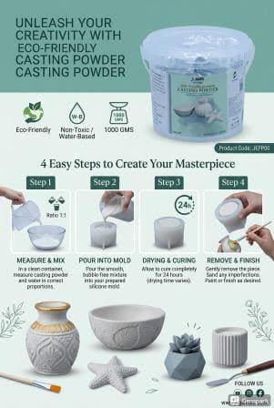 Eco Friendly Premium Casting Powder (1000g) is a premium-grade, non-toxic, and sustainable sculpting material designed for high-definition 3D hand castings, DIY home decor, and professional art projects.🌟
Key Product FeaturesEco-Friendly Formula:
 100% biodegradable and safe for skin contact.Ultra-Fine Texture: Captures intricate details, fingerprints, and fine lines perfectly.High Durability: Dries to a rock-hard, chalk-white finish that resists chipping.Easy to Mix: Smooth, lump-free consistency with an optimized curing time.Versatile Medium: Ideal for couples' hand molds, baby feet keepsakes, and resin-alternative crafts.
Jags casting powder 1000g, eco-friendly molding powder, premium casting plaster, 3D hand casting powder.
 Non-toxic sculpture powder, DIY hand mold kit refill, biodegradable casting medium, baby hand and footprint plaster, detailed art casting powder.
