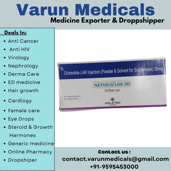 Netvica 30mg Injection contains the active substance octreotide. It is a synthetic compound derived from somatostatin, a substance naturally found in the human body that inhibits the effects of certain hormones, such as growth hormones. It is used to reduce the amount of growth hormone produced by people with acromegaly (a condition in which the body produces too much growth hormone, causing enlargement of the hands, feet, and facial features; joint pain; and other symptoms) who cannot be treated with surgery, radiation, or another medication. 