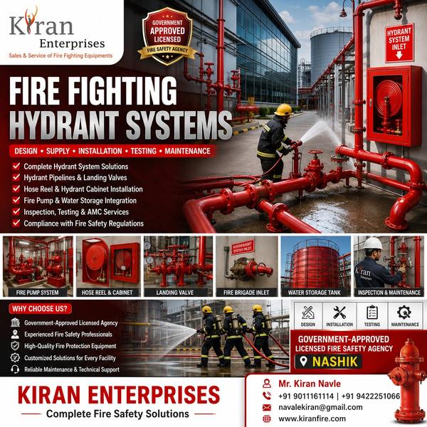 Fire Fighting Hydrant Systems in Nashik – Design, Installation & Maintenance ServicesReliable Fire Fighting Hydrant Systems for Maximum Fire ProtectionA Fire Fighting Hydrant System is one of the most effective and essential components of a building's fire protection infrastructure. Designed to provide a continuous and adequate water supply during fire emergencies, hydrant systems enable firefighters and trained personnel to quickly control and suppress fires before they escalate.KIRAN ENTERPRISES is a Government-Approved Licensed Fire Safety Agency in Nashik, specializing in the design, supply, installation, testing, commissioning, inspection, and maintenance of Fire Fighting Hydrant Systems for residential, commercial, industrial, and institutional facilities.What is a Fire Fighting Hydrant System?A Fire Fighting Hydrant System is a network of pipes, valves, pumps, hydrant outlets, hose reels, and water storage facilities designed to deliver water efficiently to firefighting equipment during an emergency.The system ensures immediate access to a reliable water source, significantly improving response time and reducing fire-related damage.Components of a Fire Hydrant SystemFire Hydrant ValvesStrategically installed hydrant outlets that provide access to water for firefighting operations.Fire PumpsHigh-performance pumps that maintain adequate water pressure throughout the hydrant network.Hose Reel SystemsQuick-response firefighting equipment designed for immediate use during emergencies.Underground & Overground Piping NetworkDurable piping systems that distribute water efficiently across the protected premises.Water Storage TanksDedicated water reservoirs that ensure an uninterrupted water supply during firefighting operations.Landing Valves & AccessoriesEssential firefighting components that facilitate efficient water discharge and fire suppression.Our Fire Hydrant System ServicesSystem Design & ConsultancyCustomized fire hydrant system designs based on building size, occupancy, risk assessment, and regulatory requirements.Supply & InstallationProfessional installation of hydrant systems using high-quality materials and certified equipment.Testing & CommissioningComprehensive testing to verify system performance, water pressure, and operational readiness.Inspection & Compliance SupportRoutine inspections and documentation support to ensure compliance with fire safety regulations.Repair & MaintenancePreventive maintenance and repair services to ensure the system remains fully functional and reliable.Annual Maintenance Contracts (AMC)Scheduled servicing, inspections, testing, and maintenance support for long-term system performance.Benefits of Fire Fighting Hydrant SystemsImmediate availability of water during fire emergenciesRapid fire suppression and controlProtection of lives, property, and assetsEnhanced safety for occupants and firefightersReduced fire damage and operational downtimeCompliance with fire safety regulations and standardsReliable protection for large buildings and industrial facilitiesApplications of Fire Hydrant SystemsOur hydrant systems are ideal for:Residential Complexes & Housing SocietiesCommercial Buildings & Corporate OfficesManufacturing Plants & Industrial FacilitiesWarehouses & Logistics CentersHospitals & Healthcare InstitutionsEducational CampusesHotels & Hospitality FacilitiesShopping Malls & Retail ComplexesGovernment Buildings & Public InfrastructureWhy Choose KIRAN ENTERPRISES?Government-Approved Licensed Fire Safety AgencyExperienced Fire Protection ProfessionalsComplete Fire Hydrant System SolutionsHigh-Quality Materials and EquipmentProfessional Installation and TestingAMC and Preventive Maintenance ServicesCompliance with Applicable Fire Safety StandardsReliable Technical Support and ServiceCustomized Solutions for Every ProjectFrequently Asked Questions (FAQs)Why is a fire hydrant system important?A fire hydrant system provides a continuous water supply for firefighting operations, enabling faster response and effective fire control during emergencies.How often should a hydrant system be inspected?Regular inspections and periodic testing should be conducted to ensure proper operation and compliance with fire safety requirements.Do fire hydrant systems require maintenance?Yes. Routine maintenance is essential to ensure pumps, valves, hoses, and other components remain operational and ready for use.Do you provide AMC services for hydrant systems?Yes, KIRAN ENTERPRISES offers comprehensive Annual Maintenance Contracts (AMC), inspections, testing, repairs, and servicing for fire hydrant systems.Contact KIRAN ENTERPRISESLooking for professional Fire Fighting Hydrant System installation, maintenance, or consultancy services in Nashik?Kiran NavleKIRAN ENTERPRISES📞 +91 9011161114 / +91 9422251066✉️ navalekiran@gmail.com🌐 www.kiranfire.comProtect your property with reliable Fire Fighting Hydrant Systems from KIRAN ENTERPRISES – your trusted fire safety partner in Nashik.