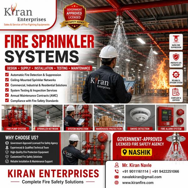 Fire Sprinkler Systems in Nashik – Design, Installation & Maintenance ServicesAdvanced Fire Sprinkler Systems for Reliable Fire ProtectionFire Sprinkler Systems are among the most effective fire protection solutions available today. Designed to detect heat and automatically discharge water when a fire occurs, sprinkler systems help control or extinguish fires at an early stage, minimizing damage to lives, property, and business operations.KIRAN ENTERPRISES is a Government-Approved Licensed Fire Safety Agency in Nashik, providing complete Fire Sprinkler System solutions including design, supply, installation, testing, commissioning, inspection, repair, and maintenance services for residential, commercial, industrial, and institutional facilities.What is a Fire Sprinkler System?A Fire Sprinkler System is an automatic fire suppression system consisting of a network of pipes connected to strategically placed sprinkler heads. When the temperature near a sprinkler head reaches a predetermined level, it activates automatically and releases water directly onto the affected area.This rapid response helps contain the fire before it spreads, significantly reducing fire damage and improving occupant safety.Types of Fire Sprinkler SystemsWet Pipe Sprinkler SystemThe most common type of sprinkler system, where water is constantly present in the pipes and discharged immediately when a sprinkler head activates.Dry Pipe Sprinkler SystemDesigned for areas exposed to freezing temperatures, using pressurized air in the pipes until activation occurs.Pre-Action Sprinkler SystemProvides an additional level of protection for sensitive environments such as data centers, server rooms, and museums.Deluge Sprinkler SystemUsed in high-hazard industrial environments where rapid fire suppression is critical.Our Fire Sprinkler System ServicesSystem Design & EngineeringCustomized sprinkler system designs based on building layout, occupancy, fire risk, and applicable fire safety standards.Supply & InstallationProfessional installation using high-quality sprinkler heads, piping systems, valves, and associated equipment.Testing & CommissioningComprehensive testing to ensure proper system performance, pressure levels, and operational readiness.Inspection & Compliance SupportRoutine inspections and documentation support to help meet fire safety regulations and insurance requirements.Repair & MaintenancePreventive maintenance and repair services to ensure long-term reliability and optimal performance.Annual Maintenance Contracts (AMC)Scheduled inspections, testing, servicing, and maintenance support for uninterrupted fire protection.Benefits of Fire Sprinkler SystemsAutomatic fire detection and suppressionRapid response during emergenciesReduced fire damage and lossesEnhanced occupant safetyProtection of valuable assets and infrastructureImproved compliance with fire safety regulationsReduced business interruption and downtimeReliable protection 24 hours a dayApplications of Fire Sprinkler SystemsOur fire sprinkler solutions are suitable for:Residential Buildings & Housing SocietiesCommercial OfficesIndustrial Plants & FactoriesWarehouses & Storage FacilitiesHospitals & Healthcare CentersEducational InstitutionsHotels & Hospitality PropertiesShopping Malls & Retail CentersData Centers & IT FacilitiesGovernment and Public BuildingsWhy Choose KIRAN ENTERPRISES?Government-Approved Licensed Fire Safety AgencyExperienced Fire Protection SpecialistsComplete Design, Installation, and Maintenance ServicesHigh-Quality Fire Sprinkler EquipmentCompliance with Applicable Fire Safety StandardsAMC and Preventive Maintenance SupportTimely Project ExecutionCompetitive Pricing and Reliable ServiceCustomized Fire Protection SolutionsFrequently Asked Questions (FAQs)How does a fire sprinkler system work?A sprinkler head activates automatically when exposed to high temperatures caused by a fire, releasing water directly onto the affected area to control or suppress the fire.Are all sprinkler heads activated at the same time?No. Only the sprinkler head exposed to sufficient heat activates, helping minimize water usage and property damage.How often should a sprinkler system be inspected?Regular inspections, testing, and maintenance are recommended to ensure compliance and operational readiness.Do you provide AMC services for fire sprinkler systems?Yes. KIRAN ENTERPRISES offers Annual Maintenance Contracts (AMC), periodic inspections, testing, repairs, and maintenance services for all types of fire sprinkler systems.Contact KIRAN ENTERPRISESLooking for professional Fire Sprinkler System installation, maintenance, or consultancy services in Nashik?Kiran NavleKIRAN ENTERPRISES📞 +91 9011161114 / +91 9422251066✉️ navalekiran@gmail.com🌐 www.kiranfire.comProtect your property with advanced Fire Sprinkler Systems from KIRAN ENTERPRISES – your trusted fire safety partner in Nashik.