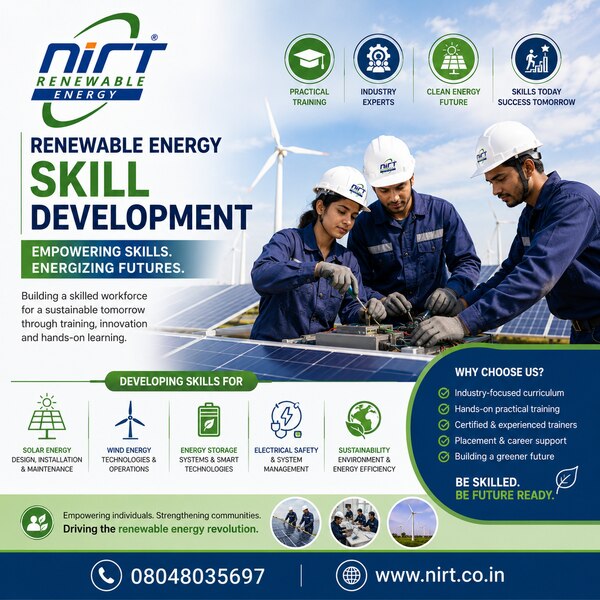 At NIRT Renewable Energy Pvt Ltd, we are committed to building a skilled workforce for the rapidly evolving renewable energy sector. Our Renewable Energy Skill Development programs are designed to equip students, professionals, technicians, and entrepreneurs with the knowledge and practical expertise required to succeed in the clean energy industry.We provide comprehensive training in key renewable energy technologies, including solar power systems, wind energy, energy storage solutions, electric mobility, and sustainable energy management. Through a combination of classroom learning, hands-on workshops, industry-oriented projects, and expert guidance, participants gain valuable technical and operational skills that meet current industry demands.