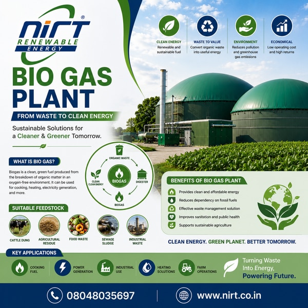 NIRT Renewable Energy Pvt Ltd provides innovative Biogas Plant solutions that convert organic waste into clean, renewable energy. Our biogas systems are designed to help households, farms, industries, institutions, and commercial establishments manage waste efficiently while producing a sustainable source of fuel and organic fertilizer.Biogas plants utilize biodegradable materials such as food waste, agricultural residues, animal manure, and organic industrial waste to generate methane-rich gas through a natural anaerobic digestion process. This renewable energy can be used for cooking, heating, electricity generation, and other energy applications, reducing dependence on conventional fuels.