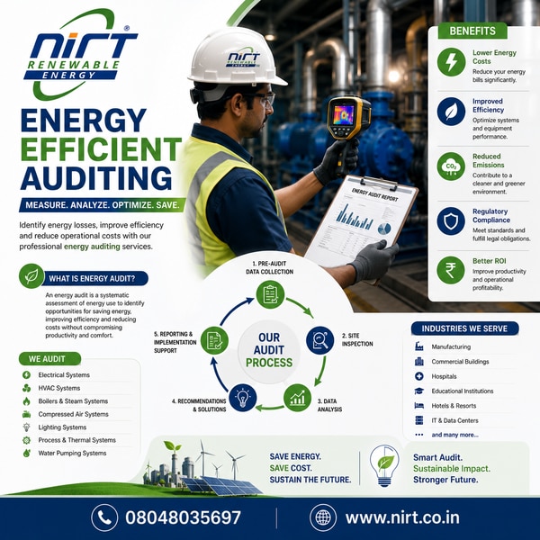 NIRT Renewable Energy Pvt Ltd offers comprehensive Energy Efficiency Auditing services to help organizations identify energy-saving opportunities, reduce operational costs, and improve overall energy performance. Our audits provide detailed insights into energy consumption patterns, enabling businesses, industries, commercial facilities, and institutions to optimize resource utilization and achieve sustainable growth.Our experienced energy professionals conduct systematic assessments of electrical systems, equipment, processes, and energy usage to uncover inefficiencies and recommend practical improvement measures. By implementing our recommendations, clients can lower energy expenses, enhance productivity, and reduce their environmental impact.
