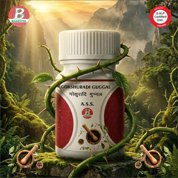 GOKSHURADI GUGGULProduct Identification • Generic Name: Gokshuradi Guggul• Type: Ayurvedic Polyherbal Formulation• Primary Indication Area: Prameha (urinary disorders including diabetes mellitus support)Therapeutic Indications: Traditionally used for managing:o Prameha (Madhumeha / diabetes-like conditions) – supports metabolic and urinary system balance o Mutravikara (urinary disorders) – helps in regulating urinary frequency and function o Medo-dosha imbalance (lipid/metabolic disorders) – supports fat metabolism and weight-related metabolic issues o Kapha-vata disorders – helps in balancing doshas associated with metabolic syndrome o General metabolic weakness – used as a supportive formulation in chronic metabolic conditionsKey Benefits:• Supports management of Prameha (diabetes-related metabolic imbalance)Traditionally used to help maintain balance in urinary and metabolic functions associated with Prameha.Srotas support)Supports healthy urinary frequency and flow, often affected in metabolic disorders.• Promotes healthy lipid and fat metabolismHelps manage “Medo-dosha” imbalance, which is linked with obesity and insulin resistance in Ayurveda.• Supports blood sugar balance (adjunct role)May help in maintaining glucose metabolism as a supportive Ayurvedic formulation (not a standalone diabetes treatment).• Reduces Kapha-related metabolic heavinessTraditionally used to address sluggish metabolism, heaviness, and water retention tendencies.• Supports detoxification and removal of metabolic wastes (Ama reduction)Helps improve digestion and metabolic processing, which is considered important in Prameha management.• Supports kidney and urinary tract healthGokshura content traditionally supports renal and urinary system functionFORMULAEach Tablet contains: Gokshura 1.344 kgShuddha Guggulu 336gAmalaki 48gHaritaki 48gBibhitaki 48gSunthi 48gMarich 48gPippali 48gMusta 48gWater 8.0641 reduced to 4.0321 1. Gokshura (Tribulus terrestris)• Botanical/Scientific Name: Tribulus terrestrisRasa–Guna–Vīrya–Vipāka:• Rasa: Madhura (Sweet), Kaṣāya (Astringent)• Guna: Guru (Heavy), Snigdha (Unctuous)• Vīrya: Śīta (Cooling)• Vipāka: Madhura (Sweet)Prabhāva:• Mutrala / Vrishya – Supports urinary system health and metabolic balance in PramehaMechanism of Action (Karma):• Mutravaha Srotas Shodhana Karma: Supports urinary tract function and regulates urinary frequency• Balya Karma: Improves strength and tissue nourishment• Kapha-Medo Hara Karma: Helps in reducing Kapha and fat-related metabolic imbalance2. Shuddha Guggulu (Commiphora mukul)• Botanical/Scientific Name: Commiphora mukulRasa–Guna–Vīrya–Vipāka:• Rasa: Tikta (Bitter), Kaṭu (Pungent)• Guna: Laghu (Light), Rūkṣa (Dry), Sara (Mobile)• Vīrya: Uṣṇa (Hot)• Vipāka: Kaṭu (Pungent)Prabhāva:• Yogavāhi / Lekhana – Enhances bioavailability and scrapes metabolic toxins (Medo-dosha)Mechanism of Action (Karma):• Medo-Hara Karma: Reduces excess fat and supports lipid metabolism• Shothahara Karma: Reduces inflammation and swelling• Yogavāhi Karma: Enhances delivery and action of other herbs in the formulation3. Amalaki (Emblica officinalis)• Botanical/Scientific Name: Emblica officinalisRasa–Guna–Vīrya–Vipāka:• Rasa: Pancha Rasa (All tastes except Lavana), mainly Amla dominant• Guna: Laghu (Light), Ruksha (Dry)• Vīrya: Śīta (Cooling)• Vipāka: Madhura (Sweet)Prabhāva:• Rasayana – Potent rejuvenator and antioxidant supportMechanism of Action (Karma):• Rasayana Karma: Supports tissue regeneration and immunity• Antioxidant Karma: Reduces oxidative stress in metabolic disorders• Pitta-Shamana Karma: Helps regulate heat and metabolic imbalance4. Haritaki (Terminalia chebula)• Botanical/Scientific Name: Terminalia chebulaRasa–Guna–Vīrya–Vipāka:• Rasa: Pancha Rasa (all except Lavana)• Guna: Laghu (Light), Ruksha (Dry)• Vīrya: Uṣṇa (Hot)• Vipāka: Madhura (Sweet)Prabhāva:• Anulomana – Promotes proper bowel movement and detoxificationMechanism of Action (Karma):• Deepana-Pachana Karma: Improves digestion and metabolic efficiency• Anulomana Karma: Supports proper elimination of waste• Ama-Pachana Karma: Reduces metabolic toxins linked with Prameha5. Bibhitaki (Terminalia bellirica)• Botanical/Scientific Name: Terminalia belliricaRasa–Guna–Vīrya–Vipāka:• Rasa: Kaṣāya (Astringent)• Guna: Laghu (Light), Ruksha (Dry)• Vīrya: Uṣṇa (Hot)• Vipāka: Madhura (Sweet)Prabhāva:• Kapha-Hara – Reduces excess mucus and metabolic congestionMechanism of Action (Karma):• Kapha-Medo Hara Karma: Helps in lipid and metabolic regulation• Detoxifying Karma: Supports removal of accumulated toxins• Metabolic Balancing Karma: Supports healthy digestion and metabolism6. Sunthi (Zingiber officinale)• Botanical/Scientific Name: Zingiber officinaleRasa–Guna–Vīrya–Vipāka:• Rasa: Kaṭu (Pungent)• Guna: Laghu (Light), Snigdha (Slightly unctuous)• Vīrya: Uṣṇa (Hot)• Vipāka: Madhura (Sweet)Prabhāva:• Deepana-Pachana – Strong digestive and metabolic stimulantMechanism of Action (Karma):• Agni-Deepana Karma: Enhances digestive and metabolic fire• Shothahara Karma: Reduces inflammation• Bioavailability Enhancement Karma: Improves absorption of other herbs7. Marich (Piper nigrum)• Botanical/Scientific Name: Piper nigrumRasa–Guna–Vīrya–Vipāka:• Rasa: Kaṭu (Pungent)• Guna: Laghu (Light), Ruksha (Dry), Tikshna (Sharp)• Vīrya: Uṣṇa (Hot)• Vipāka: Kaṭu (Pungent)Prabhāva:• Yogavāhi – Enhances potency and absorption of other ingredientsMechanism of Action (Karma):• Agni-Deepana Karma: Improves metabolism and digestion• Kapha-Hara Karma: Reduces excess Kapha and heaviness• Bioenhancer Karma: Increases bioavailability of active compounds8. Pippali (Piper longum)• Botanical/Scientific Name: Piper longumRasa–Guna–Vīrya–Vipāka:• Rasa: Kaṭu (Pungent)• Guna: Laghu (Light), Snigdha (Unctuous)• Vīrya: Uṣṇa (Hot)• Vipāka: Madhura (Sweet)Prabhāva:• Rasayana – Rejuvenative and bioenhancing herbMechanism of Action (Karma):• Agni-Deepana Karma: Enhances metabolic activity• Rasayana Karma: Supports tissue nourishment and strength• Vata-Kapha Shamana Karma: Balances doshas linked to metabolic disorders9. Musta (Cyperus rotundus)• Botanical/Scientific Name: Cyperus rotundusRasa–Guna–Vīrya–Vipāka:• Rasa: Tikta (Bitter), Kaṣāya (Astringent)• Guna: Laghu (Light), Ruksha (Dry)• Vīrya: Śīta (Cooling)• Vipāka: Kaṭu (Pungent)Prabhāva:• Tridosha Shamana – Balances all three doshas, especially Pitta and KaphaMechanism of Action (Karma):• Deepana-Pachana Karma: Improves digestion and metabolic regulation• Prameha Hara Karma: Supports management of urinary and metabolic disorders• Stambhana Karma: Helps regulate excessive secretions and fluid imbalanceGeneral Ayurvedic dosage (adults):Tablet/Capsule: 1–2 tablets (250–500 mg each) Frequency: 2 times a day Timing: After food (usually with lukewarm water)gokshuradi guggulu, gokshuradi guggulu benefits in hindigokshuradi guggulu uses, gokshuradi guggulu uses in hindigokshuradi guggulu ingredients, gokshuradi guggulu uses for malegokshuradi guggulu ingredients in hindi, gokshuradi guggulu benefits for malegokshuradi guggulu price, gokshuradi guggulu and chandraprabha vatigokshuradi guggulu ayurvedic medicine, gokshuradi guggulu amazongokshuradi guggulu ayurvedic medicine uses, gokshuradi guggulu ayurvedic tabletgokshuradi guggulu benefits, gokshuradi guggulu benefits for femalegokshuradi guggulu benefits for male in hindi, gokshuradi guggulu best brandgokshuradi guggulu before or after food, gokshuradi guggulu contentsgokshuradi guggulu composition, gokshuradi guggulu dosagegokshuradi guggulu divya, gokshuradi guggulu ds tablet usesgokshuradi guggulu dose per day, gokshuradi guggulu easy ayurvedagokshuradi guggulu easy, gokshuradi guggulu uses easy ayurvedagokshuradi guggulu for weight loss, gokshuradi guggulu fayde in hindigokshuradi guggulu goli, gokshuradi guggulu goli ke faydewhat is gokshuradi guggulu good for, gokshuradi guggulu how to takegokshuradi guggulu hindi use, gokshuradi guggulu how long to takegokshuradi guggulu how to use, gokshuradi guggulu health benefitsgokshuradi guggulu helps in weight loss, gokshuradi guggulu in hindigokshuradi guggulu is used for, gokshuradi guggulu indicationwhat is gokshuradi guggulu used for, what is gokshuradi guggulugokshuradi guggulu ke fayde, gokshuradi guggulu ke fayde in hindigokshuradi guggulu kis kaam aati hai, gokshuradi guggulu kaise khayegokshuradi guggulu lene ka tarika, gokshuradi guggulu lene ke faydegokshuradi guggulu kab lena chahiye, gokshuradi guggulu kis liye hota haigokshuradi guggulu medicine, gokshuradi guggulu mrp, gokshuradi guggulu medicine usesgokshuradi guggulu near me, gokshuradi guggulu scientific name, gokshuradi guggulu botanical namegokshuradi guggulu online, benefits of gokshuradi guggulu, uses of gokshuradi gugguluingredients of gokshuradi guggulu, uses of gokshuradi guggulu in hindi, benefits of gokshuradi guggulu in hindidosage of gokshuradi guggulu, gokshuradi guggulu plant, gokshuradi guggulu powdergokshuradi guggulu price in india, gokshuradi guggulu review, gokshuradi guggulu rategokshuradi guggulu tablet, gokshuradi guggulu tablets benefits, gokshuradi guggulu tablet usesgokshuradi guggulu tablet uses in hindi, gokshuradi guggulu tablet ke faydegokshuradi guggulu tablet price, gokshuradi guggulu tablets benefits in hindigokshuradi guggulu tablet dosage, gokshuradi guggulu when to takegokshuradi guggul tablet, tablet gokshuradi guggulu, is gokshuradi guggulu good for kidney