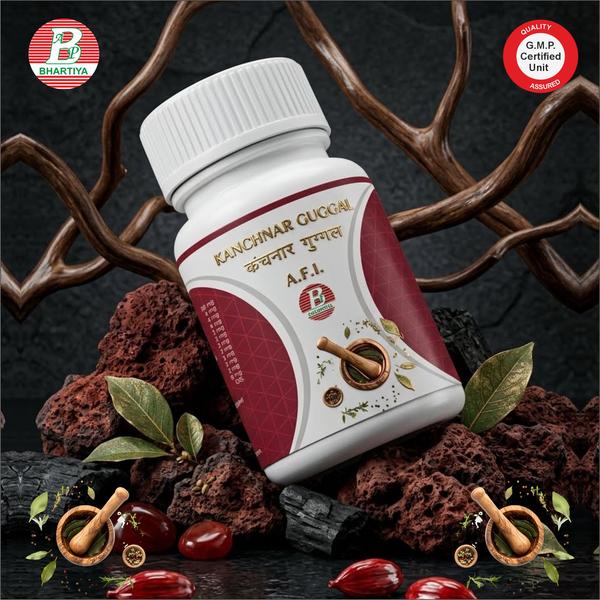 KACHNAR GUGGULProduct Identification• Generic Name: Kachnar Guggul • Type: Ayurvedic Polyherbal Formulation • Primary Indication Area: Glandular disorders, thyroid support, lymphatic congestion, and abnormal growths. • Therapeutic Indications: Traditionally used for managing enlarged lymph nodes, thyroid enlargement (Galaganda), cysts, fibroids, lipomas, and other Kapha-related swellings.Key Benefits:• Thyroid Support: Helps maintain healthy thyroid function and manage thyroid enlargement. • Reduces Swelling: Supports the reduction of glandular and lymphatic swellings. • Manages Cysts & Fibroids: Traditionally used for benign growths such as cysts, fibroids, and lipomas. • Lymphatic Health: Promotes healthy lymphatic drainage and detoxification. • Kapha Balance: Helps balance excess Kapha and supports metabolic health. • Anti-inflammatory Action: Helps relieve inflammation and discomfort associated with swellings. FORMULAEach Tablet contains: Kachnar Tvak 480Guggul 996 gHaritaki 96gBibhitaki 96gAmalaki 96gDry Ginger 48gBlack Pepper 48gLong Pepper 48gVaruna 12gCardamom 48gCinnamon 12gTejapatra 12gIngredients:1. Kachnar Tvak (Bauhinia variegata) Botanical/Scientific Name: Bauhinia variegata Linn.Rasa–Guna–Vīrya–Vipāka:• Rasa: Kaṣāya (Astringent), Tikta (Bitter)• Guna: Laghu (Light), Rūkṣa (Dry)• Vīrya: Śīta (Cooling)• Vipāka: Kaṭu (Pungent)Prabhāva: Granthi-Śothahara (Helps reduce glandular swellings and abnormal growths)Mechanism of Action (Karma)1. Granthi-Nāśaka Karmao Helps reduce glandular enlargements, nodules, cysts, and abnormal tissue growths. 2. Śothahara Karmao Assists in reducing inflammation and localized swellings. 3. Kapha-Medo Hara Karmao Helps alleviate excess Kapha and unhealthy tissue accumulation. 4. Rakta Śodhaka Karmao Supports blood purification and healthy tissue metabolism. 5. Lekhana Karmao Helps in the reduction of excess tissue growth and metabolic congestion.2. Guggul (Commiphora mukul) Botanical/Scientific Name: Commiphora mukul• Rasa–Guna–Vīrya–Vipāka:• Rasa: Tikta (Bitter), Kaṭu (Pungent), Kaṣāya (Astringent)• Guna: Laghu (Light), Rūkṣa (Dry), Tikṣṇa (Sharp), Sara (Mobile)• Vīrya: Uṣṇa (Hot)• Vipāka: Kaṭu (Pungent)Prabhāva: Lekhana, Yogavāhī (Scraping and bio-enhancing action)Mechanism of Action (Karma)1. Lekhana Karmao Helps reduce excess fat, Kapha accumulation, and abnormal tissue growths. 2. Śothahara Karmao Reduces inflammation and swelling. 3. Āma Pachana Karmao Helps digest metabolic toxins (Ama). 4. Srotoshodhana Karmao Cleanses body channels and improves circulation. 5. Yogavāhī Karmao Enhances the potency of other herbs in the formulation. 3. Haritaki (Terminalia chebula) Botanical/Scientific Name: Terminalia chebulaRasa–Guna–Vīrya–Vipāka:• Rasa: Pancharasa (except Lavana), predominance Kaṣāya• Guna: Laghu (Light), Rūkṣa (Dry)• Vīrya: Uṣṇa (Hot)• Vipāka: Madhura (Sweet)Prabhāva: Tridoṣa ŚāmakaMechanism of Action (Karma)1. Deepana Karmao Improves digestive fire. 2. Pachana Karmao Helps digest and remove Ama (toxins). 3. Anulomana Karmao Supports proper bowel movement and detoxification. 4. Rasāyana Karmao Rejuvenates tissues and supports longevity. 4. Bibhitaki (Terminalia bellirica) Botanical/Scientific Name: Terminalia belliricaRasa–Guna–Vīrya–Vipāka:• Rasa: Kaṣāya (Astringent)• Guna: Laghu (Light), Rūkṣa (Dry)• Vīrya: Śīta (Cooling)• Vipāka: Madhura (Sweet)Prabhāva: Kapha-Pitta ŚāmakaMechanism of Action (Karma)1. Kapha Hara Karmao Reduces mucus and congestion. 2. Shothahara Karmao Reduces inflammation and swelling. 3. Shwasahara Karmao Supports respiratory health. 4. Pachana Karmao Aids digestion and detoxification. 5. Amalaki (Emblica officinalis) Botanical/Scientific Name: Emblica officinalisRasa–Guna–Vīrya–Vipāka:• Rasa: Pancharasa (predominantly Amla)• Guna: Guru (Heavy), Rūkṣa (Dry)• Vīrya: Śīta (Cooling)• Vipāka: Madhura (Sweet)Prabhāva: Rasāyana (Rejuvenative)Mechanism of Action (Karma)1. Rasāyana Karmao Rejuvenates body tissues and supports longevity. 2. Antioxidant Karmao Protects cells from oxidative stress. 3. Rakta Śodhaka Karmao Purifies blood and supports skin/tissue health. 4. Immunity Enhancer Karmao Strengthens natural defense system. 6. Shunthi (Zingiber officinale) Botanical/Scientific Name: Zingiber officinale (Dry Ginger)Rasa–Guna–Vīrya–Vipāka:• Rasa: Kaṭu (Pungent)• Guna: Laghu (Light), Snigdha (Unctuous)• Vīrya: Uṣṇa (Hot)• Vipāka: Madhura (Sweet)Prabhāva: Deepana–PachanaMechanism of Action (Karma)1. Agni Deepana Karmao Enhances digestive fire. 2. Ama Pachana Karmao Helps remove toxins. 3. Śothahara Karmao Reduces inflammation. 4. Shwasahara Karmao Supports respiratory health. 7.Maricha (Black Pepper) Botanical/Scientific Name: Piper nigrumRasa–Guna–Vīrya–Vipāka:• Rasa: Kaṭu (Pungent)• Guna: Laghu (Light), Rūkṣa (Dry), Tikṣṇa (Sharp)• Vīrya: Uṣṇa (Hot)• Vipāka: Kaṭu (Pungent)Prabhāva: Yogavāhī (Bio-enhancer)Mechanism of Action (Karma)1. Deepana Karmao Improves digestion and metabolism. 2. Bioavailability Enhancer Karmao Increases absorption of other herbs. 3. Kapha Hara Karmao Reduces mucus and congestion. 8. Pippali (Piper longum) Botanical/Scientific Name: Piper longumRasa–Guna–Vīrya–Vipāka:• Rasa: Kaṭu (Pungent)• Guna: Laghu (Light), Snigdha (Unctuous)• Vīrya: Uṣṇa (Hot)• Vipāka: Madhura (Sweet)Prabhāva: Rasāyana, ShwasaharaMechanism of Action (Karma)1. Shwasahara Karmao Supports respiratory function and clears Kapha. 2. Agni Deepana Karmao Improves digestion. 3. Kapha Hara Karmao Reduces congestion. 4. Rasāyana Karmao Rejuvenates body tissues. 9. Varuna (Crataeva nurvala) Botanical/Scientific Name: Crataeva nurvalaRasa–Guna–Vīrya–Vipāka:• Rasa: Tikta (Bitter), Kaṣāya (Astringent)• Guna: Laghu (Light), Rūkṣa (Dry)• Vīrya: Śīta (Cooling)• Vipāka: Kaṭu (Pungent)Prabhāva: Granthi-ŚothaharaMechanism of Action (Karma)1. Granthi Hara Karmao Helps reduce cysts and glandular swellings. 2. Mutrala Karmao Supports urinary tract cleansing. 3. Śothahara Karmao Reduces inflammation and swelling. 10. Ela (Cardamom) Botanical/Scientific Name: Elettaria cardamomumRasa–Guna–Vīrya–Vipāka:• Rasa: Madhura (Sweet), Kaṭu (Pungent), Tikta (Bitter)• Guna: Laghu (Light), Snigdha (Unctuous)• Vīrya: Śīta (Cooling)• Vipāka: Madhura (Sweet)Prabhāva: Hṛdya, DīpanaMechanism of Action (Karma)1. Deepana Karmao Improves digestion. 2. Hṛdya Karmao Supports heart health. 3. Shwasahara Karmao Improves respiration. 11. Tvak (Cinnamon) Botanical/Scientific Name: Cinnamomum zeylanicumRasa–Guna–Vīrya–Vipāka:• Rasa: Kaṭu (Pungent), Tikta (Bitter), Madhura (Sweet)• Guna: Laghu (Light), Rūkṣa (Dry), Tikṣṇa (Sharp)• Vīrya: Uṣṇa (Hot)• Vipāka: Kaṭu (Pungent)Prabhāva: Agni DeepanaMechanism of Action (Karma)1. Agni Deepana Karmao Enhances metabolism. 2. Kapha Hara Karmao Reduces congestion. 3. Rakta Sancharana Karmao Improves blood circulation. 12. Tejapatra (Indian Bay Leaf) Botanical/Scientific Name: Cinnamomum tamalaRasa–Guna–Vīrya–Vipāka:• Rasa: Kaṭu (Pungent), Tikta (Bitter)• Guna: Laghu (Light), Rūkṣa (Dry)• Vīrya: Uṣṇa (Hot)• Vipāka: Kaṭu (Pungent)Prabhāva: Kapha-Vāta ŚāmakaMechanism of Action (Karma)1. Deepana Karmao Improves digestion. 2. Kapha Hara Karmao Reduces mucus and congestion. 3. Srotoshodhana Karmao Clears blocked channels and supports detoxification. General Ayurvedic dosage (adults):Tablet/Capsule: 1–2 tablets (250–500 mg each) Frequency: 2 times a day Timing: After food (usually with lukewarm water)kanchnar guggulu uses, kanchnar guggulu, kanchnar guggulkanchnar guggul benefits in hindi, kanchnar guggulu uses in hindikanchnar guggul price, kanchnar guggul benefits, kanchnar guggulu tabletkanchnar guggul ke fayde, kanchnar guggulu amazon, kanchnar guggul ayurvedic medicinekanchnar guggul ayurvedic medicine uses in hindi, kanchnar guggul and guggulkanchnar guggul ayurvedic, kanchnar guggul ayurveda, kanchnar guggul ayurvedic tabletkanchnar guggul buy online, kanchnar guggul benefits for female, kanchnar guggul benefits for malekanchnar guggul before or after meal, kanchnar guggul composition, kanchnar guggul capsulekanchnar guggul content, kanchnar guggul dosage, kanchnar guggul dose, kanchnar guggul dose per daykanchnar guggul english name, kanchnar guggul effects, kanchnar guggul in english, what is kanchnar guggulkanchnar guggul for weight loss, kanchnar guggul for men, kanchnar guggul fayde in hindi, kanchnar guggul golikanchnar guggul gutika, kanchnar guggul guti uses in hindi, kanchnar guggul goli ke faydekanchnar guggul ganth ke fayde, kanchnar guggul good for liver, kanchnar guggul hindi, kanchnar guggulu himalayakanchnar guggul how to take, kanchnar guggul herb, kanchnar guggul how to use, kanchnar guggul how many days to takekanchnar guggul hindi use, kanchnar guggul in hindi, kanchnar guggul ingredients, kanchnar guggul imagekanchnar guggul is used for, kanchnar guggul in hindi benefits, kanchnar guggul jadi buti, kanchnar guggul for joint paindoes kanchanar guggulu work, kanchnar guggul zandu, kanchnar juice, kanchnar guggul kaise khayekanchnar guggul kis kam aata hai, kanchnar guggul khane ke fayde, kanchnar guggul kya haikanchnar guggul ka kya kam hai, kanchnar guggul lene ka tarika, kanchnar guggul lene ke faydekanchnar guggul medicine uses, kanchnar guggul me kya hota hai, kanchnar guggul made ofkanchnar guggul mrp, kanchnar guggul medicine price, kanchnar guggul marathikanchnar guggul near me, kanchnar guggul botanical name, kanchnar guggul scientific namekanchnar guggul online, kanchnar guggul order online, kanchnar guggul originalkanchnar guggul on amazon, kanchnar guggul order, benefits of kanchnar gugguluses of kanchnar guggul