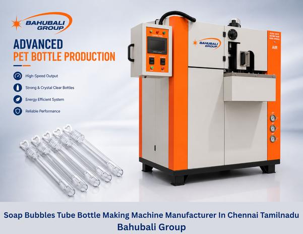 Soap Bubbles Tube Bottle Making Machine Manufacturer In Chennai TamilnaduBahubali Group manufactures advanced Soap Bubbles Tube Bottle Making Machines specially designed for producing PET bottles and tubes used for soap bubbles, sugar coated saunf, candies, toys, confectionery products, mouth fresheners, and other small packaging applications.Our machines are available in Single and Multi Cavity models with production output starting from 1500+ bottles per hour in Single Cavity. The machine delivers excellent bottle clarity, high strength, and stable production with almost zero rejection.Key FeaturesAvailable in Single & Multi CavitiesOutput Starts from 1500+ Bottles Per Hour in Single CavityRejection Almost ZeroNegligible MaintenanceLow Grammage Preform with High Strength in BottleAdvanced PLC Control SystemLess Manpower RequirementEasy OperationQuick Mould ChangingLess High Pressure with More Bottle StrengthGood Online Technical SupportBahubali Soap Bubble Tube Bottle machines are widely used for manufacturing:Soap Bubble TubesToy Bubble BottlesSugar Coated Saunf BottlesSmall Candy BottlesMouth Freshener BottlesChocolate Pellet ContainersConfectionery BottlesJelly Candy ContainersSmall FMCG BottlesPromotional Toy BottlesWe supply machines across Chennai including Ambattur Industrial Estate, Guindy Industrial Estate, SIDCO Industrial Estate, Sriperumbudur, Oragadam, Maraimalai Nagar, Irungattukottai, Thirumudivakkam, Red Hills, Gummidipoondi, Poonamallee, and Kattupalli industrial regions.Our machines are also widely supplied in Vellore, Ranipet, Kanchipuram, Tiruvallur, Puducherry, Chengalpattu, Hosur, Salem, Tiruchirappalli, and Coimbatore for various PET packaging applications.The machine is equipped with advanced PLC control, efficient infrared heating technology, precision blowing systems, and optimized air management for reliable production. Quick mould changing and easy operation help manufacturers switch between different bottle shapes and sizes with minimal downtime.Bahubali Group also provides machine installation, mould guidance, operator training, maintenance assistance, and fast online technical support to ensure smooth production and customer satisfaction.Contact Bahubali Group today for machine videos, technical specifications, pricing details, and complete PET bottle manufacturing solutions.