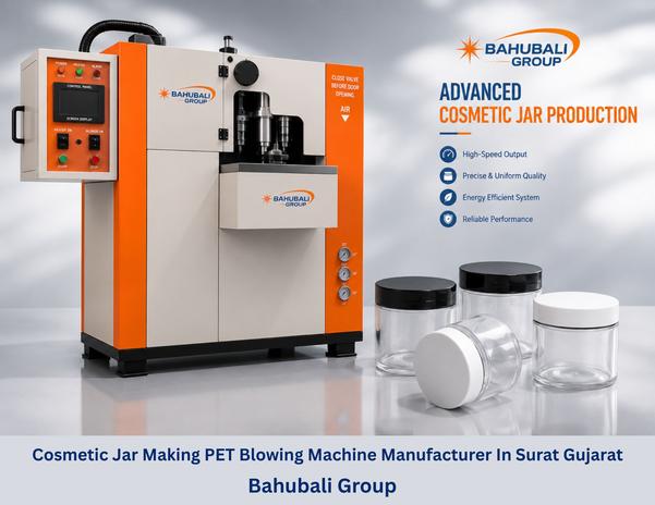 Cosmetic Jar Making PET Blowing Machine Manufacturer In Surat GujaratBahubali Group manufactures advanced Cosmetic Jar Making PET Blowing Machines specially designed for producing cosmetic jars, cream jars, pickle jars, confectionery jars, dry fruit jars, candy jars, and other small PET jar packaging products. The machine is designed for stable production, excellent jar quality, and easy operation.Our machines are available in Single and Multi Cavity models with production output starting from 1200+ jars per hour in Single Cavity and more in multi cavity machines. The system produces jars with excellent transparency, smooth finishing, and high strength while maintaining almost zero rejection.Key FeaturesAvailable in Single & Multi CavitiesOutput Starts from 1200+ Jars Per Hour in Single CavityRejection Almost ZeroNegligible MaintenanceLow Grammage Preform with High Strength in JarAdvanced PLC Control SystemLess Manpower RequirementEasy OperationQuick Mould ChangingLess High Pressure with More Jar StrengthGood Online Technical SupportBahubali PET jar blowing machines are widely used for manufacturing:Cosmetic JarsCream JarsFace Wash JarsHair Mask ContainersPickle JarsConfectionery JarsCandy JarsDry Fruit JarsMouth Freshener ContainersChocolate and Sweet Packaging JarsProtein Powder JarsFMCG Packaging JarsWe supply machines across Surat including Sachin GIDC, Pandesara GIDC, Udhna, Kadodara, Palsana, Kim, Olpad, Mangrol, Hazira, Bardoli, Dindoli, Katargam, Varachha, Bagumara, and nearby industrial regions.Our machines are also widely used in Ahmedabad, Vadodara, Bharuch, Ankleshwar, Vapi, Navsari, Silvassa, Rajkot, Bhavnagar, Valsad, and other major manufacturing hubs of Gujarat.The machine is equipped with advanced PLC control, efficient infrared heating technology, precision blowing systems, and optimized air management for reliable production. Quick mould changing and easy operation help manufacturers produce different jar sizes with minimum downtime.Bahubali Group also provides machine installation, mould guidance, operator training, maintenance assistance, and fast online technical support to ensure smooth production and customer satisfaction.Contact Bahubali Group today for machine videos, technical specifications, pricing details, and complete PET jar manufacturing solutions.