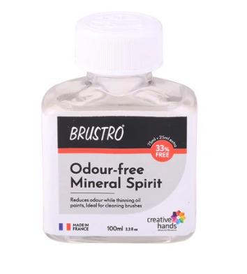 Brustro Professional Odour-Free Mineral Spirits 100ml Pack contains 100 ml of Oduor-free Mineral Spirits Oil Medium.2. Brustro mineral sprit are for Artists sensitive to Oduors, this medium reduces the Oduor while thinning the oil paint just like turpentine oil.3. It is ideal for cleaning brushes as well.4. It does not leave any trace upon drying and evaporates slowly without degrading over time.5. It does not leave any trace upon drying and evaporates slowly without degrading over time.Brustro mineral spirit is for Artists sensitive to odors, this medium reduces the odor while thinning the oil paint just like turpentine oil. It is ideal for cleaning brushes as well. It does not leave any trace upon drying and evaporates slowly without degrading over time.
