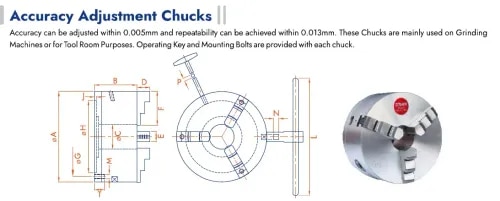 Here is website-ready product content for the Zither Accuracy Adjustment Chuck (AAC) supplied by Sai Truman Enterprises, an authorized dealer of Zither machine tool accessories in Pune. The technical details are based on the manufacturer's published specifications.Zither Accuracy Adjustment Chuck (AAC)The Zither Accuracy Adjustment Chuck (AAC) is a premium precision workholding solution designed for applications requiring extremely accurate concentricity. It is widely used in grinding machines, tool rooms, precision turning, and inspection applications where fine adjustment and repeatable clamping are essential.Manufactured from high-quality alloy cast iron with hardened and heat-treated steel components, the chuck delivers exceptional rigidity, durability, and long service life. The built-in adjustment mechanism enables fine concentricity correction up to 0.005 mm, while repeatability can be achieved within 0.013 mm, ensuring consistent machining accuracy.Key FeaturesPrecision accuracy adjustment for high concentricityAvailable in 3-Jaw (AAC-3) and 6-Jaw (AAC-6) configurationsAlloy high-strength cast iron body for maximum rigidityHardened and precision-ground steel componentsSuitable for grinding, tool room, inspection, and precision machiningLong service life with reliable repeatabilitySteel body models available on requestSupplied complete with operating key and mounting boltsApplicationsTool Room OperationsCylindrical Grinding MachinesPrecision TurningInspection FixturesHigh-Accuracy MachiningComponent Reworking