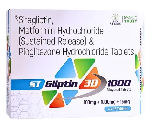 Managing type 2 diabetes often requires more than a single medication to achieve long-term blood sugar control. Sitagliptin 100mg Metformin Hydrochloride 1000mg Sustained Release Pioglitazone 15 mg is a triple-combination prescription medicine formulated to help adults with type 2 diabetes maintain healthy glucose levels when diet, exercise, and single-drug therapy are not enough.

This advanced combination works through three different mechanisms to improve insulin sensitivity, reduce glucose production by the liver, and enhance the body's natural insulin response after meals. Because of its multi-action approach, it is frequently prescribed by healthcare professionals for patients requiring comprehensive glycemic control.

If you are searching for Sitagliptin 100mg Metformin Hydrochloride 1000mg Sustained Release Pioglitazone 15 mg, this guide covers everything you need to know—including how it works, benefits, dosage information, side effects, precautions, storage, and frequently asked questions.

What is Sitagliptin 100mg Metformin Hydrochloride 1000mg Sustained Release Pioglitazone 15 mg?

Sitagliptin 100mg Metformin Hydrochloride 1000mg Sustained Release Pioglitazone 15 mg is a prescription oral anti-diabetic medicine used to manage Type 2 Diabetes Mellitus. It combines three clinically proven medicines into one convenient tablet to provide better blood sugar management throughout the day.

The formulation contains:

Sitagliptin 100 mg – A DPP-4 inhibitor that increases incretin hormones to improve insulin secretion.
Metformin Hydrochloride 1000 mg Sustained Release – A biguanide that lowers glucose production by the liver and improves insulin sensitivity.
Pioglitazone 15 mg – A thiazolidinedione that enhances the body's response to insulin.

Together, these ingredients target multiple causes of high blood sugar, helping patients achieve better diabetes control while reducing the need for multiple separate medications.

How Does Sitagliptin 100mg Metformin Hydrochloride 1000mg Sustained Release Pioglitazone 15 mg Work?

This triple-combination tablet works through complementary mechanisms:

1. Sitagliptin

Sitagliptin inhibits the DPP-4 enzyme, allowing incretin hormones to remain active longer. These hormones increase insulin release after meals and reduce excess glucagon production.

2. Metformin SR

Metformin Sustained Release decreases glucose production in the liver, reduces intestinal glucose absorption, and improves insulin sensitivity without causing excessive insulin release.

3. Pioglitazone

Pioglitazone improves insulin sensitivity in muscle and fat tissues, enabling cells to utilize glucose more effectively.

The combination helps maintain consistent blood sugar levels throughout the day while lowering both fasting and post-meal glucose.

Why is This Triple Combination Important?

Type 2 diabetes progresses over time, making it difficult for many patients to control blood sugar using a single medication. A triple therapy offers several advantages:

Better HbA1c reduction
Multiple mechanisms of action
Reduced insulin resistance
Improved post-meal glucose control
Lower fasting blood sugar
Simplified treatment with one tablet
Improved medication adherence
Reduced need for additional medications

Healthcare providers often prescribe this combination when dual therapy no longer provides adequate glucose control.

Key Benefits of Sitagliptin 100mg Metformin Hydrochloride 1000mg Sustained Release Pioglitazone 15 mg
Excellent Blood Sugar Control

The medicine helps reduce both fasting and postprandial blood glucose levels effectively.

Triple Mechanism of Action

Each ingredient targets a different pathway involved in diabetes, resulting in more comprehensive glycemic control.

Improved Insulin Sensitivity

Pioglitazone increases insulin responsiveness, helping the body utilize glucose more efficiently.

Reduced Liver Glucose Production

Metformin decreases glucose release from the liver, preventing unnecessary increases in blood sugar.

Supports Long-Term Diabetes Management

Regular use, alongside lifestyle modifications, contributes to improved HbA1c levels and reduced diabetes-related complications.

Convenient Once-Daily Regimen

Combining three medicines into a single tablet improves treatment convenience and supports better compliance.

Who May Benefit from This Medicine?

Healthcare professionals may prescribe this medication for adults with Type 2 Diabetes who:

Have uncontrolled blood sugar despite dual therapy
Require triple oral anti-diabetic therapy
Have elevated HbA1c levels
Need improved insulin sensitivity
Prefer fewer tablets in their treatment plan
Are following dietary and exercise recommendations but require additional glucose control

This medicine is not intended for Type 1 Diabetes or diabetic ketoacidosis.

How to Take Sitagliptin 100mg Metformin Hydrochloride 1000mg Sustained Release Pioglitazone 15 mg

Always follow your physician's instructions.

General recommendations include:

Take once daily or as prescribed.
Swallow the tablet whole.
Do not crush, split, or chew the sustained-release tablet.
Take with food to reduce stomach discomfort.
Take it at the same time each day.
Continue exercising and following a diabetic meal plan.

Never stop treatment without consulting your healthcare provider.

Possible Side Effects

Like all prescription medicines, this combination may cause side effects, although not everyone experiences them.

Common side effects include:

Nausea
Stomach discomfort
Diarrhea
Headache
Upper respiratory infection
Weight gain
Swelling of feet or ankles
Muscle aches
Dizziness

Seek immediate medical attention if you experience:

Severe allergic reaction
Persistent vomiting
Difficulty breathing
Severe abdominal pain
Unusual fatigue
Yellowing of skin or eyes
Symptoms of lactic acidosis
Signs of heart failure, such as rapid weight gain or shortness of breath
Precautions Before Using This Medicine

Inform your healthcare provider if you have:

Kidney disease
Liver disease
Heart failure
Bladder cancer history
Pancreatitis
Severe dehydration
Alcohol dependence
Vitamin B12 deficiency
Planned surgery or imaging with contrast dye

Women who are pregnant or breastfeeding should use this medicine only under medical supervision.

Drug Interactions

Tell your doctor about all medicines you take, including:

Insulin
Sulfonylureas
Diuretics
Corticosteroids
Thyroid medicines
Blood pressure medicines
Rifampicin
Alcohol
Cimetidine
Certain antifungal medicines

Proper medication review helps minimize interaction risks.

Lifestyle Tips for Better Diabetes Control

Medicine works best when combined with healthy lifestyle habits.

Recommended practices include:

Follow a balanced diabetic diet.
Exercise for at least 30 minutes most days.
Monitor blood sugar regularly.
Maintain a healthy body weight.
Stay hydrated.
Avoid smoking.
Limit alcohol intake.
Get regular HbA1c tests.
Manage stress effectively.
Attend routine medical check-ups.
Storage Instructions

Store the tablets:

Below 25°C
In a cool, dry place
Away from moisture and direct sunlight
In the original packaging
Out of reach of children and pets

Do not use expired medicine.

Why Healthcare Professionals Choose This Triple Combination

Doctors frequently recommend Sitagliptin 100mg Metformin Hydrochloride 1000mg Sustained Release Pioglitazone 15 mg because it addresses multiple aspects of diabetes management in a single formulation. By improving insulin secretion, reducing hepatic glucose production, and enhancing insulin sensitivity, it provides comprehensive glycemic control while simplifying treatment. When combined with a healthy lifestyle and regular medical follow-up, it can support long-term diabetes management and help reduce the risk of complications associated with uncontrolled blood sugar.

Conclusion

Sitagliptin 100mg Metformin Hydrochloride 1000mg Sustained Release Pioglitazone 15 mg is an effective prescription medication designed for adults with Type 2 Diabetes Mellitus who require stronger blood sugar management than single or dual therapy can provide. Its triple-action formula offers improved glycemic control, better insulin utilization, and convenient once-daily dosing. While highly effective, it should always be used under the guidance of a qualified healthcare professional, together with a balanced diet, regular physical activity, and routine blood sugar monitoring for the best long-term outcomes.

High-Ranking FAQs (Google Search & Voice Search Optimized)
1. What is Sitagliptin 100mg Metformin Hydrochloride 1000mg Sustained Release Pioglitazone 15 mg used for?

It is prescribed to help adults with Type 2 Diabetes Mellitus control blood sugar when lifestyle changes and other oral medicines do not provide adequate glycemic control.

2. How does this triple-combination tablet work?

It combines three medicines that increase insulin release after meals, reduce glucose production by the liver, and improve the body's sensitivity to insulin, resulting in better overall blood sugar control.

3. Can this medicine be taken once daily?

Yes. Many patients take it once daily, but the exact dosage and timing should always follow the prescribing doctor's instructions.

4. Should I take this tablet with food?

Yes. Taking it with meals helps reduce stomach-related side effects associated with metformin and improves tolerability.

5. Can this medicine cure diabetes?

No. It helps control blood sugar levels but does not cure Type 2 Diabetes. Long-term treatment, healthy eating, exercise, and regular monitoring remain essential.

6. What should I do if I miss a dose?

Take the missed dose as soon as you remember unless it is nearly time for your next scheduled dose. Do not take two doses together to make up for a missed dose.

7. Can this medicine cause low blood sugar?

On its own, the risk is relatively low. However, the likelihood increases when it is used with insulin or sulfonylurea medicines, or if meals are skipped.

8. Is this medicine safe for patients with kidney disease?

Patients with kidney impairment require medical evaluation before using this medicine, particularly because metformin may not be suitable in severe kidney dysfunction.

9. Can I drink alcohol while taking this medication?

Alcohol intake should be limited or avoided, as excessive consumption may increase the risk of serious side effects, including lactic acidosis.

10. Who should not use Sitagliptin 100mg Metformin Hydrochloride 1000mg Sustained Release Pioglitazone 15 mg?

It should not be used without medical advice by individuals with Type 1 Diabetes, diabetic ketoacidosis, severe kidney disease, certain liver conditions, or a history of serious hypersensitivity to any of its ingredients. Always consult your healthcare provider before starting treatment.