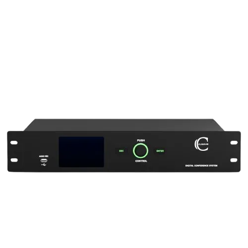 Summary
The digital conference central control system combines advanced digital signal processing with a laminated TFT touch screen, enabling intuitive operation without requiring a computer. Designed for efficient installation and seamless usability, it supports up to 76,800 units with flexible connection options through extended power supply configurations. The system offers eight versatile conference modes and delivers high-fidelity audio through advanced digital processing technologies. Built-in functionalities include internal communication, camera tracking, electronic voting, and web-based control, making it a powerful and scalable solution for modern large-scale conferencing environments. With support for Digital protocol audio output and seamless integration with external devices, this system ensures superior performance, flexibility, and reliability in professional meeting setups.
Features
Advanced Digital Processing
DSP/DDOV digital processing technology compliant with IEC60065 standards ensures stability and high performance.
Flexible Output Interface
8-channel output including 6× 8-core and 2× RJ45 interfaces, supporting up to 240 units.
Large System Capacity
Supports up to 76,800 units with ring, one-line, junction box, and T-type connection methods.
8 Conference Modes
FIFO, LIFO, quantity limit, chairman permission, voice activation, time-limited speech, queuing, and free discussion.
High-Fidelity Audio Transmission
48KHz sampling with 20Hz–20KHz frequency response ensures crystal-clear sound quality.
DSP Digital Audio Module
Includes feedback suppression, digital equalizer, and automatic gain control.
Internal Communication System
Supports multi-channel communication and conference service requests from units.
Camera Tracking Integration
Supports PELCO-D, PELCO-P, SONY, SAMSUNG protocols with preset positioning.
Electronic Voting
Built-in voting, sign-in, election, and scoring with data management features.
Web-Based Control
Control system via browser without installing software.
Digital Protocol Audio
Supports integration with Dante and other digital audio systems.