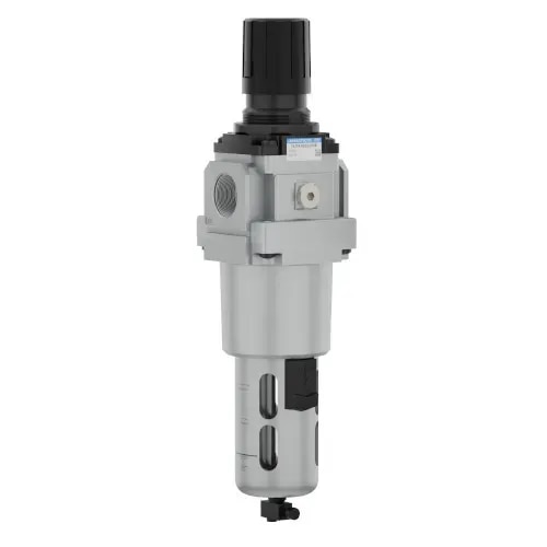 The Janatics Filter Regulator Combination (FRC1…) Series is a combination of filtering and regulating the compressed air, in one unit. Manual Drain fitted for draining the content collected inside the bowl.It uses a separator with a shield for efficient moisture removal, in the compressed air.•	Air Filtration: The bronze filter element is mounted to remove contaminants from compressed air.The filter element is available in different micron sizes: 1, 5, 25, 40, 50, and 100 (µm). The 40 (µm) option is recommended as standard.•	Pressure Regulation: The required pressure setting is done by lifting the knob and clockwise rotations given to increase the set pressure. The knob rotated Anti clockwise to reduce the pressure. The pressure gauge fitted denotes the outlet pressure. After setting the required pressure the knob is pushed to lock.•	Features: Diaphragm operated relieving type. Balanced poppet given for pressure compensation. Venturi provided for flow compensation.•	Manual Drain: Polycarbonate bowl with steel bowl guard assembled with a manual drain for draining the water collected in the bowl. The Manual Drain has a valve assembly with knob outside the bowl assembly, which can be pushed to drain the water. This manual drain assembly is recommended as standard.Technical Specifications•	Regulating Pressure Range: 0.2–2 bar, 0.2–4 bar, 0.5–7 bar, and 0.5–10 bar.•	Available Sizes: •	The FRC13 model (G1/4) has Bowl with Threaded bowl guard and without Venturi.•	The FRC14, FRC15, and FRC17 models (G3/8, G1/2, G3/4, G1) have a bayonet-type bowl guard with a Venturi.•	Mounting: Filter can be mounted in line using the IN / OUT ports. Mounting bracket is recommended to mount the Filter. Panel Mounting also possible with the provided thread. Modular mounting recommended.•	Maximum Working Pressure: 10 bar.