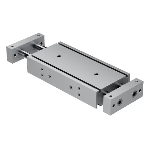 Janatics Twin piston cylinder features two separate piston rods and two pistons side by side in one wide body in two parallel bores. When the air supply is given in port, The pistons will move together. These two piston rods connected by a Guide plate which prevents rotation of moving part ensuring accurate linear movement. Doubles the force in a compact form factor. Extruded aluminium body supports rigid and secure mounting. Compact, Requires small space for mounting. Can be used in clean rooms, Machine safety systems, Repeatable accurate positioning requirement Automation, Robotics, etc... Available with two types of bearings Bushing and Linear Ball Bearing. In built magnet for position sensing. For self-mounting holes provided. Can be mounted Horizontally and vertically.
The following types are available
Single end Cylinder
Double end Cylinder