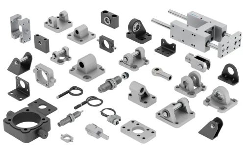 Janatics cylinder mountings & Accessories determine how the cylinder product to be fixed to the machine frame. The mounting style affects rigidity, alignment, allowable side loads, etc... Self-mounting is also provided in the cylinder. To install properly, various mountings and accessories are recommended. These mountings and accessories securely attach the cylinder to the machinery / System. These mountings & Accessories are as per ISO standard recommendations. Magnetic sensor, Reed switch, Pneumatic Proximity switch, Connector cable are also available.
The following types are available
Mountings – attachment with cylinder
Accessories- Attachment with Cylinder /Piston Rod end
Seal Kit