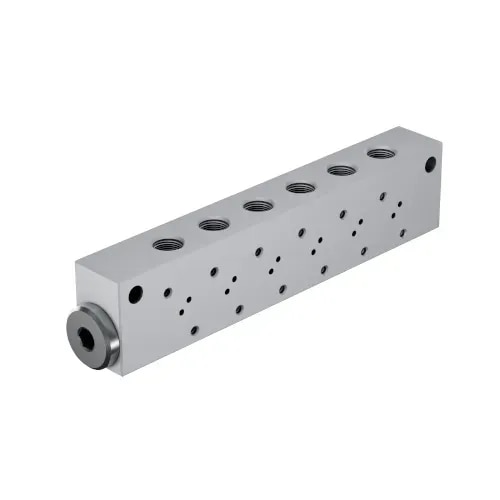 Janatics Manifolds / Sub base are recommended for mounting individual valve or multiple valves. The directional control valves direct acting or pilot operated are mounted in multiples in the recommended Manifolds for compactness. It is used for optimizing air distribution, reducing piping complexity and Space saving.E Series Manifolds:To mount the 3/2-way NC valve, In Single or Multiples.E2 Series:Plug type Manifolds – No.of valves mountable - 4, 6 and 9 ValvesConnector type Manifolds - No of valves mountable – 1, 2, 3 and 5 ValvesConnector assembly recommended for connecting the two Manifolds. Cover plate assembly recommended for plugging the unutilized position.E4 & E5 Series:Plug type Manifolds – No.of valves mountable - 1, 2, 4, 6 and 8 ValvesCover plate assembly recommended for plugging the unutilized position.DS2 Series:DS2 Series spool type valve, for mounting 3/2, 5/2 and 5/3 in Multiples, separate Manifolds are recommended.Block type Manifolds – 2,4,6 and 8 valves – 3/2.Block type Manifolds – 2,4,6 and 8 valves – 5/2 and 5/3.Plug type Manifolds – 2,4,6 and 8 valves – 3/2, 5/2 and 5/3.Cover plate assembly recommended for plugging the unutilized position. Dummy plug recommended for plugging the unutilized position in plug type manifold. These types of Manifolds are available for port size G1/8, G1/4 and G1/2 size valves.EF Series:EF Series poppet type valve, for mounting 3/2 and 5/2 in Multiples, separate Manifolds are recommended.Block type Manifolds – 2,4,6 and 8 valves – 3/2.Block type Manifolds – 2,4,6 and 8 valves – 5/2.Plug type Manifolds – 2,4,6 and 8 valves – 3/2 and 5/2.Cover plate assembly recommended for plugging the unutilized position. Dummy plug recommended for plugging the unutilized position in plug type manifold. These types of Manifolds are available for port G1/4 size valves.DS5 Series:DS5 Series spool type valve, for mounting 5/2 separate in Multiples, Manifolds are recommended.Block type Manifolds – 2,4,6 and 8 valves – 5/2.Cover plate assembly recommended for plugging the unutilized position. These types of Manifolds are available for port G1/4 size valves.DS4 Series:Mounting interface for ISO - Size 1:This Sub base is recommended for mounting single valve. This sub base is as per ISO 5599-1. The drilling pattern can be machined on the surface of a machine or base for mounting the valve in single or multiple. 5/2-way valve can be mounted on this sub base.Mounting interface for ISO - Size 3:This Sub base is recommended for mounting single valve. This sub base is as per ISO 5599-1. The drilling pattern can be machined on the surface of a machine or base for mounting the valve in single or multiple. 5/2-way and 5/3 way valve can be mounted on this sub base.