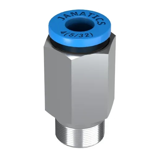 Janatics WP2 Male Connector is having Hexagon shape Metal housing with Male thread in one side and Provision for fitting the tube in other side. In line fitting is possible. Tube can be inserted on one side. The tube can be removed, and the male connector can be removed for service. This is ideal for maintenance. Applicable sizes of Outer Diameter of the tubes are metric series (mm) 4, 6, 8, 10, 12, 14, 16 sizes. Available Male Thread M5 in Metric. BSPT (Taper Thread) R1/8, R1/4, R3/8, R1/2, R3/4, R1.