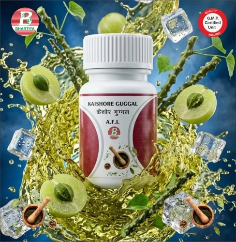 KAISOR GUGGULProduct IdentificationGeneric Name: Kaisora GuggulType: Ayurvedic Polyherbal FormulationPrimary Indication Area: Blood purification, skin disorders, inflammatory conditions, and metabolic toxin (Ama) managementTherapeutic Indications: Traditionally used for managing gout (Vatarakta), skin diseases, chronic inflammation, ulcers, and metabolic toxin accumulation in the body.Key Benefits• Blood Purification: Helps purify blood and remove metabolic toxins (Ama).• Skin Health: Supports management of skin disorders like acne, eczema, and chronic eruptions.• Anti-inflammatory Action: Helps reduce inflammation, swelling, and joint discomfort.• Metabolic Detoxification: Aids in cleansing deep-seated toxins from the body.• Joint & Gout Support: Traditionally used in Vatarakta (gout-like conditions).• Kapha–Pitta Balance: Helps balance aggravated Kapha and Pitta doshas.FORMULA Each Tablet contains: Shudh Guggul 768 gHaritaki 256 gBibhitaki 256 gAmalaki 256 gGuduchi 1.536 kgHaritaki 48gBibhitaki 48gAmalaki 12gSunthi 24 gMaricha 24 gPippali 24 gVidanga 24 gTrivrt 12 gDanti 12 gGuduchi 48 gGhrita 384 gJala 12.288 l reduced 6.144 lIngredients:1. Guggulu (Purified Oleo-Gum Resin) Botanical/Scientific Name: Commiphora mukul (also classified as Commiphora wightii)• Rasa–Guna–Vīrya–Vipāka:• Rasa: Tikta (Bitter), Kaṭu (Pungent), Kaṣāya (Astringent)• Guna: Laghu (Light), Rūkṣa (Dry), Tīkṣṇa (Sharp), Sara (Mobile) (Note: Fresh resin is Snigdhā/Unctuous, while aged resin becomes Rūkṣa/Dry)• Vīrya: Uṣṇa (Hot)• Vipāka: Kaṭu (Pungent)• Prabhāva: Lekhana (Scraping action), Yogavāhī (Bio-enhancing vehicle)Mechanism of Action (Karma)• Lekhana Karma: Physically scrapes and liquefies dense cholesterol, lipids, and toxic metabolic plaque out of the cardiovascular system and cellular membranes. • Śothahara Karma: Suppresses system-wide inflammatory responses, dramatically reducing pain and fluid accumulation in the joints and deep tissues. • Āma Pācana Karma: Ignites localized cellular intelligence to digest sticky, stagnant, and un-metabolized toxic waste (Ama) circulating in the blood stream. • Srotoshodhana Karma: Dilates and deep-cleanses sluggish micro-circulatory networks (Srotas), maximizing targeted nutrient delivery to starved organ sites.• Yogavāhī Karma: Acts as a specialized bio-carrier that chemically binds, transports, and amplifies the therapeutic values of all other ten ingredients (Amalaki, Haritaki, Vibhitaki, Guduchi, Sunthi, Maricha, Pippali, Vidanga, Trivrit, and Danti) directly into deep tissue levels without losing its own baseline properties. . 2. Amalaki (Amla) Botanical/Scientific Name: Phyllanthus emblica (or Emblica officinalis) • Rasa–Guna–Vīrya–Vipāka:• Rasa: Amla (Sour) dominant; contains Pungent, Bitter, Astringent, and Sweet.• Guna: Guru (Heavy), Śīta (Cold), Ruksha (Dry).• Vīrya: Śīta (Cold).• Vipāka: Madhura (Sweet).• Prabhāva: Rasāyana (Anti-aging/Rejuvenative). Mechanism of Action (Karma)• Pitta-Shamana Karma: Directly cools down aggressive, toxic heat in the blood plasma.• Rakta Prasadana Karma: Purifies, cools, and enhances the overall quality of red blood cells.• Tvachya Karma: Acts as a natural skin tissue builder, reducing chronic acne scarring and redness.3.Haritaki (Harad)Botanical/Scientific Name: Terminalia chebula • Rasa–Guna–Vīrya–Vipāka:• Rasa: Kaṣāya (Astringent) dominant; contains Pungent, Bitter, Sour, and Sweet.• Guna: Laghu (Light), Rūkṣa (Dry).• Vīrya: Uṣṇa (Hot).• Vipāka: Madhura (Sweet).• Prabhāva: Tridoṣahara (Balances all three internal bio-elements). Mechanism of Action (Karma)• Anulomana Karma: Regulates the downward movement of Vata, eliminating dry intestinal gas and constipation.• Sroto-Vidhama Karma: Scrapes out dense micro-stagnation from cellular delivery channels.• Malashodhana Karma: Dislodges deeply rooted intestinal toxins before they enter the bloodstream. 4. Vibhitaki (Baheda) Botanical/Scientific Name: Terminalia bellirica • Rasa–Guna–Vīrya–Vipāka:• Rasa: Kaṣāya (Astringent).• Guna: Rūkṣa (Dry), Laghu (Light).• Vīrya: Uṣṇa (Hot).• Vipāka: Kaṭu (Pungent).• Prabhāva: Bhedana (Accumulated mass breaker/purgative). Mechanism of Action (Karma)• Kapha-Hara Karma: Dries up abnormal, damp fluid accumulations and soft swellings in the body tissue.• Rakta-Stambhana Karma: Prevents systemic internal bleeding and balances overall vessel permeability.• Bhedana Karma: Liquefies sticky, solid toxic plaques stuck inside waste channels. 5.Guduchi (Giloy)Botanical/Scientific Name: Tinospora cordifolia • Rasa–Guna–Vīrya–Vipāka:• Rasa: Tikta (Bitter), Kaṣāya (Astringent).• Guna: Guru (Heavy), Snigdhā (Unctuous).• Vīrya: Uṣṇa (Hot).• Vipāka: Madhura (Sweet).• Prabhāva: Rakta Shodhaka (Direct Blood Purifier). Mechanism of Action (Karma)• Vātarakta Nashaka Karma: Destroys conditions where toxic blood disrupts nervous and joint mechanisms (e.g., Gout).• Jvaraghna Karma: Eliminates low-grade, deep-seated toxic fevers trapped inside internal organs.• Yakrut-Uttejana Karma: Directly stimulates liver cells to enhance standard blood-filtering performance. 6. Sunthi (Dry Ginger)Botanical/Scientific Name: Zingiber officinale • Rasa–Guna–Vīrya–Vipāka:• Rasa: Kaṭu (Pungent).• Guna: Laghu (Light), Snigdhā (Unctuous).• Vīrya: Uṣṇa (Hot).• Vipāka: Madhura (Sweet).• Prabhāva: Deepana-Pachana (Digestive fire rekindler).Mechanism of Action (Karma)• Amadosha-Hara Karma: Neutralizes the acidic, toxic fermentations building up in the digestive tract.• Vata-Kapha Shamana Karma: Clears cold, damp pain patterns away from peripheral joint complexes.7. Maricha (Black Pepper)Botanical/Scientific Name: Piper nigrum • Rasa–Guna–Vīrya–Vipāka:• Rasa: Kaṭu (Pungent).• Guna: Laghu (Light), Tīkṣṇa (Sharp), Rūkṣa (Dry).• Vīrya: Uṣṇa (Hot).• Vipāka: Kaṭu (Pungent).• Prabhāva: Pramāthi (Forcibly expels cellular waste obstructions).Mechanism of Action (Karma)• Srotoshodhana Karma: Dilates narrow capillary networks to drive targeted blood cleansing.• Chedana Karma: Mechanically breaks up physical cellular debris and internal sticky mucus. 8. Pippali (Long Pepper) Botanical/Scientific Name: Piper longum • Rasa–Guna–Vīrya–Vipāka:• Rasa: Kaṭu (Pungent).• Guna: Laghu (Light), Snigdhā (Unctuous), Tīkṣṇa (Sharp).• Vīrya: Anushṇa-Sheeta (Mildly warm).• Vipāka: Madhura (Sweet).• Prabhāva: Rasāyana (Tissue Rejuvenator).Mechanism of Action (Karma)• Pliha-Yakrut Shamana Karma: Cleanses, decongests, and tones the spleen and liver.• Vatānulomana Karma: Keeps physical downward digestive pressures regular to prevent upward toxic gas movement.9. Vidanga (False Black Pepper) Botanical/Scientific Name: Embelia ribes• Rasa–Guna–Vīrya–Vipāka:• Rasa: Kaṭu (Pungent), Tikta (Bitter).• Guna: Laghu (Light), Rūkṣa (Dry), Tīkṣṇa (Sharp).• Vīrya: Uṣṇa (Hot).• Vipāka: Kaṭu (Pungent).• Prabhāva: Kṛmighna (Antimicrobial / Anti-parasitic).Mechanism of Action (Karma)• Kṛmighna Karma: Kills harmful fungal and bacterial strains circulating in the gut and deep skin tissues.• Kustha-Hara Karma: Directly counters severe chronic skin pathologies and stubborn itching.10. Trivrit (Nishoth)Botanical/Scientific Name: Operculina turpethum • Rasa–Guna–Vīrya–Vipāka:• Rasa: Kaṭu (Pungent), Tikta (Bitter), Kashaya (Astringent).• Guna: Laghu (Light), Rūkṣa (Dry), Tīkṣṇa (Sharp).• Vīrya: Uṣṇa (Hot).• Vipāka: Kaṭu (Pungent).• Prabhāva: Sukha Virecana (Gentle, safe laxative purging).Mechanism of Action (Karma)• Pitta-Rechana Karma: Flushes residual acidic internal heat molecules directly out through the bowel.• Rakta-Prasadana Karma: Cools over-reactive blood streams by draining excess localized metabolic fluids. 11. Danti Botanical/Scientific Name: Baliospermum montanum • Rasa–Guna–Vīrya–Vipāka:• Rasa: Kaṭu (Pungent).• Guna: Guru (Heavy), Tīkṣṇa (Sharp), Rūkṣa (Dry).• Vīrya: Uṣṇa (Hot).• Vipāka: Kaṭu (Pungent).• Prabhāva: Tikshna Virecana (Strong metabolic toxin flushing).Mechanism of Action (Karma)• Asrh-Shodhaka Karma: Purifies stagnant, un-circulated pools of congested blood inside deep organ channels.• Shothahara Karma: Rapidly resolves deep, internal cellular tissue swellings. . General Ayurvedic dosage (adults):Tablet/Capsule: 1–2 tablets (250–500 mg each) Frequency: 2 times a day Timing: After food (usually with lukewarm waterkaishore guggul dosekaishore guggul benefits in hindikaishore guggul ke fayde in hindikaishore guggul ki taseer kaisi hoti haikaishore guggul khane ke faydekaishore guggul kis kaam aata haikaishore guggul ke nuksankaishore guggul ka upyogkaishore guggul tablet uses in hindikaishore guggul medicinekaishore guggul planet ayurvedakaishore guggul pricekaishore guggul is used forkaishore guggul contentkaishore guggul benefitsbenefits of kaishore gugguldivya kaishore guggul dosagedivya kaishore guggul benefitsdivya kaishore guggul benefits in hindiwhat is kaishore guggul used forfunction of kaishore guggulwhat is kaishore guggulkaishore guggul ingredientstab kaishore guggultablet kaishore gugguluses of kaishore gugguluses of kaishore guggulu tabletskaishore guggul vatikaishore guggul used forwhere kaishore guggulwhen kaishore guggulhow long does guggul take to workhow to take kaishore guggulwhy kaishore guggulwho kaishore guggulis guggul safe to takehow long can you take guggulshould kaishore guggulwill kaishore gugguldo kaishore guggul