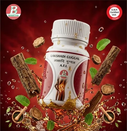 
                                                LAKSHADI GUGGUL

Product Identification 
•	Generic Name: Laksha Guggulu (also known as Lakshadi Guggul)
•	Type: Ayurvedic Polyherbal Formulation
•	Primary Indication Area: Bone health, fracture healing, and bone mineral density support.
•	Therapeutic Indications: Traditionally used for managing bone fractures (Asthibhanga), joint dislocations (Sandhimukti), osteoporosis, osteopenia, bone sprains, and general bone weakness (Asthikshaya).

Key Benefits:
•	Accelerates Fracture Healing: Speeds up the reunion of broken bones, stimulates callus formation, and hastens the overall calcification process.
•	Enhances Bone Density: Supplies natural organic calcium to strengthen weak bones, helping to manage and prevent osteoporosis and osteopenia.
•	Heals Dislocations & Trauma: Restores joint stability after dislocations, relieves severe sprains, and heals deep tissue strain.
•	Reduces Pain & Swelling: Alleviates localized inflammation, joint stiffness, and musculoskeletal pain due to its strong Vata-balancing properties.
•	Prevents Bone Degeneration: Protects bone tissue matrix from premature wear and tear, reducing the risk of frequent fractures in old age.
FORMULA
Each Tablet contains: 
Laksha 	5 part
Shuddha Guggulu	1 part
Hadjod / Asthisamharaka	1 part
Arjuna	1 part
Ashwagandha	1 part
Nagabala 	1 part
	

Ingredients:
1. Laksha (Lac Resin) 
•	Botanical/Scientific Name: Laccifer lacca 
•	Rasa–Guna–Vīrya–Vipāka:
o	Rasa: Kaṣāya (Astringent)
o	Guna: Laghu (Light), Snigdha (Unctuous/Oily)
o	Vīrya: Śīta (Cooling)
o	Vipāka: Kaṭu (Pungent) 
•	Prabhāva: Sandhānīya (Promotes the rapid unification and binding of fractured bones or tissues) 
Mechanism of Action (Karma):
•	Asthi-Sandhānaka Karma: Directly stimulates cell proliferation in bone tissue, fastening the calcification and bridging of broken bones.
•	Rakta-Stambhana Karma: Acts as a natural hemostatic agent, helping arrest internal bleeding or bruising around trauma zones.
•	Vrana-Ropaṇa Karma: Accelerates the healing of deeply situated internal wounds and soft tissue tears accompanying bone trauma.
•	Kaphahara Karma: Liquefies and scraps out morbid accumulation of sticky Kapha from metabolic channels. 

2. Hadjod / Asthisamharaka (Bone Setter Stem)
•	Botanical/Scientific Name: Cissus quadrangularis Linn. 
•	Rasa–Guna–Vīrya–Vipāka:
o	Rasa: Madhura (Sweet), Kaṭu (Pungent)
o	Guna: Laghu (Light), Rūkṣa (Dry), Tikṣṇa (Piercing)
o	Vīrya: Uṣṇa (Heating)
o	Vipāka: Kaṭu (Pungent) 
•	Prabhāva: Asthi-Yojaka (The definitive natural bone patcher and alignment restorer) 
Mechanism of Action (Karma):
•	Asthibhanga-Nāśaka Karma: Speeds up early cortical bone healing by promoting osteoblastic activity and early callus formation.
•	Śothahara & Śūlahara Karma: Relieves the local, intense throbbing pain and inflammatory edema following boe or joint fractures.
•	Dāḍhya-Kara Karma: Enhances structural strength, mechanical resilience, and elasticity of the growing bone matrix.
•	Vāta-Hara Karma: pacifies the aggravated Vata localized at bone structures (Asthigata Vata), minimizing deep bone aches. 

3. Arjuna (Arjun Bark) 
•	Botanical/Scientific Name: Terminalia arjuna 
•	Rasa–Guna–Vīrya–Vipāka:
o	Rasa: Kaṣāya (Astringent)
o	Guna: Laghu (Light), Rūkṣa (Dry)
o	Vīrya: Śīta (Cooling)
o	Vipāka: Kaṭu (Pungent) 
•	Prabhāva: Hṛdaya & Sandhānākara (Cardioprotective and systematic structural binder) 
Mechanism of Action (Karma):
•	Asthi-Draḍhyakara Karma: Infuses raw bio-available calcium and minerals directly into the bone matrix to counteract osteoporosis.
•	Bhagna-Sandhāna Karma: Aids the structural matrix bonding process, solidifying the collagen foundations of broken bones.
•	Rakta-Prasādana Karma: Optimizes local blood circulation and removes systemic toxins, providing nutrient-rich blood supply to damaged tissues.
•	Kaphapitta-Hara Karma: Successfully neutralizes excess Kapha-induced swelling and reduces localized Pitta-induced burning sensations. 

4. Ashwagandha (Indian Ginseng Root) 
•	Botanical/Scientific Name: Withania somnifera 
•	Rasa–Guna–Vīrya–Vipāka:
o	Rasa: Madhura (Sweet), Tikta (Bitter), Kaṭu (Pungent)
o	Guna: Laghu (Light), Snigdha (Unctuous)
o	Vīrya: Uṣṇa (Heating)
o	Vipāka: Madhura (Sweet) 
•	Prabhāva: Rasāyana & Balya (Deep tissue rejuvenator and skeletal muscle toner) 
Mechanism of Action (Karma):
•	Māmsa-Asthi Balya Karma: Significantly reinforces skeletal muscles, ligaments, and tendons surrounding injured joints.
•	Vāta-Śamana Karma: Calms hyperactive nervous systems and reduces neurological pain like sciatica or slip disc aches.
•	Śothahara Karma: Reduces joint space swelling, stiffness, and degenerative changes seen in chronic arthritis.
•	Bṛmhaṇa Karma: Counters overall systemic weakness, fatigue, and prevents stress-mediated degradation of bone tissue. 

5. Nagabala (Snake Mallow Root) 
•	Botanical/Scientific Name: Grewia hirsuta / Sida veronicaefolia 
•	Rasa–Guna–Vīrya–Vipāka:
o	Rasa: Madhura (Sweet), Kaṣāya (Astringent)
o	Guna: Guru (Heavy), Snigdha (Unctuous), Picchila (Slimy)
o	Vīrya: Śīta (Cooling)
o	Vipāka: Madhura (Sweet) 
•	Prabhāva: Rasāyana (Tissue anti-aging and long-term musculoskeletal revitalizer) 
Mechanism of Action (Karma):
•	Balya & Bṛmhaṇa Karma: Restores deep physical stamina and stops progressive muscular or skeletal wasting (Asthikshaya).
•	Vāta-Pitta Śamaka Karma: pacifies both structural Vata (pain) and tissue-burning Pitta (inflammation).
•	Ojo-Vardhaka Karma: Elevates bodily immunity and structural endurance, allowing faster recovery from traumatic exhaustion.
•	Kṣatachina-Ropaṇa Karma: Heals deep degenerative erosions inside the articular cartilage and synovial joint cavities.

6. Shuddha Guggulu (Purified Oleo-Gum Resin)
•	Botanical/Scientific Name: Commiphora mukul 
•	Rasa–Guna–Vīrya–Vipāka:
o	Rasa: Tikta (Bitter), Kaṭu (Pungent)
o	Guna: Laghu (Light), Rūkṣa (Dry), Tikṣṇa (Piercing), Sūkṣma (Minute/Subtle)
o	Vīrya: Uṣṇa (Heating)
o	Vipāka: Kaṭu (Pungent) 
•	Prabhāva: Tridoṣa-Hara & Yogavāhī (Catalyst herb that carries and amplifies the properties of all other ingredients directly to deep bone layers)
Mechanism of Action (Karma):
•	Śothahara & Vedanā-Sthāpana Karma: Provides potent natural anti-inflammatory and pain-relieving effects on joints, mimicking analgesic compounds.
& Lekhana Karma: Clears out congested metabolic channels and scrapes out morbid Ama (toxins) blocking structural tissues.
•	Vāta-Vyādhi Nāśaka Karma: The ultimate Ayurvedic defense against chronic neural, joint, and bone degeneration disorders caused by Vata.
•	Rasāyana Karma: Rejuvenates cellular longevity across all structural frames of the skeletal system. 

General Ayurvedic dosage (adults):
Tablet/Capsule: 1–2 tablets (250–500 mg each)
 Frequency: 2 times a day
 Timing: After food (usually with lukewarm water)

lakshadi guggul, lakshadi guggul uses in hindi, lakshadi guggul benefits in hindi
lakshadi guggul uses, lakshadi guggul in hindi, lakshadi guggul ke fayde
lakshadi guggul tablet uses in hindi, lakshadi guggul side effects
lakshadi guggul ingredients, lakshadi guggul ayurvedic medicine
lakshadi guggul amazon, ayurvedic lakshadi guggul, lakshadi guggul ayurvedic dawa
lakshadi guggul easy ayurveda, what is lakshadi guggul, lakshadi guggul price
lakshadi guggul benefits, lakshadi guggul buy online, lakshadi guggul benefits in telugu
lakshadi guggul best brand, lakshadi guggul buy, lakshadi guggul benefits
lakshadi guggul content, lakshadi guggul composition, lakshadi guggul contains
lakshadi guggul dosage, lakshadi guggul divya, lakshadi guggul uses easy ayurveda
lakshadi guggulu easy ayurveda, lakshadi guggul in english, lakshadi guggul for muscle pain
lakshadi guggul fayde, lakshadi guggul for fracture, lakshadi guggul for knee pain
lakshadi guggul ke fayde in hindi, lakshadi guggul goli, lakshadi guggul ke fayde nuksan
lakshadi guggul hindi, lakshadi guggul how to take, lakshadi guggul how to use
lakshadi guggul himalaya, benefits of lakshadi guggul in hindi, lakshadi guggul uses hindi 
lakshadi guggul vs hadjod, lakshadi guggul ingredients in hindi, lakshadi guggul image
lakshadi guggul is used for, lakshadi guggul kis kaam aata hai, lakshadi guggul kaise khaye
lakshadi guggul ka upyog, lakshadi guggul kya kam karta hai, lakshadi guggul khane ke fayde
lakshadi guggul ke fayde aur nuksan, lakshadi guggul ke nuksan, lakshadi guggul kya hai
lakshadi guggul reviews, lakshadi guggul latin name, lakshadi guggul medicine
lakshadi guggul mrp, lakshadi guggul with milk, lakshadi guggul uses marathi
lakshadi guggulu near me, multani lakshadi guggul price, lakshadi guggul online
benefits of lakshadi guggul, uses of lakshadi guggul, use of lakshadi guggul in hindi
dose of lakshadi guggul, lakshadi guggul powder, lakshadi guggul indication
lakshadi guggul research paper, lakshadi guggul reference, lakshadi guggul rate
lakshadi guggul tablets benefits, lakshadi guggul tab, lakshadi guggulu uses in hindi
lakshadi guggulu uses, lakshadi guggulu benefits in hindi, lakshadi guggulu ingredients
lakshadi guggulu tablet uses, lakshadi guggulu tablet uses in hindi, vyas lakshadi guggul
lakshadi guggul when to take, what is lakshadi guggul used for, lakshadi guggul flipkart
ayurvedic lakshadweep google, ayurvedic medicine lakshadi guggul, lakshadi guggul ayurvedic
ingredients in lakshadi guggul, function of lakshadi guggul, himalaya lakshadi guggul
is guggul good for liver, tab lakshadi guggul, lakshadi guggul tablets, lakshadi guggul oil benefits
will lakshadi guggul, do lakshadi guggul, does lakshadi guggul, was lakshadi guggul, was lakshadi guggulu
was lakshadi guggul uses in hindi, best lakshadi guggul, which guggul is best for weight loss
best guggul for arthritis, best guggul in india, best guggulu, top lakshadi guggul
