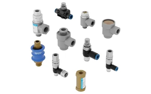 Control ComponentsControl Components are essential elements in pneumatic systems, ensuring precise airflow regulation, directional control, speed adjustment, and efficient operation of pneumatic actuators and equipment. Janatics offers a comprehensive range of high-quality pneumatic control components designed for industrial automation applications, delivering reliable performance, long service life, and easy installation.Our control components are manufactured using premium-grade materials and are suitable for machine automation, packaging machinery, automotive industries, textile machines, food processing, pharmaceuticals, material handling systems, and various industrial applications.Flow Control ValveJanatics Flow Control Valves are designed to regulate the inlet or exhaust airflow in pneumatic circuits. These valves combine a precision needle valve for accurate flow control with a non-return valve (NRV) that allows unrestricted airflow in the reverse direction. By controlling the airflow, they help regulate the speed of pneumatic cylinders and actuators while reducing the total cycle time of machine operations. FeaturesAccurate airflow regulation Built-in non-return valve Smooth speed control of pneumatic cylinders Reduced machine cycle time Compact and durable design Easy installation and maintenance Suitable for various industrial automation applications Available Types Elbow Type – Plastic Housing Elbow Type – Metal Housing Inline Type – Plastic HousingAvailable SizesM5 (Metric) G/R 1/8 G/R 1/4 G/R 3/8 G/R 1/2 G3/4 (Metal Housing)Multiple tube OD options: 4 mm, 6 mm, 8 mm, 10 mm, and 12 mmQuick Exhaust ValveJanatics Quick Exhaust Valves improve pneumatic system efficiency by allowing compressed air to exhaust directly from the actuator instead of returning through the directional control valve. This significantly increases cylinder speed and enhances machine productivity. Features* Faster cylinder movement* Reduced response time* Improved machine efficiency* Compact and lightweight construction* Low pressure drop* Long service life* Easy installation Applications* Pneumatic cylinders* High-speed automation machines* Packaging equipment* Material handling systems* Assembly lines---## Non Return Valve (NRV)Janatics Non Return Valves are designed to permit airflow in one direction while preventing reverse flow. These valves protect pneumatic circuits, maintain system pressure, and improve operational safety and reliability.### Features* One-way airflow control* Prevents reverse air flow* Reliable sealing performance* Low cracking pressure* Durable metal construction* Long operational life Applications* Pneumatic circuits* Air compressors* Industrial automation* Machine protection systems Pilot Operated Non Return Valve (Pilot Approved NRV)Pilot Operated Non Return Valves provide secure locking of pneumatic cylinders until pilot pressure is applied. They are widely used in applications requiring load holding, safety, and controlled movement of actuators.Features* Positive load holding* Prevents unintended cylinder movement* Pilot-assisted release* High reliability* Compact design* Suitable for vertical cylinder applicationsApplications* Hydraulic and pneumatic locking systems* Material lifting equipment* Industrial automation* Safety circuitsInline Slide ValveJanatics Inline Slide Valves provide manual ON/OFF isolation of compressed air supply within pneumatic systems. Their compact inline design allows quick operation, maintenance, and isolation of pneumatic circuits. Features* Manual air shut-off* Compact inline construction* Easy operation* Leak-proof sealing* Rugged construction* Low maintenanceApplications* Pneumatic maintenance systems* Machine isolation* Air supply control* Industrial automation equipment Logic ValveJanatics Logic Valves perform pneumatic logic functions without requiring electrical control. These valves are widely used to design reliable pneumatic logic circuits for automation systems. Features* High-speed pneumatic logic operation* Compact design* Reliable performance* No electrical power required* Low maintenance* Long service life Applications* Pneumatic automation systems* Sequential control circuits* Machine automation* Industrial process controlWhy Choose Janatics Control Components?* Premium quality pneumatic products* Precision-engineered for industrial automation* Reliable and consistent performance* Wide range of sizes and configurations* Easy installation and maintenance* Long service life* Cost-effective automation solutions* Suitable for diverse industrial applicationsJanatics Control Components are trusted across industries for delivering dependable pneumatic performance, improved productivity, reduced maintenance costs, and enhanced machine efficiency. Whether you require Flow Control Valves, Quick Exhaust Valves, Non Return Valves, Pilot Operated NRVs, Inline Slide Valves, or Logic Valves, Janatics provides complete pneumatic control solutions for every automation requirement.