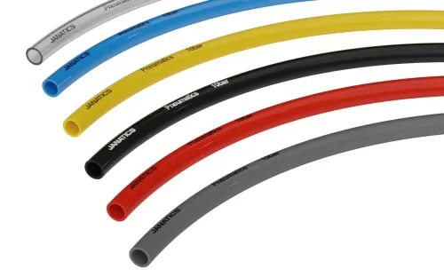Janatics Polyurethane tubes are flexible, abrasion-resistance plastic tubes used for pneumatic air lines. It is light weight and has good shape control (returns to shape when pressurized air not present) and has resistance to kinking. Available in many colours. This colour variation helps in pneumatics circuits for identification. Resistance to chemicals. Easy to cut and connect with push to connect fittings. To be used in the recommended temperature for the recommended pressure. Available in metric sizes ID / OD.Polyurethane tubes regular series:Polyurethane regular series tubes are abrasion resistant and stronger with higher tensile strength. It is also resistant to coolant oil, grease, chemicals and ozone. Available colours Blue, Black, Red, Yellow, Silver and Transparent. ID available Dia 2 – 11mm. OD available Dia 4 – 16 mm.