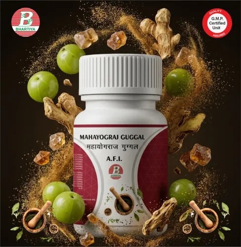                                                 MHAYOGRAJ GUGGULProduct Identification •	Generic Name: Mahayograj Guggul•	Type: Ayurvedic Polyherbal Formulation•	Primary Indication Area: Bones, Joints & Musculoskeletal Disorders•	Therapeutic Indications: Traditionally used for:Osteoarthritis (joint pain, stiffness, swelling)• Rheumatoid arthritis-like conditions (Ama-Vata)• Back pain and cervical/lumbar spondylosis• Sciatica and nerve-related pain• Gout and inflammatory joint disorders• General weakness of bones, joints, and ligamentsKey Benefits:•	Relieves joint pain, stiffness, and swelling•	Helps reduce inflammation in joints and muscles•	 Improves flexibility and mobility of joints•	 Supports nerve strength and reduces Vata imbalance•	Aids in improving chronic degenerative bone and joint conditions FORMULAEach Tablet contains: Sunthi 	3 gPippali 	3 gChavya	3 gPippali Mula	3 gChitrak	3 gHingu	3 gAjmoda	3 gSarsapa	3 gSavet Jiraka	3 gKrishan Jiraka	3 gRenuka	3 gKutaja	3 gPatha	3 gVidanga	3 gGajpippali	3 gKatuka	3 gAtivisha	3 gBharangi	3 gVasa	3 gMurva	3 gHaritaki 	40gBibhitaki	40gAmalaki	40gShudh Guggul	180gVang Bhasma	48gRajat Bhasma	48gNag Bhasma	48gAbhrak Bhasma	48gLoha Bhasma	48gMandura Bhasma	48gRas                                          Sindura (Parada)	48g       Ingredients:1. Haritaki (Terminalia chebula)• Botanical/Scientific Name: Terminalia chebula• Rasa–Guna–Vīrya–Vipāka:o Rasa: Kaṣāya (Astringent), Amla (Sour), Madhura (Sweet), Tikta (Bitter), Kaṭu (Pungent)o Guna: Laghu (Light), Rūkṣa (Dry)o Vīrya: Uṣṇa (Hot)o Vipāka: Madhura (Sweet)• Prabhāva: Virecana & Anulomana (Mild laxative and bowel regulator)Mechanism of Action (Karma):• Anulomana Karma: Regulates Apana Vayu and improves bowel evacuation• Deepana-Pachana Karma: Enhances Agni and reduces Ama accumulation• Shothahara Karma: Reduces inflammatory swelling in tissues2. Bibhitaki (Terminalia bellirica)• Botanical/Scientific Name: Terminalia bellirica• Rasa–Guna–Vīrya–Vipāka:o Rasa: Kaṣāya (Astringent)o Guna: Laghu (Light), Rūkṣa (Dry)o Vīrya: Uṣṇa (Hot)o Vipāka: Madhura (Sweet)• Prabhāva: Kapha-Pitta ShamanaMechanism of Action (Karma):• Detoxifies body and reduces Ama• Improves bowel regularity• Reduces inflammation in joints and tissues3. Amalaki (Emblica officinalis)• Botanical/Scientific Name: Emblica officinalis• Rasa–Guna–Vīrya–Vipāka:o Rasa: Amla (Sour dominant, all Rasas except Lavana)o Guna: Laghu (Light), Rūkṣa (Dry)o Vīrya: Śīta (Cooling)o Vipāka: Madhura (Sweet)• Prabhāva: Rasayana (Rejuvenator)Mechanism of Action (Karma):• Strong antioxidant and tissue rejuvenation• Supports cartilage and bone health• Reduces oxidative inflammation in joints4. Sunthi (Zingiber officinale)• Botanical/Scientific Name: Zingiber officinale• Rasa–Guna–Vīrya–Vipāka:o Rasa: Kaṭu (Pungent)o Guna: Laghu (Light), Rūkṣa (Dry)o Vīrya: Uṣṇa (Hot)o Vipāka: Madhura (Sweet)• Prabhāva: Deepana & ShothaharaMechanism of Action (Karma):• Improves digestion and removes Ama• Reduces joint inflammation and pain• Enhances circulation in Vata disorders5. Pippali (Piper longum)• Botanical/Scientific Name: Piper longum• Rasa–Guna–Vīrya–Vipāka:o Rasa: Kaṭuo Guna: Laghu, Snigdhao Vīrya: Uṣṇao Vipāka: Madhura• Prabhāva: Yogavahi (bioenhancer)Mechanism of Action (Karma):• Enhances absorption of other herbs• Reduces Ama and metabolic toxins• Strengthens joints and respiratory system6. Chavya (Piper chaba)• Botanical/Scientific Name: Piper chaba• Rasa–Guna–Vīrya–Vipāka:o Rasa: Kaṭuo Guna: Laghu, Rūkṣao Vīrya: Uṣṇao Vipāka: Kaṭu• Prabhāva: DeepanaMechanism of Action (Karma):• Stimulates digestive fire• Reduces intestinal Ama• Helps Vata-Kapha imbalance in joints7. Pippali Mula (Piper longum root)• Botanical/Scientific Name: Piper longum (root)• Rasa–Guna–Vīrya–Vipāka:o Rasa: Kaṭuo Guna: Laghu, Rūkṣao Vīrya: Uṣṇao Vipāka: Kaṭu• Prabhāva: Vata-Kapha ShamanaMechanism of Action (Karma):• Improves deep tissue metabolism• Reduces joint stiffness• Clears Ama from joints8. Chitrak (Plumbago zeylanica)• Botanical/Scientific Name: Plumbago zeylanica• Rasa–Guna–Vīrya–Vipāka:o Rasa: Kaṭuo Guna: Laghu, Rūkṣa, Tikṣṇao Vīrya: Uṣṇao Vipāka: Kaṭu• Prabhāva: Agni DeepanaMechanism of Action (Karma):• Strong digestive stimulant• Breaks Ama in deep tissues• Reduces chronic inflammation in joints9. Hingu (Ferula foetida)• Botanical/Scientific Name: Ferula foetida• Rasa–Guna–Vīrya–Vipāka:o Rasa: Kaṭuo Guna: Laghu, Tikṣṇa, Snigdhao Vīrya: Uṣṇao Vipāka: Kaṭu• Prabhāva: Vata AnulomanaMechanism of Action (Karma):• Relieves gas and Vata obstruction• Reduces nerve and joint pain• Improves gut-joint connection balance10. Ajmoda (Apium leptophyllum)• Botanical/Scientific Name: Apium leptophyllum• Rasa–Guna–Vīrya–Vipāka:o Rasa: Kaṭu, Tiktao Guna: Laghu, Rūkṣao Vīrya: Uṣṇa• Prabhāva: ShoolaharaMechanism of Action (Karma):• Reduces joint and muscular pain• Improves circulation• Relieves stiffness and cramps11. Sarsapa (Brassica juncea)• Botanical/Scientific Name: Brassica juncea• Rasa–Guna–Vīrya–Vipāka:o Rasa: Kaṭu, Tiktao Guna: Laghu, Rūkṣa, Tikṣṇao Vīrya: Uṣṇa• Prabhāva: VedanasthapanaMechanism of Action (Karma):• Improves blood flow in joints• Reduces cold-induced pain• Decreases stiffness12. Safed Jeeraka (Cuminum cyminum)• Botanical/Scientific Name: Cuminum cyminum• Rasa–Guna–Vīrya–Vipāka:o Rasa: Kaṭu, Tiktao Guna: Laghu, Rūkṣao Vīrya: Uṣṇa• Prabhāva: DeepanaMechanism of Action (Karma):• Improves digestion and metabolism• Reduces Ama formation• Supports joint health indirectly13. Krishna Jeeraka (Carum carvi)• Botanical/Scientific Name: Carum carvi• Rasa–Guna–Vīrya–Vipāka:o Rasa: Kaṭu, Tiktao Guna: Laghuo Vīrya: Uṣṇa• Prabhāva: Vata-Kapha ShamanaMechanism of Action (Karma):• Relieves intestinal spasms• Reduces bloating and gas• Supports pain relief in Vata disorders14. Renuka• Botanical/Scientific Name: Vitex negundo (commonly associated)• Rasa–Guna–Vīrya–Vipāka:o Rasa: Tikta, Kaṭuo Guna: Laghu, Rūkṣao Vīrya: Uṣṇa• Prabhāva: ShothaharaMechanism of Action (Karma):• Reduces inflammation in joints• Acts as mild analgesic• Helps in Vata-related swelling15. Kutaja (Holarrhena antidysenterica)• Botanical/Scientific Name: Holarrhena antidysenterica• Rasa–Guna–Vīrya–Vipāka:o Rasa: Tikta, Kaṣāyao Guna: Laghu, Rūkṣao Vīrya: Śīta• Prabhāva: Grahi (absorbent)Mechanism of Action (Karma):• Controls excessive bowel discharge• Detoxifies gut• Supports chronic inflammatory conditions16. Patha (Cissampelos pareira)• Botanical/Scientific Name: Cissampelos pareira• Rasa–Guna–Vīrya–Vipāka:o Rasa: Tikta, Kaṣāyao Guna: Laghu, Rūkṣao Vīrya: Uṣṇa• Prabhāva: ShothaharaMechanism of Action (Karma):• Reduces inflammation• Supports pain relief in joints• Helps Vata balance17. Vidanga (Embelia ribes)• Botanical/Scientific Name: Embelia ribes• Rasa–Guna–Vīrya–Vipāka:o Rasa: Kaṭu, Tiktao Guna: Laghu, Rūkṣao Vīrya: Uṣṇa• Prabhāva: KrimighnaMechanism of Action (Karma):• Removes toxins and parasites• Improves gut health• Reduces Ama-related joint pain18. Gajpippali (Scindapsus officinalis)• Botanical/Scientific Name: Scindapsus officinalis• Rasa–Guna–Vīrya–Vipāka:o Rasa: Kaṭuo Guna: Laghu, Rūkṣao Vīrya: Uṣṇa• Prabhāva: DeepanaMechanism of Action (Karma):• Improves digestion• Reduces Vata-Kapha imbalance• Supports joint metabolism19. Katuka (Picrorhiza kurroa)• Botanical/Scientific Name: Picrorhiza kurroa• Rasa–Guna–Vīrya–Vipāka:o Rasa: Tiktao Guna: Laghu, Rūkṣao Vīrya: Śīta• Prabhāva: Pitta ShamanaMechanism of Action (Karma):• Detoxifies liver and blood• Reduces systemic inflammation• Supports chronic arthritis conditions20. Ativisha (Aconitum heterophyllum)• Botanical/Scientific Name: Aconitum heterophyllum• Rasa–Guna–Vīrya–Vipāka:o Rasa: Tikta, Kaṭuo Guna: Laghu, Rūkṣao Vīrya: Śīta• Prabhāva: JwaraghnaMechanism of Action (Karma):• Reduces systemic toxins• Supports immune regulation• Helps in chronic inflammatory disorders21. Bharangi (Clerodendrum serratum)• Botanical/Scientific Name: Clerodendrum serratum• Rasa–Guna–Vīrya–Vipāka:o Rasa: Tikta, Kaṭuo Guna: Laghu, Rūkṣao Vīrya: Uṣṇa• Prabhāva: ShothaharaMechanism of Action (Karma):• Reduces swelling and inflammation• Supports respiratory and joint health• Helps in Vata-Kapha imbalance22. Vasa (Adhatoda vasica)• Botanical/Scientific Name: Adhatoda vasica• Rasa–Guna–Vīrya–Vipāka:o Rasa: Tikta, Kaṣāyao Guna: Laghu, Rūkṣao Vīrya: Śīta• Prabhāva: Kapha ShamanaMechanism of Action (Karma):• Reduces Kapha and inflammation• Improves oxygenation and tissue repair• Supports chronic inflammatory conditions23. Murva (Marsdenia tenacissima)• Botanical/Scientific Name: Marsdenia tenacissima• Rasa–Guna–Vīrya–Vipāka:o Rasa: Tiktao Guna: Laghu, Rūkṣao Vīrya: Śīta• Prabhāva: Vata-Pitta ShamanaMechanism of Action (Karma):• Reduces burning and inflammation• Supports joint and nerve health• Helps in chronic Vata disorders24. Shuddha Guggul (Commiphora mukul)• Botanical/Scientific Name: Commiphora mukul• Rasa–Guna–Vīrya–Vipāka:o Rasa: Tikta, Kaṭu, Kaṣāyao Guna: Laghu, Rūkṣa, Tikṣṇao Vīrya: Uṣṇa• Prabhāva: Yogavahi & LekhanaMechanism of Action (Karma):• Removes Ama and toxins from joints• Reduces inflammation and swelling• Restores joint mobility25. Vang Bhasma (Tin calx)• Botanical/Scientific Name: Tin processed calcined preparation (SnO₂ based Bhasma)• Rasa–Guna–Vīrya–Vipāka:o Rasa: Kaṣāya, Tiktao Guna: Laghu (Light), Rūkṣa (Dry)o Vīrya: Śīta (Cooling)o Vipāka: Kaṭu (Pungent)• Prabhāva: Balya & Shukra Dhatu PoshakaMechanism of Action (Karma):• Strengthens musculoskeletal tissues• Supports bone and joint mineral balance• Improves tissue regeneration in chronic degeneration26. Rajat Bhasma (Silver calx)• Botanical/Scientific Name: Purified calcined silver preparation• Rasa–Guna–Vīrya–Vipāka:o Rasa: Madhura (Sweet), Kaṣāyao Guna: Snigdha (Unctuous), Laghuo Vīrya: Śīta (Cooling)o Vipāka: Madhura (Sweet)• Prabhāva: Medhya & RasayanaMechanism of Action (Karma):• Supports nerve tissue regeneration• Reduces inflammation in chronic disorders• Enhances cellular repair and immunity27. Nag Bhasma (Lead calx – detoxified form in classical Ayurveda)• Botanical/Scientific Name: Purified calcined lead preparation• Rasa–Guna–Vīrya–Vipāka:o Rasa: Kaṣāya, Tiktao Guna: Laghu, Rūkṣao Vīrya: Uṣṇao Vipāka: Kaṭu• Prabhāva: Asthi-Sandhi BalyaMechanism of Action (Karma):• Strengthens bone density and joints• Helps in chronic degenerative conditions• Supports Vata stabilization in musculoskeletal system28. Abhrak Bhasma (Mica calx)• Botanical/Scientific Name: Purified calcined mica (Silicate mineral complex)• Rasa–Guna–Vīrya–Vipāka:o Rasa: Madhura, Tiktao Guna: Laghu, Snigdhao Vīrya: Śīta to Uṣṇa (balanced, Rasayana effect)o Vipāka: Madhura• Prabhāva: Rasayana (Rejuvenator)Mechanism of Action (Karma):• Promotes tissue regeneration and longevity• Strengthens nerves, bones, and muscles• Supports chronic degenerative disease recovery29. Loha Bhasma (Iron calx)• Botanical/Scientific Name: Purified calcined iron preparation• Rasa–Guna–Vīrya–Vipāka:o Rasa: Kaṣāya, Tiktao Guna: Laghu, Rūkṣao Vīrya: Uṣṇao Vipāka: Kaṭu• Prabhāva: Raktavardhaka & BalyaMechanism of Action (Karma):• Improves blood formation and oxygen transport• Strengthens tissues and muscles• Supports recovery in chronic weakness30. Mandura Bhasma (Iron oxide calx)Botanical/Scientific Name: Ferric oxide-based calcined preparation Rasa–Guna–Vīrya–Vipāka:o Rasa: Kaṣāyao Guna: Laghu, Rūkṣao Vīrya: Uṣṇao Vipāka: Kaṭu• Prabhāva: RaktashodhakaMechanism of Action (Karma):• Purifies blood and removes metabolic toxins• Reduces inflammation in chronic disorders• Supports liver and tissue detox pathways31. Ras Sindura (Parada-based preparation)• Botanical/Scientific Name: Purified Mercury–Sulfur compound (HgS based Ayurvedic preparation)• Rasa–Guna–Vīrya–Vipāka:o Rasa: Tikta, Kaṣāyao Guna: Laghu, Tikṣṇao Vīrya: Uṣṇao Vipāka: Kaṭu• Prabhāva: Yogavahi & Rasayana (very potent catalyst)Mechanism of Action (Karma):• Enhances potency of entire formulation• Supports deep tissue regeneration• Acts at microcellular level in chronic diseases• Helps in fast therapeutic action in Vata disordersDosage of Triphala Guggul•	Form: Tablet / Capsule •	Dose: 1–2 tablets (250–500 mg each) •	Frequency: Twice daily (BID) •	Timing: After food •	Anupana: Lukewarm water.mahayograj guggulu, mahayograj guggulu uses in hindi, mahayograj guggulu usesmahayograj guggulu benefits, mahayograj guggul, mahayograj guggulu ke faydemahayograj guggulu price, mahayograj guggulu benefits in hindi, mahayograj guggulu ayurvedic medicinemahayograj guggulu amazon, mahayograj guggulu ayurveda, mahayograj guggulu ayurvedicmahayograj guggulu ayurvedic tablet, mahayograj guggul benefits in hindimahayograj guggul benefits, mahayograj guggulu best brand, mahayograj guggulu buy onlinemahayograj guggul content, mahayograj guggul capsule, mahayograj guggul ingredientsmahayograj guggul price, mahayograj guggul uses, mahayograj guggul dosagemahayograj guggulu fayde, mahayograj guggulu flipkart, mahayograj guggulu for arthritismahayograj guggul ke fayde, mahayograj guggul ke fayde in hindi, mahayograj guggul goldmahayograj guggul ke ghatak, mahayograj guggul and yograj guggul, mahayograj guggul hindimahayograj guggul uses hindi, swarna mahayograj guggul in hindi, mahayograj guggul kya haimahayograj guggul benefits hindi, mahayograj guggul in hindi, mahayograj guggul ingredients in hindimahayograj guggul in marathi, mahayograj guggul image, mahayograj guggulu ingredientsmahayograj guggulu indicatio, mahayograj guggul khane ke fayde, mahayograj guggul ka kya kam haimahayograj guggul ke bare mein bataiye, mahayograj guggul uses in hindi, mahayograj guggulu medicinemahayograj guggulu mrp, ayurvedic medicine mahayograj guggul, mahayograj guggul hindi meinmahayograj guggulu near me, mahayograj guggul botanical name, use of mahayograj guggul in hindibenefits of mahayograj guggul, uses of mahayograj guggul, content of mahayograj guggulcomposition of mahayograj guggul, ingredients of mahayograj guggul, dose of mahayograj guggulmahayograj guggulu price in india, mahayograj guggul tablet, mahayograj guggulu tablet usesmahayograj guggul vati, mahayograj guggul vati uses in hindi, mahayograj guggulu vatimahayograj guggulu when to take, mahayograj guggul rate, mahayograj guggul faydewhere mahayograj guggal tablets, where mahayograj guggal benefits,  when mahayograj guggal how to usewhen mahayograj guggal tablets, when mahayograj guggal how to take, when mahayograj guggal benefitshow mahayograj guggal can be taken, how mahayograj guggal tablets, how mahayograj guggal mode of actionhow mahayograj guggal benefits, how mahayograj guggal himalaya, why mahayograj guggal tabletswhy mahayograj guggal when to take, why mahayograj guggal mode of action, why mahayograj guggal in hindiwhy mahayograj guggal how to use, who mahayograj guggal tablets, who mahayograj gug, gal scientific namewho mahayograj guggal with gold, can mahayograj guggal how to use, can mahayograj guggal when to takecan mahayograj guggal side effects, can mahayograj guggal content, does mahayograj guggal dosage