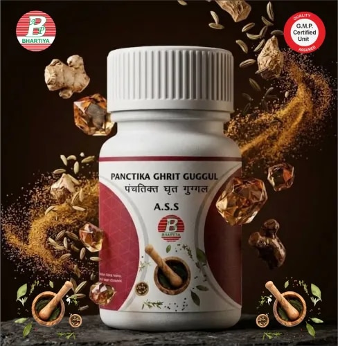                                                      PANCHATIKTA GHRIT GUGGULProduct IdentificationGeneric Name: Panchatikta Ghrit GuggulType: Classical Ayurvedic herbo-mineral formulationPrimary Indication Area: Used for chronic skin disorders and inflammatory conditions, especially those involving vitiated Vata and Kapha doshas.Therapeutic Indications: Management of Vata-dominant disorders such as osteoarthritis (Sandhivata), rheumatoid arthritis (Amavata), gout (Vatarakta), chronic joint pain, stiffness, inflammation, musculoskeletal weakness, and associated anemia (Pandu).                                                                                                                                                                                                                                                                                                                                                                                                                     Key Benefits1. Supports skin health•	Helps manage chronic skin conditions like eczema and psoriasis •	Reduces itching, redness, and inflammation •	Promotes healing of long-standing skin lesions 2. Anti-inflammatory action•	Helps reduce swelling and pain in joints and tissues •	Useful in inflammatory disorders affecting skin and bones 3. Joint and bone support•	Traditionally used in arthritis and degenerative joint conditions •	May help improve mobility and reduce stiffness 4. Detoxification (Rakta & Twak Shodhana)•	Aids in purification of blood and skin tissues (as per Ayurvedic concept) •	Helps remove accumulated toxins linked to chronic skin disorders 5. Tissue healing and regeneration•	Supports recovery of damaged skin and deeper tissues •	Helps in chronic, slow-healing conditions 6. Balancing doshas•	Primarily helps balance Vata and Kapha doshas, which are often linked with skin and joint disordersFORMULA              Each Tablet contains: Neem Chhal 	40 tolaVasa	40 tolaPatol Patra	40 tolaChoti Kateli	40 tolaShudh Guggul	20 tolaGoghrita	128 tolaPatha	1 tolaVaividang	1 tolaDevdaru	1 tolaGajapippali	1 tolaSajji kshar	1 tolaVajrakshar	1 tolaSaunth 	1 tolaHaldi	1 tolaSaunf	1 tolaChavya	1 tolaKuth	1 tolaMalkangni	1 tolaKali Mirch 	1 tolaInderjo	1 tolaJeera	1 tolaChitrak moola	1 tolaKutaki	1 tolaShudh Bhilava	1 tolaVach 	1 tolaPippalimula	1 tolaManjeeth	1 tolaAtis	1 tolaHaritaki	1 tolaBibhitaki	1 tolaAmalaki 	1 tolaAjwain 	1 tolaWater		Ingredients:1. Neem ChhalBotanical name: Azadirachta indica•	Rasa: Tikta, Kashaya •	Guna: Laghu, Ruksha, Tikshna •	Virya: Shita •	Vipaka: Katu •	Prabhava: Rakta shodhaka, Twak shodhaka  Mechanism in Vata Vikara:•	Clears Vata–Rakta dushti in skin and blood •	Reduces chronic inflammation and itching •	Detoxifies Twak and Rakta srotas •	Controls degenerative skin Vata disorders 2. VasaBotanical name: Adhatoda vasica•	Rasa: Tikta, Kashaya •	Guna: Laghu, Ruksha •	Virya: Shita •	Vipaka: Katu •	Prabhava: Shwasahara, Rakta shodhaka  Mechanism in Vata Vikara:•	Reduces inflammatory mediators in skin and mucosa •	Stabilizes Vata-driven irritation and burning •	Supports tissue repair in chronic inflammation 3. Patola PatraBotanical name: Trichosanthes dioica•	Rasa: Tikta, Kashaya •	Guna: Laghu, Ruksha •	Virya: Shita •	Vipaka: Katu •	Prabhava: Kushthaghna, Twak shodhaka  Mechanism in Vata Vikara:•	Removes Ama from liver–skin axis •	Clears obstructed skin microchannels (Srotas) •	Reduces chronic dermal inflammation 4. Choti Kateli (Kantakari)Botanical name: Solanum surattense (also Solanum xanthocarpum)•	Rasa: Tikta, Katu •	Guna: Laghu, Ruksha •	Virya: Ushna •	Vipaka: Katu •	Prabhava: Shothahara, Vata-Kapha shamaka  Mechanism in Vata Vikara:•	Clears Kapha obstruction blocking Vata flow •	Improves microcirculation in joints and skin •	Reduces stiffness and inflammatory pain 5. Shudh GuggulBotanical name: Commiphora wightii•	Rasa: Tikta, Katu, Kashaya •	Guna: Laghu, Ruksha, Tikshna •	Virya: Ushna •	Vipaka: Katu •	Prabhava: Yogavahi, Lekhana, Medohara  Mechanism in Vata Vikara:•	Deep tissue penetration (Yogavahi action) •	Removes Ama from Asthi–Majja–Sandhi system •	Improves synovial lubrication and joint mobility •	Enhances delivery of all co-actives 6. GoghritaBotanical/Source: Cow (Bos indicus) clarified butter•	Rasa: Madhura •	Guna: Snigdha, Sukshma •	Virya: Shita •	Vipaka: Madhura •	Prabhava: Rasayana, Medhya  Mechanism in Vata Vikara:•	Lubricates dry Vata tissues •	Nourishes nerves and joints •	Acts as deep tissue carrier (Anupana) 7. PathaBotanical name: Cissampelos pareira•	Rasa: Tikta, Kashaya •	Guna: Laghu, Ruksha •	Virya: Ushna •	Vipaka: Katu •	Prabhava: Deepana  Mechanism in Vata Vikara:•	Clears gut-origin Ama causing systemic Vata disorder •	Improves metabolic detox pathways 8. VaividangBotanical name: Embelia ribes•	Rasa: Katu, Tikta •	Guna: Laghu, Ruksha •	Virya: Ushna •	Vipaka: Katu •	Prabhava: Krimighna  Mechanism in Vata Vikara:•	Eliminates microbial toxins aggravating Vata-Rakta •	Purifies blood and skin channels 9. DevdaruBotanical name: Cedrus deodara•	Rasa: Tikta, Katu •	Guna: Laghu, Ruksha •	Virya: Ushna •	Vipaka: Katu •	Prabhava: Shothahara  Mechanism in Vata Vikara:•	Reduces deep joint inflammation •	Improves circulation in stiff tissues 10. GajapippaliBotanical name: Scindapsus officinalis•	Rasa: Katu •	Guna: Laghu, Snigdha •	Virya: Ushna •	Vipaka: Madhura •	Prabhava: Deepana  Mechanism in Vata Vikara:•	Enhances Agni, reduces Ama accumulation •	Improves systemic metabolic balance 11. Sajji KsharBotanical/Source: Alkaline ash of plant salts (Kshara preparations)•	Rasa: Lavana, Kshariya •	Guna: Tikshna, Ushna, Sukshma •	Virya: Ushna •	Vipaka: Katu •	Prabhava: Chedana, Lekhana (scraping)  Mechanism in Vata Vikara:•	Breaks deep srotorodha (channel obstruction) •	Removes Kapha-induced blockage aggravating Vata pain •	Enhances penetration of herbal actives in deep tissues 12. Vajra KsharBotanical/Source: Strong alkaline mineral/ash preparation (Kshara)•	Rasa: Kshariya •	Guna: Tikshna, Ushna •	Virya: Ushna •	Vipaka: Katu •	Prabhava: Chedana, Bhedana  Mechanism in Vata Vikara:•	Dissolves hard, chronic tissue accumulations •	Clears obstructed microchannels (Srotas) •	Supports deep detoxification in chronic Vata disorders 13. Saunth (Dry Ginger)Botanical name: Zingiber officinale•	Rasa: Katu •	Guna: Laghu, Snigdha •	Virya: Ushna •	Vipaka: Madhura •	Prabhava: Deepana, Pachana  Mechanism in Vata Vikara:•	Improves Agni, reduces Ama formation •	Prevents systemic Vata aggravation from gut toxins •	Enhances absorption of co-herbs 14. HaldiBotanical name: Curcuma longa•	Rasa: Tikta, Katu •	Guna: Ruksha, Laghu •	Virya: Ushna •	Vipaka: Katu •	Prabhava: Rakta shodhaka, Vranaropaka  Mechanism in Vata Vikara:•	Reduces inflammatory cytokines in tissues •	Supports healing in chronic degenerative Vata conditions •	Purifies blood contributing to skin disorders 15. SaunfBotanical name: Foeniculum vulgare•	Rasa: Madhura, Katu •	Guna: Laghu, Snigdha •	Virya: Shita •	Vipaka: Madhura •	Prabhava: Deepana, Hridya  Mechanism in Vata Vikara:•	Calms gut-origin Vata imbalance •	Improves digestion and reduces bloating-induced Vata disturbance 16. ChavyaBotanical name: Piper chaba•	Rasa: Katu •	Guna: Laghu, Ruksha •	Virya: Ushna •	Vipaka: Katu •	Prabhava: Deepana, Pachana  Mechanism in Vata Vikara:•	Breaks Ama responsible for chronic Vata disorders •	Enhances metabolic clearance in tissues 17. KuthBotanical name: Saussurea lappa•	Rasa: Tikta, Katu •	Guna: Laghu, Ruksha •	Virya: Ushna •	Vipaka: Katu •	Prabhava: Vedanahara (pain relieving)  Mechanism in Vata Vikara:•	Reduces deep-seated Vata pain in joints and nerves •	Improves circulation in blocked channels 18. MalkangniBotanical name: Celastrus paniculatus•	Rasa: Tikta, Katu •	Guna: Snigdha, Tikshna •	Virya: Ushna •	Vipaka: Katu •	Prabhava: Medhya, Majja prasadana  Mechanism in Vata Vikara:•	Nourishes nervous system (Majja dhatu) •	Improves nerve conduction in degenerative Vata conditions 19. Kali MirchBotanical name: Piper nigrum•	Rasa: Katu •	Guna: Laghu, Tikshna •	Virya: Ushna •	Vipaka: Katu •	Prabhava: Yogavahi  Mechanism in Vata Vikara:•	Enhances bioavailability of all herbs •	Improves microcirculation and tissue penetration 20. InderjoBotanical name: Holarrhena antidysenterica•	Rasa: Tikta, Kashaya •	Guna: Laghu, Ruksha •	Virya: Shita •	Vipaka: Katu •	Prabhava: Grahi, Krimighna  Mechanism in Vata Vikara:•	Removes gut toxins causing systemic Vata aggravation •	Stabilizes bowel-related Vata disturbances 21. JeeraBotanical name: Cuminum cyminum•	Rasa: Katu, Tikta •	Guna: Laghu •	Virya: Ushna •	Vipaka: Katu •	Prabhava: Deepana  Mechanism in Vata Vikara:•	Improves digestion and prevents Ama formation •	Stabilizes gut-origin Vata imbalance 22. Chitrak MoolaBotanical name: Plumbago zeylanica•	Rasa: Katu •	Guna: Laghu, Tikshna •	Virya: Ushna •	Vipaka: Katu •	Prabhava: Agni deepana, Lekhana  Mechanism in Vata Vikara:•	Strong metabolic stimulant removing deep Ama •	Clears obstructed channels in chronic diseases 23. KutakiBotanical name: Picrorhiza kurroa•	Rasa: Tikta •	Guna: Laghu, Ruksha •	Virya: Shita •	Vipaka: Katu •	Prabhava: Rechana, Yakrit uttejaka  Mechanism in Vata Vikara:•	Detoxifies liver → reduces systemic inflammatory Vata disorders •	Clears metabolic toxins affecting skin and joints 24. VachBotanical name: Acorus calamus•	Rasa: Katu, Tikta •	Guna: Laghu, Tikshna •	Virya: Ushna •	Vipaka: Katu •	Prabhava: Medhya, Srotoshodhana  Mechanism in Vata Vikara:•	Clears nervous system stagnation •	Improves neural conduction in Vata disorders 25. PippalimulaBotanical name: Piper longum (root)•	Rasa: Katu •	Guna: Laghu •	Virya: Ushna •	Vipaka: Madhura •	Prabhava: Deepana  Mechanism in Vata Vikara:•	Enhances digestion and systemic metabolism •	Reduces Ama-induced Vata blockage 26. ManjisthaBotanical name: Rubia cordifolia•	Rasa: Tikta, Kashaya •	Guna: Laghu, Ruksha •	Virya: Ushna •	Vipaka: Katu •	Prabhava: Rakta shodhaka  Mechanism in Vata Vikara:•	Powerful blood purifier •	Clears Vata-Rakta disorders in skin and joints 27. AtisBotanical name: Aconitum heterophyllum•	Rasa: Tikta •	Guna: Laghu •	Virya: Shita •	Vipaka: Katu •	Prabhava: Jwaraghna  Mechanism in Vata Vikara:•	Reduces inflammatory heat contributing to Vata imbalance •	Supports systemic detoxification 28. HaritakiBotanical name: Terminalia chebula•	Rasa: Pancharasa (except Lavana) •	Guna: Laghu, Ruksha •	Virya: Ushna •	Vipaka: Madhura •	Prabhava: Anulomana  Mechanism in Vata Vikara:•	Regulates Vata movement in gut and system •	Removes systemic Ama contributing to Vata disorders 29. BibhitakiBotanical name: Terminalia bellirica•	Rasa: Kashaya •	Guna: Laghu, Ruksha •	Virya: Ushna •	Vipaka: Madhura •	Prabhava: Kapha shodhaka  Mechanism in Vata Vikara:•	Clears Kapha obstruction that worsens Vata pain •	Improves respiratory and systemic detox pathways 30. AmalakiBotanical name: Emblica officinalis•	Rasa: Amla Pradhan •	Guna: Laghu, Ruksha •	Virya: Shita •	Vipaka: Madhura •	Prabhava: Rasayana  Mechanism in Vata Vikara:•	Nourishes depleted Asthi–Majja system •	Reduces oxidative degeneration in chronic Vata disorders 31. AjwainBotanical name: Trachyspermum ammi•	Rasa: Katu •	Guna: Laghu, Ruksha •	Virya: Ushna •	Vipaka: Katu •	Prabhava: Deepana, Krimighna  Mechanism in Vata Vikara:•	Improves digestion and prevents Ama formation •	Reduces gut-origin Vata disorders General Ayurvedic Dosage for Panchtikta Ghrit Guggulu (Adults)Panchatikta Ghrit Guggul•	Tablet: 1–2 tablets (250–500 mg each) •	Frequency: 2 times daily (BD) or 2–3 times daily as per condition •	Timing: After meals (morning and evening preferred)  Anupana (Vehicle)•	Lukewarm water: General use •	Milk: Vata-dominant weakness, joint pain, degenerative conditions •	Honey: Skin diseases, inflammation, Ama conditions           panchatikta ghrit guggul youtubepanchatikta ghrit guggul yojanapanchatikta ghrit guggul youtube videopanchatikta guggulu ghrita tabletguggulu panchatikta ghritakottakkal panchatikta ghrita gugguluuses of panchatikta guggulu ghritauses of panchatikta gugguluwhen to take guggulwhere panchatikta ghrit gugguluwhere panchatikta ghrit guggulu uses in hindiwhere panchatikta ghrit guggulu useswhen panchatikta ghrit gugguluwhen panchatikta ghrit guggulu uses in hindiwhen panchatikta ghrit guggulu useshow to take panchatikta ghrita gugguluhow long can you take guggulhow to take panchatikta ghrita guggulu tabletspanchatikta guggulu benefitswhen should i take guggulwho panchatikta ghrit gugguluwho panchatikta ghrit guggulu uses in hindiwho panchatikta ghrit guggulu useswho panchatikta ghrit guggulu benefitscan panchatikta ghrit guggulucan panchatikta ghrit guggulu uses in hindican panchatikta ghrit guggulu usescan panchatikta ghrit guggulu benefits