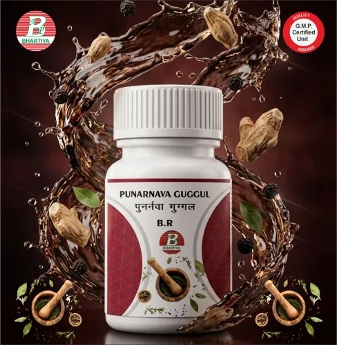 PUNARNAVA GUGGULProduct IdentificationGeneric Name: Punarnava GuggulType: Ayurvedic Polyherbal FormulationPrimary Indication Area: Gathiya (Arthritis), Sujan (Swelling/Edema), and Dard (Pain) – supported by Shothahara, Mutrala, and Vata-Kapha Shamaka actions.Therapeutic Indications: Management of Gathiya (arthritis), joint pain, stiffness, and inflammation; useful in Sujan (edema/swelling) and disorders associated with fluid retention by supporting anti-inflammatory, diuretic, and Vata-Kapha balancing actions.Key Benefits• Helps reduce joint pain, stiffness, and inflammation in Gathiya (arthritis). • Supports reduction of Sujan (swelling/edema) by improving fluid elimination. • Promotes joint mobility and flexibility. • Aids in detoxification and removal of Ama (metabolic toxins). • Supports healthy kidney and urinary function through mild diuretic action. • Helps maintain overall musculoskeletal comfort and function.FORMULA Each Tablet contains: Punarnava 400 tolaPippali 2 tola Sunthi 2 tola Marich 2 tola Haritaki 2 tola Bibhitaki 2 tola Amalaki 2 tola Shudh Guggul 32 tolaSaunth 64 tolaErand Taila 6 tolaErand moola 400 tolaNisoth 20 tolaDantimool 4 tolaGiloy 85 tolaChitrakmool 2 tola Saindhav Lavana 2 tola Vaividang 2 tolaSwarnamakshik Bhasma 1 tolaPunarnava Moola 4 tola Ingredients:1. Punarnava (Whole Plant)Botanical Name: Boerhavia diffusaRasa: Tikta, Madhura, Kashaya • Guna: Laghu, Ruksha • Virya: Ushna • Vipaka: Madhura • Prabhava: Shothahara, Mutrala, Rasayana Mechanism in Gathiya & Sujan:• Reduces edema and fluid retention. • Helps eliminate toxins through urine. • Supports anti-inflammatory action in joints. 2. PippaliBotanical Name: Piper longum• Rasa: Katu • Guna: Laghu, Tikshna, Snigdha • Virya: Anushna-Ushna • Vipaka: Madhura • Prabhava: Deepana, Rasayana Mechanism of action:• Enhances digestion and bioavailability of herbs. • Reduces Ama-related inflammation. 3. Sunthi (Dry Ginger)Botanical Name: Zingiber officinale• Rasa: Katu • Guna: Laghu, Snigdha • Virya: Ushna • Vipaka: Madhura • Prabhava: Ama Pachana, Shothahara Mechanism of action:• Reduces pain, swelling, and stiffness. • Improves circulation in joints. 4. MarichBotanical Name: Piper nigrum• Rasa: Katu • Guna: Laghu, Tikshna • Virya: Ushna • Vipaka: Katu • Prabhava: Deepana Mechanism:• Enhances absorption of herbs. • Helps reduce stiffness and inflammation. 5. HaritakiBotanical Name: Terminalia chebula• Rasa: Pancharasa (predominantly Kashaya) • Guna: Laghu, Ruksha • Virya: Ushna • Vipaka: Madhura • Prabhava: Tridosha Shamana, Rasayana Mechanism:• Supports detoxification and tissue repair. • Helps in removal of Ama. 6. BibhitakiBotanical Name: Terminalia bellirica• Rasa: Kashaya • Guna: Laghu, Ruksha • Virya: Ushna • Vipaka: Madhura • Prabhava: Tridosha Shamaka Mechanism:• Supports metabolic cleansing. • Reduces inflammation. 7. AmalakiBotanical Name: Phyllanthus emblica• Rasa: Amla (all rasas except Lavana) • Guna: Laghu, Ruksha • Virya: Sheeta • Vipaka: Madhura • Prabhava: Rasayana Mechanism:• Strong antioxidant and tissue rejuvenator. • Supports collagen and joint health. 8. Shuddha GuggulBotanical Name: Commiphora mukul• Rasa: Tikta, Katu, Kashaya • Guna: Laghu, Ruksha, Tikshna • Virya: Ushna • Vipaka: Katu • Prabhava: Shothahara, Lekhana, Sandhaniya Mechanism:• Reduces inflammation and joint swelling. • Supports bone and tissue healing. 9. Erand Taila (Castor Oil)Botanical Name: Ricinus communis• Rasa: Madhura, Katu • Guna: Guru, Snigdha • Virya: Ushna • Vipaka: Madhura • Prabhava: Vata Anulomana Mechanism:• Relieves Vata-related pain and stiffness. • Supports bowel cleansing and detoxification. 10. Erand MoolaBotanical Name: Ricinus communis (Root)• Rasa: Tikta, Katu • Guna: Laghu, Snigdha • Virya: Ushna • Vipaka: Katu • Prabhava: Vata Shamaka Mechanism:• Helps reduce joint pain and stiffness. • Supports anti-inflammatory action. 11. NishothBotanical Name: Operculina turpethum• Rasa: Katu, Tikta • Guna: Laghu, Ruksha • Virya: Ushna • Vipaka: Katu • Prabhava: Virechana (laxative) Mechanism:• Helps remove Ama and toxins. • Supports detoxification in chronic arthritis. 12. Danti MoolBotanical Name: Baliospermum montanum• Rasa: Katu, Tikta • Guna: Laghu, Ruksha • Virya: Ushna • Vipaka: Katu • Prabhava: Virechana Mechanism:• Strong detoxifying herb. • Helps reduce inflammatory load in joints. 13. GiloyBotanical Name: Tinospora cordifolia• Rasa: Tikta, Kashaya • Guna: Laghu, Snigdha • Virya: Ushna • Vipaka: Madhura • Prabhava: Rasayana, Tridosha Shamana Mechanism:• Reduces inflammation and boosts immunity. • Helps in chronic joint disorders. 14. ChitrakmoolBotanical Name: Plumbago zeylanica• Rasa: Katu • Guna: Laghu, Tikshna • Virya: Ushna • Vipaka: Katu • Prabhava: Deepana, Pachana Mechanism:• Improves digestion and Ama metabolism. • Reduces stiffness and heaviness. 15. Saindhav LavanaBotanical Name: Rock Salt• Rasa: Lavana • Guna: Snigdha • Virya: Sheeta • Vipaka: Madhura • Prabhava: Deepana Mechanism:• Improves absorption of medicines. • Helps relieve stiffness and gas-related discomfort. 16. VidangBotanical Name: Embelia ribes• Rasa: Katu, Kashaya • Guna: Laghu, Ruksha • Virya: Ushna • Vipaka: Katu • Prabhava: Krimighna Mechanism:• Helps in detoxification. • Reduces Ama and metabolic toxins. 17. Swarnamakshik BhasmaMineral Preparation (Copper-Iron Sulfide compound)• Rasa: Tikta, Kashaya • Guna: Laghu, Ruksha • Virya: Ushna • Vipaka: Katu • Prabhava: Yogavahi, Rasayana Mechanism:• Enhances metabolic and tissue repair functions. • Supports bone and joint regeneration. 18. Punarnava MoolaBotanical Name: Boerhavia diffusa (Root)• Rasa: Tikta, Madhura, Kashaya • Guna: Laghu, Ruksha • Virya: Ushna • Vipaka: Madhura • Prabhava: Shothahara, Mutrala Mechanism:• Strong anti-edema and anti-inflammatory action. • Supports urinary detox and joint swelling reduction. .General Ayurvedic Dosage for Punarnavadi Guggulu (Adults)Punarnavadi Guggulu• Tablet: 1–2 tablets (250–500 mg each) • Frequency: 2–3 times daily • Timing: After meals (or as directed by an Ayurvedic physician) • Anupana (Vehicle): With lukewarm water; sometimes with herbal decoctions like Punarnava kwath or Gokshuradi kwath if prescribed Note: Dosage may vary depending on the condition (e.g., swelling, joint disorders, kidney issues), age, and physician’s recommendation..